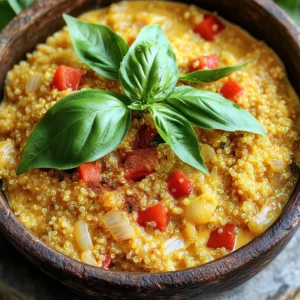 To make this dish, you need: - 1 cup quinoa - 2 cups vegetable broth - 1 large red bell pepper - 1 onion - 3 cloves garlic These main ingredients create a strong base for flavor. Quinoa is healthy and filling. The red bell pepper adds sweetness and color. The onion and garlic give a tasty aroma. For the creamy texture, gather: - 1 cup coconut milk - 1 tablespoon olive oil Coconut milk makes the dish rich and smooth. Olive oil adds a nice depth to the flavor. You will also need: - 1 teaspoon smoked paprika - 1 teaspoon dried oregano - Salt and pepper These seasonings enhance the taste. Smoked paprika gives a warm, smoky flavor. Oregano adds an earthy note. Adjust salt and pepper to your liking. For the final touch, use: - Fresh basil for serving Fresh basil adds a burst of freshness. It also looks great on the plate, making the meal more appealing. 1. Start by heating the olive oil in a large pot over medium heat. 2. Add the finely chopped onion. Sauté it until it turns translucent, which takes about 4-5 minutes. 3. Next, stir in the minced garlic. Cook it for 1 minute until you smell its strong aroma. 4. Now, add the diced red bell pepper. Sauté for 3-4 minutes until it becomes slightly soft. 5. Sprinkle the smoked paprika and dried oregano into the pot. Stir it well to mix the flavors. 1. Pour in the rinsed quinoa and the vegetable broth. Stir everything together so the quinoa spreads out evenly. 2. Bring the mixture to a boil. Once boiling, lower the heat to low. 3. Cover the pot and let it simmer for about 15 minutes. The quinoa should absorb all the liquid and be fully cooked. 1. Once the quinoa is done, take the pot off the heat. 2. Stir in the coconut milk until the quinoa becomes creamy and well mixed. 3. Taste your dish and adjust the seasoning with salt and pepper as you like. 4. Serve your One-Pot Creamy Red Pepper Quinoa hot, garnished with fresh basil. Enjoy! To make the best quinoa, start by rinsing it well. Rinsing removes a bitter coating called saponin. Use a fine mesh strainer and run cold water over the quinoa for 1-2 minutes. This simple step makes a big difference in taste. Next, pay attention to cooking times and heat. After bringing your pot to a boil, lower the heat to simmer. Cover the pot tightly and let it cook for about 15 minutes. This helps the quinoa absorb all the liquid. Once the quinoa is fluffy, it's ready to eat! To boost flavors, think about adding herbs and spices. You can try a pinch of chili powder for heat or some thyme for earthiness. Fresh herbs like parsley or cilantro also add a nice touch. Using homemade vegetable broth is another great tip. It enhances the dish's depth and flavor. If you don't have homemade broth, store-bought works well too, but look for low-sodium options. Pair your creamy quinoa with tasty side dishes. A simple green salad or roasted veggies complement it nicely. You can also serve it with crusty bread for a heartier meal. When it comes to presentation, a sprinkle of fresh basil makes it pop. Serve it in wide bowls for a cozy feel. You might also add a drizzle of olive oil on top for extra richness. {{image_2}} You can boost the protein in this meal easily. Try adding chickpeas or black beans. They add great flavor and texture. You can also grill some chicken or tofu. Both options work well with the creamy quinoa. Feel free to mix up the veggies! You can use green or yellow bell peppers instead of red. They bring a nice color and taste. Adding leafy greens like spinach also works well. Spinach wilts down nicely and adds nutrition. If you want to change the creaminess, you have options. Use different types of coconut milk for a unique flavor. You can also try dairy options like heavy cream or sour cream. Each gives a rich, creamy finish to the dish. To store leftovers, let the quinoa cool down first. Then, place it in an airtight container. This keeps it fresh and tasty. In the fridge, the quinoa lasts up to 4 days. Be sure to check for any signs of spoilage before eating. You can freeze this dish for longer storage. First, let it cool completely. Then, transfer it to a freezer-safe bag or container. Squeeze out any air to prevent freezer burn. The quinoa will stay good for about 3 months. When ready to eat, thaw it in the fridge overnight. When reheating, I recommend using the stovetop. This method helps keep the creamy texture. Add a splash of water or broth to keep it moist. If using a microwave, cover the dish to avoid dryness. Heat in short intervals, stirring often for even warmth. Yes, you can use any type of quinoa. White, red, or black quinoa all work well. Each type has its own flavor and texture. White quinoa cooks faster and is fluffier. Red and black quinoa offer a nutty taste and chewy texture. Just rinse them before cooking to remove any bitter coating. Absolutely! This recipe is already vegan if you use vegetable broth. The coconut milk adds creaminess without dairy. You can also skip any animal products in your side dishes. Enjoy a hearty, plant-based meal that everyone will love. Serve this dish hot, straight from the pot. Garnish with fresh basil for a pop of color. You can also pair it with a light salad or steamed veggies. This meal is filling and can stand alone or be a side dish. Quinoa is done when it is fluffy and the little white tails appear. This means the germ has separated from the seed. It usually takes about 15 minutes of simmering. If there’s still liquid, cook it a bit longer until it's absorbed. Yes! To add heat, include red pepper flakes or diced jalapeños. You can also use a spicy vegetable broth. Adjust the heat to your taste, and enjoy a flavorful twist on this creamy dish. This recipe for One-Pot Creamy Red Pepper Quinoa brings many flavors together. We covered ingredients like quinoa, red bell pepper, and rich coconut milk. I shared steps for cooking and tips for perfect results. You can vary the dish with proteins or different veggies. Store leftovers correctly for future meals. Enjoy this dish warm, savory, and full of color. Try this out, and make your meals fun and easy!