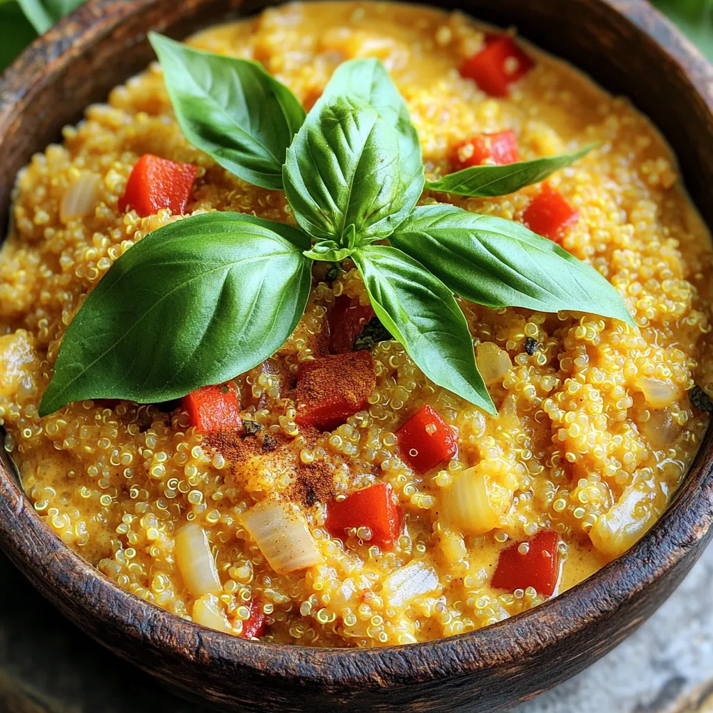 To make this dish, you need: - 1 cup quinoa - 2 cups vegetable broth - 1 large red bell pepper - 1 onion - 3 cloves garlic These main ingredients create a strong base for flavor. Quinoa is healthy and filling. The red bell pepper adds sweetness and color. The onion and garlic give a tasty aroma. For the creamy texture, gather: - 1 cup coconut milk - 1 tablespoon olive oil Coconut milk makes the dish rich and smooth. Olive oil adds a nice depth to the flavor. You will also need: - 1 teaspoon smoked paprika - 1 teaspoon dried oregano - Salt and pepper These seasonings enhance the taste. Smoked paprika gives a warm, smoky flavor. Oregano adds an earthy note. Adjust salt and pepper to your liking. For the final touch, use: - Fresh basil for serving Fresh basil adds a burst of freshness. It also looks great on the plate, making the meal more appealing. 1. Start by heating the olive oil in a large pot over medium heat. 2. Add the finely chopped onion. Sauté it until it turns translucent, which takes about 4-5 minutes. 3. Next, stir in the minced garlic. Cook it for 1 minute until you smell its strong aroma. 4. Now, add the diced red bell pepper. Sauté for 3-4 minutes until it becomes slightly soft. 5. Sprinkle the smoked paprika and dried oregano into the pot. Stir it well to mix the flavors. 1. Pour in the rinsed quinoa and the vegetable broth. Stir everything together so the quinoa spreads out evenly. 2. Bring the mixture to a boil. Once boiling, lower the heat to low. 3. Cover the pot and let it simmer for about 15 minutes. The quinoa should absorb all the liquid and be fully cooked. 1. Once the quinoa is done, take the pot off the heat. 2. Stir in the coconut milk until the quinoa becomes creamy and well mixed. 3. Taste your dish and adjust the seasoning with salt and pepper as you like. 4. Serve your One-Pot Creamy Red Pepper Quinoa hot, garnished with fresh basil. Enjoy! To make the best quinoa, start by rinsing it well. Rinsing removes a bitter coating called saponin. Use a fine mesh strainer and run cold water over the quinoa for 1-2 minutes. This simple step makes a big difference in taste. Next, pay attention to cooking times and heat. After bringing your pot to a boil, lower the heat to simmer. Cover the pot tightly and let it cook for about 15 minutes. This helps the quinoa absorb all the liquid. Once the quinoa is fluffy, it's ready to eat! To boost flavors, think about adding herbs and spices. You can try a pinch of chili powder for heat or some thyme for earthiness. Fresh herbs like parsley or cilantro also add a nice touch. Using homemade vegetable broth is another great tip. It enhances the dish's depth and flavor. If you don't have homemade broth, store-bought works well too, but look for low-sodium options. Pair your creamy quinoa with tasty side dishes. A simple green salad or roasted veggies complement it nicely. You can also serve it with crusty bread for a heartier meal. When it comes to presentation, a sprinkle of fresh basil makes it pop. Serve it in wide bowls for a cozy feel. You might also add a drizzle of olive oil on top for extra richness. {{image_2}} You can boost the protein in this meal easily. Try adding chickpeas or black beans. They add great flavor and texture. You can also grill some chicken or tofu. Both options work well with the creamy quinoa. Feel free to mix up the veggies! You can use green or yellow bell peppers instead of red. They bring a nice color and taste. Adding leafy greens like spinach also works well. Spinach wilts down nicely and adds nutrition. If you want to change the creaminess, you have options. Use different types of coconut milk for a unique flavor. You can also try dairy options like heavy cream or sour cream. Each gives a rich, creamy finish to the dish. To store leftovers, let the quinoa cool down first. Then, place it in an airtight container. This keeps it fresh and tasty. In the fridge, the quinoa lasts up to 4 days. Be sure to check for any signs of spoilage before eating. You can freeze this dish for longer storage. First, let it cool completely. Then, transfer it to a freezer-safe bag or container. Squeeze out any air to prevent freezer burn. The quinoa will stay good for about 3 months. When ready to eat, thaw it in the fridge overnight. When reheating, I recommend using the stovetop. This method helps keep the creamy texture. Add a splash of water or broth to keep it moist. If using a microwave, cover the dish to avoid dryness. Heat in short intervals, stirring often for even warmth. Yes, you can use any type of quinoa. White, red, or black quinoa all work well. Each type has its own flavor and texture. White quinoa cooks faster and is fluffier. Red and black quinoa offer a nutty taste and chewy texture. Just rinse them before cooking to remove any bitter coating. Absolutely! This recipe is already vegan if you use vegetable broth. The coconut milk adds creaminess without dairy. You can also skip any animal products in your side dishes. Enjoy a hearty, plant-based meal that everyone will love. Serve this dish hot, straight from the pot. Garnish with fresh basil for a pop of color. You can also pair it with a light salad or steamed veggies. This meal is filling and can stand alone or be a side dish. Quinoa is done when it is fluffy and the little white tails appear. This means the germ has separated from the seed. It usually takes about 15 minutes of simmering. If there’s still liquid, cook it a bit longer until it's absorbed. Yes! To add heat, include red pepper flakes or diced jalapeños. You can also use a spicy vegetable broth. Adjust the heat to your taste, and enjoy a flavorful twist on this creamy dish. This recipe for One-Pot Creamy Red Pepper Quinoa brings many flavors together. We covered ingredients like quinoa, red bell pepper, and rich coconut milk. I shared steps for cooking and tips for perfect results. You can vary the dish with proteins or different veggies. Store leftovers correctly for future meals. Enjoy this dish warm, savory, and full of color. Try this out, and make your meals fun and easy!