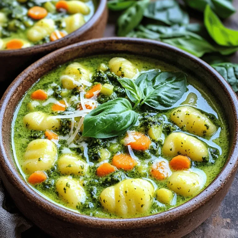 To make this delightful soup, you will need: - 1 tablespoon olive oil - 1 small onion, diced - 3 cloves garlic, minced - 1 medium carrot, diced - 1 medium zucchini, diced - 4 cups vegetable broth - 1 cup heavy cream or coconut cream - 1 cup pesto (store-bought or homemade) - 1 pound potato gnocchi - 1 cup fresh spinach - Salt and pepper to taste These ingredients create a rich and creamy base. The veggies add color and nutrients. The potato gnocchi makes it hearty and filling. For extra flavor and a nice touch, consider these garnishes: - Grated Parmesan cheese - Chopped fresh basil These toppings enhance the soup’s taste. They also add a lovely finish to your bowl. You can easily swap out some ingredients based on what you have: - For olive oil, use butter or avocado oil. - If you don't have onion, shallots work well too. - You can replace heavy cream with coconut cream for a dairy-free option. - Any type of broth can work, like chicken or beef broth. - If you can't find gnocchi, you can use any small pasta, like shells or orzo. These substitutions help you customize the soup to your taste. Don't be afraid to experiment! Start by gathering all your ingredients. You need olive oil, onion, garlic, carrot, and zucchini. Dice the onion into small pieces. Mince the garlic cloves finely. Cut the carrot and zucchini into small cubes. Heat one tablespoon of olive oil in a large pot over medium heat. Add the diced onion and sauté for about three to four minutes. The onion should soften and become slightly translucent. Next, stir in the minced garlic and cook for another minute. You want the garlic to become fragrant but not burned. Then, toss in the diced carrot and zucchini. Cook them for about three to four minutes. They should start to soften but remain colorful. Once your vegetables are ready, pour in four cups of vegetable broth. Bring the mixture to a boil. As soon as it bubbles, reduce the heat to a simmer. Let it cook for about five minutes. This step allows the flavors to blend. Now, stir in one cup of heavy cream or coconut cream for richness. Add one cup of pesto, mixing well to combine. Allow the soup to simmer gently for another three to four minutes. This makes the base creamy and full of flavor. Now, it’s time to add the potato gnocchi. Follow the package instructions, which usually take about three to five minutes. The gnocchi will float to the surface when they are cooked. Just before serving, add one cup of fresh spinach. Stir it until it wilts, which only takes a minute. Season with salt and pepper to taste. Ladle the soup into bowls and serve hot. You can garnish with grated Parmesan cheese and chopped fresh basil for extra flair if desired. Enjoy your delightful meal! To get that smooth, creamy texture in your soup, use heavy cream or coconut cream. These creams blend well with the broth. If you want a lighter soup, use half-and-half instead. Stir the cream in gently. Let it simmer but do not boil. Boiling can make it separate. Seasoning is key to a tasty soup. I like to add salt and pepper at the end. This way, you can adjust the taste to your liking. You can also add a pinch of red pepper flakes for heat. For a fresh twist, try adding lemon juice or zest. Fresh herbs like basil or thyme can also boost flavor. To save time, prep your veggies ahead. Dice the onion, carrot, and zucchini the night before. Store them in the fridge. You can also use store-bought pesto to cut down on prep time. If you have leftover cooked chicken, toss it in for extra protein. Using pre-made gnocchi cuts cooking time too. Just remember to cook them until they float! {{image_2}} Want to boost the protein in your soup? You have great options. Adding cooked chicken or turkey can make the soup more filling. Simply shred the meat and stir it in at the end. You could also use cooked sausage for a spicy kick. If you want plant-based protein, try adding chickpeas or lentils. They soak up flavor well and add texture. For a dairy-free or vegan version, swap the heavy cream with coconut cream. It gives the soup a rich taste without dairy. Make sure your pesto is vegan too. You can find many brands that use nuts and herbs without cheese. This way, you can enjoy the same creamy delight while staying within your dietary needs. Change up the veggies based on what’s in season. In spring, try peas or asparagus for a fresh taste. Fall calls for butternut squash or sweet potatoes for sweetness. You can also mix in kale instead of spinach for added nutrients. Be creative with your choices, and let the seasons guide your soup! To keep your creamy pesto gnocchi soup fresh, let it cool down first. Pour the soup into an airtight container. Make sure it’s sealed tight. Store it in the fridge for up to three days. If you want to keep it longer, freezing is a great option. When you’re ready to enjoy the soup again, heat it on the stove. Pour the soup into a pot over low heat. Stir it often to prevent sticking. You can also use a microwave. Heat it in a microwave-safe bowl for about 2-3 minutes. Stir halfway through to make sure it heats evenly. To freeze the soup, use a freezer-safe container. Leave some space at the top. The soup will expand when it freezes. It can last for about two months in the freezer. When you want to eat it, thaw it overnight in the fridge. Then, reheat it as mentioned above. The best type of pesto is basil pesto. It has a bright green color and a fresh taste. You can also use sun-dried tomato pesto or arugula pesto for a twist. Store-bought pesto saves time, but homemade pesto shines with taste. Just blend basil, garlic, nuts, cheese, and olive oil for a fresh mix. The key is to choose what you like best. Yes, you can use other pasta types if you prefer. Small pasta shapes like ditalini or mini shells work great. You can also use regular pasta, just adjust the cooking time. Gnocchi gives a soft, pillowy feel, while other pasta adds a nice bite. Choose what you enjoy, and the soup will still taste good. The soup lasts about 3 to 4 days in the fridge. Store it in an airtight container to keep it fresh. If you want to keep it longer, consider freezing it. Just remember that gnocchi may change texture when frozen, so you might want to add it fresh when reheating. Enjoy your creamy pesto gnocchi soup anytime! This blog post covered how to make creamy pesto gnocchi soup. We explored key ingredients, step-by-step cooking, and tips for a rich texture. I shared ways to modify the recipe, from protein options to vegan swaps. We also discussed how to store leftovers and answer common questions. In summary, this soup is easy and tasty, making it perfect for any meal. Try it and enjoy all the flavors!