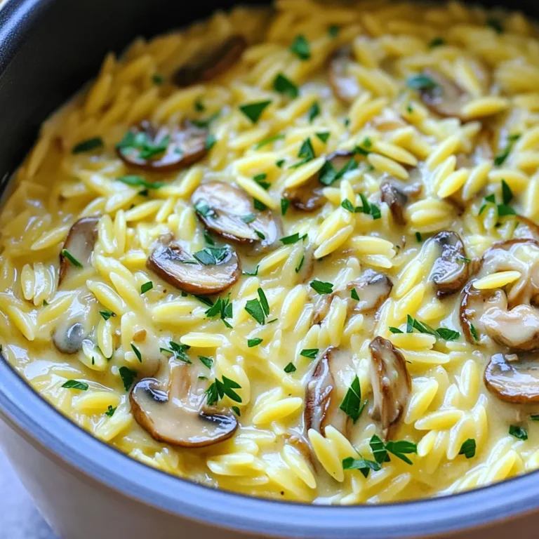 Here’s what you need to make this creamy one-pot dish. Gather these easy-to-find ingredients: - 1 cup orzo pasta - 2 tablespoons olive oil - 1 medium onion, finely chopped - 3 cloves garlic, minced - 8 ounces cremini mushrooms, sliced - 4 cups vegetable broth - 1 cup heavy cream - 1 cup grated Parmesan cheese - 1 teaspoon dried thyme - 1 teaspoon dried rosemary - Salt and pepper to taste - Fresh parsley, chopped (for garnish) Let’s break down the purpose of each ingredient. Orzo pasta gives a delightful bite and absorbs flavors well. Olive oil adds richness and helps cook the aromatics. The onion, garlic, and mushrooms build the base of flavor. Vegetable broth provides moisture, while heavy cream creates that creamy texture. Parmesan cheese adds a savory kick. Thyme and rosemary infuse herbal notes, while salt and pepper balance the dish. Finally, parsley adds freshness and color when you serve it. These simple ingredients work together to create a warm and satisfying meal. Sautéing the Onion and Garlic Start by heating 2 tablespoons of olive oil in a large pot. Use medium heat. Add 1 medium onion, finely chopped, to the pot. Cook it until it turns soft and clear, about 3 to 4 minutes. Next, add 3 cloves of minced garlic. This will give your dish a nice flavor. Sauté for about 1 minute until you smell the garlic. Cooking the Mushrooms Now, add 8 ounces of sliced cremini mushrooms. Stir them well. Cook for about 5 to 7 minutes. The mushrooms will soften and let out their juice. This step adds depth to the dish. Toasting the Orzo Add 1 cup of orzo pasta to the pot. Stir the mixture well for about 1 to 2 minutes. You want the orzo to toast a bit. This helps to bring out its nutty flavor. Adding Broth and Seasoning Pour in 4 cups of vegetable broth. Sprinkle in 1 teaspoon each of dried thyme and dried rosemary. Add salt and pepper to taste. Bring the mixture to a boil, then lower the heat to a simmer. Simmering for Perfect Texture Cover the pot and let it cook for about 10 to 12 minutes. Stir occasionally. The orzo should become tender and absorb most of the broth. Incorporating Cream and Parmesan Once the orzo is cooked, lower the heat. Pour in 1 cup of heavy cream and add 1 cup of grated Parmesan cheese. Stir until it becomes creamy and smooth. Adjusting Consistency and Seasoning If the dish is too thick, add a little more broth or cream. Taste it and adjust the salt and pepper if needed. Serving Suggestions Serve the creamy orzo right away. Garnish with fresh chopped parsley and a sprinkle of extra Parmesan cheese. Enjoy your delicious meal! Adjusting Cream and Broth Ratios To get the best creaminess, you can play with the amount of cream and broth. I often use one cup of heavy cream for a rich taste. If you want it lighter, use three-quarters of a cup of cream. You can add more broth if it gets too thick. Keep stirring to mix it well. Cooking Time for Al Dente Orzo Cooking time is key for al dente orzo. I let it simmer for about 10 to 12 minutes. Stir it every few minutes to stop it from sticking. Check the texture after 10 minutes. It should be firm but not hard. Using Fresh Herbs vs. Dried Herbs Fresh herbs add bright flavors, while dried herbs give a deep taste. I like to use fresh parsley for garnish. For the cooking phase, dried thyme and rosemary work well. They blend nicely with mushrooms and cream. Use two teaspoons of fresh herbs if you prefer them over dried ones. Adding Extra Ingredients (e.g., proteins, veggies) You can boost flavor by adding proteins or veggies. Chicken or shrimp can make it heartier. Just cook them with the mushrooms. For a veggie twist, consider spinach or peas. Add them near the end to keep them bright and fresh. Recommended Pots and Utensils A large pot or Dutch oven is best for this recipe. It holds all the ingredients well. A wooden spoon is great for mixing. Use a sharp knife for chopping onions and mushrooms quickly. Best Practices for Cleanup To make cleanup easier, soak your pot in warm soapy water right after serving. A non-stick pot helps prevent sticking and burning. For any leftover cheese, use a scraper to remove it easily. {{image_2}} Want to add protein? You can choose chicken or shrimp. For chicken, use cooked, diced meat. Stir it in during the last few minutes of cooking. This gives the dish a nice boost. Shrimp works well too. Add peeled shrimp in the last five minutes. They cook fast and soak up flavors. If you prefer vegetarian options, try adding beans. White beans or chickpeas add protein and texture. You can also toss in some spinach for extra nutrition. It adds color and flavor, making the dish even better. Need gluten-free options? Simply swap orzo for gluten-free pasta. Many brands make great substitutes. Just follow the cooking time on the package. It will keep the dish creamy and delicious. If you are plant-based, replace heavy cream with coconut milk. It gives a rich texture while keeping it dairy-free. For cheese, try nutritional yeast. It adds a cheesy flavor without the dairy. For Italian-inspired twists, add sun-dried tomatoes or olives. They bring a burst of flavor and color. Fresh basil or oregano can enhance the taste too. Toss them in while cooking for the best results. If you like spice, add red pepper flakes. They give a mild heat that pairs well with mushrooms. You can also try fresh herbs like thyme or rosemary for a fresh touch. They brighten the dish and add depth. Refrigeration Tips To keep your creamy orzo fresh, store it in an airtight container. Place it in the fridge for up to three days. Make sure it cools down first. This helps keep flavors intact. Freezing Options and Guidelines You can freeze the leftovers too! Use a freezer-safe container. It stays good for about one month. When ready to eat, thaw it in the fridge overnight. This keeps it tasty. Best Methods for Keeping Creaminess Reheat your orzo on the stove for best results. Add a splash of broth or cream. This helps restore its creamy texture. Stir often to heat it evenly. Avoiding a Dry Texture If you use a microwave, add water to the dish. Cover it with a lid or a damp paper towel. Heat in short bursts, stirring in between. This way, it won’t dry out. How to Make Creamy One-Pot Parmesan Mushroom Orzo Healthy? To make this dish healthier, use whole grain orzo. Add more veggies like spinach or zucchini. You can also cut down on cream and cheese. Use low-fat options instead. This keeps the taste while adding nutrients. Can I Use Different Types of Pasta? Yes, you can! Orzo is great, but try other small pastas like ditalini or acini di pepe. Just adjust cooking time based on the pasta you choose. Make sure it cooks to a nice al dente texture for the best bite. What Can I Substitute for Parmesan Cheese? If you want a different cheese, use Pecorino Romano or nutritional yeast for a vegan option. Both add a nice salty flavor. You can also try cream cheese or goat cheese for creaminess without the strong Parmesan taste. What to Do if the Orzo is Overcooked? If your orzo is mushy, try adding some fresh vegetables. This adds texture and flavor. You can also mix in some fresh herbs or a splash of broth for added taste. It won’t fix the texture, but it helps a lot! How to Fix a Watery Consistency? If your dish is too watery, simmer it a bit longer. This helps the liquid reduce. You can also add a bit of extra cheese to thicken it up. Another option is to stir in some cornstarch mixed with water to help it bind. What Goes Well with Creamy Orzo? Creamy orzo pairs well with grilled chicken or roasted vegetables. A fresh salad adds great crunch, too. Try serving it with garlic bread for a full meal experience. The flavors work well together and make dinner special. Ideas for Complementary Side Dishes Serve with a simple green salad or roasted asparagus. You can also try garlic sautéed spinach for color. A light soup like minestrone can serve as a nice starter. Each option enhances the meal without overpowering the orzo. This blog post covered how to make a creamy one-pot Parmesan mushroom orzo. We discussed key ingredients, step-by-step instructions, and tips to enhance flavor. I shared variations for dietary needs and storage info for leftovers. Cooking should be enjoyable, and this dish lets you explore flavors. Whether you stick to the basics or add your own twist, I hope you try it soon. Happy cooking!