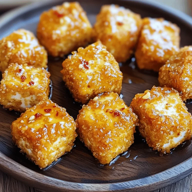 - 1 block (14 oz) firm tofu, drained and pressed - 1/4 cup honey (or agave syrup for a vegan option) - 3 tablespoons soy sauce - 3 cloves garlic, minced - 1 tablespoon grated ginger - 2 tablespoons cornstarch - 1 teaspoon sesame oil - 1/2 teaspoon black pepper - 1/4 teaspoon red pepper flakes (optional for spice) - Cooking spray (for the air fryer) The main ingredients make the base of your dish. Tofu is your protein. Honey or agave gives sweetness. Soy sauce adds saltiness. Garlic and ginger bring wonderful flavors. Cornstarch will help create a nice crunch. You can mix things up with these options. Consider adding chopped green onions for freshness. Sesame seeds can give a nice crunch and look. A splash of lime juice can add brightness. These sauces pair well with your nuggets. Sweet chili sauce adds a spicy kick. Soy sauce with a hint of lime is refreshing. You can also try sriracha for a hot touch. Each sauce will enhance your tasty vegan treat. Start with a block of firm tofu. Drain it well and press it to remove excess water. This step is key to getting a great texture. Next, cut the pressed tofu into bite-sized nuggets. Aim for pieces that are about one inch. This size helps them cook evenly. After cutting, pat the nuggets dry with a paper towel. This removes any leftover moisture and helps them crisp up. In a medium bowl, combine the following: - 1/4 cup honey (or agave syrup for vegan) - 3 tablespoons soy sauce - 3 cloves garlic, minced - 1 tablespoon grated ginger - 1 teaspoon sesame oil - 1/2 teaspoon black pepper - 1/4 teaspoon red pepper flakes (optional for spice) Mix all ingredients well. The honey or agave gives sweetness. The soy sauce adds saltiness, while garlic and ginger bring freshness. This marinade is full of flavor and makes the tofu taste amazing. Once the tofu is marinated, it’s time to coat it with cornstarch. Sprinkle 2 tablespoons of cornstarch over the tofu nuggets. Toss gently until each piece is evenly coated. This step is important for achieving that crispy outside. Next, preheat your air fryer to 375°F (190°C). This usually takes about five minutes. Lightly spray the air fryer basket with cooking spray. This helps prevent sticking. Place the tofu nuggets in a single layer in the basket. If you have a lot, cook in batches to avoid crowding. Air fry the nuggets for 12-15 minutes. Flip them halfway through to ensure even cooking. You want them to be golden and crispy when done. Once finished, remove the nuggets from the air fryer. If you like, drizzle any leftover marinade on top. Serve hot with sweet chili sauce or your favorite dip. For the best nuggets, use firm or extra-firm tofu. This type holds its shape well during cooking. Silken tofu can fall apart, so it's not a good choice. Press the tofu to remove extra water. This step helps the nuggets absorb more flavor and stay crispy. To boost the taste, add spices like smoked paprika or onion powder. A dash of cayenne pepper can add heat. You can also mix in fresh herbs, like cilantro or basil, for a fresh kick. Don’t be afraid to get creative! Each spice adds a unique twist to the dish. Coating the tofu with cornstarch is key to crispiness. It creates a crunchy shell when air-fried. Make sure each piece is evenly coated. Also, avoid overcrowding the air fryer basket. Air needs space to circulate for that perfect golden color. Flip the nuggets halfway through cooking for even crispiness. {{image_2}} You can make this recipe vegan by swapping honey with agave syrup. Agave gives a similar sweetness without using animal products. It blends well with the soy sauce and garlic. This choice keeps your dish tasty and plant-based. You can also use maple syrup if you want a different flavor. Both work great in this recipe. If you like heat, add red pepper flakes to the marinade. Start with half a teaspoon and adjust to your taste. You can also mix in some sriracha or chili sauce. This gives your nuggets a nice kick. The spicy flavor pairs well with the sweet honey. It makes for a delicious balance that will thrill your taste buds. You can boost the nutrition of your nuggets by adding veggies. Try mixing in finely chopped bell peppers or carrots in the marinade. You can also serve the nuggets with a side of steamed broccoli. This extra crunch and color make your meal more appealing. Plus, it adds vitamins and minerals to your dish. Tofu nuggets are best fresh, but you can store leftovers. Place the cooled nuggets in an airtight container. Keep them in the fridge for up to three days. Make sure they are completely cool before sealing to prevent sogginess. Reheating is easy. For the best texture, use the air fryer again. Set it to 350°F (175°C) for about 5 minutes. This method keeps them crispy. You can also use a regular oven at the same temperature for a few minutes. If you’re in a hurry, the microwave works, but they may lose some crispiness. You can freeze cooked tofu nuggets for later use. First, let them cool completely. Then, place them in a single layer on a baking sheet. Freeze for about an hour until firm. After that, transfer them to a freezer bag. They can last up to three months in the freezer. When ready to eat, thaw in the fridge overnight and reheat as mentioned above. Yes, you can! Agave syrup works well as a vegan swap. Maple syrup also adds a nice flavor. Both options will keep your nuggets sweet and tasty. Just use the same amount as honey. To make these nuggets gluten-free, choose gluten-free soy sauce. Look for tamari, which is a great option. Ensure your cornstarch is also gluten-free, as most brands are. This way, you enjoy the same great taste without gluten. These nuggets taste amazing with various dipping sauces. Sweet chili sauce adds a nice kick. You can also try soy sauce mixed with a bit of vinegar. For a zing, use sriracha or a creamy vegan ranch. Each sauce complements the honey garlic flavor perfectly. In this blog post, I covered how to make tasty tofu nuggets. We looked at main and optional ingredients, plus great sauces for dipping. I shared step-by-step instructions for preparing, marinating, and air frying the tofu. Importantly, I offered tips on the best tofu types and flavor boosters for crispiness. We explored fun variations like spicy nuggets and veggie adds. Finally, I shared smart storage and reheating tips. Now you can enjoy these delicious nuggets anytime!