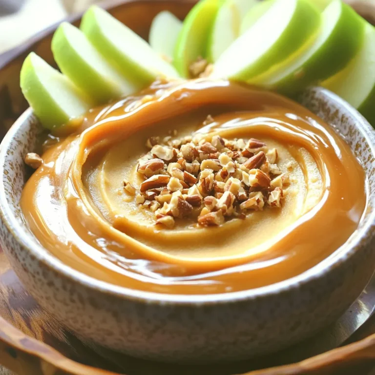When making your Caramel Apple Dip with Toffee, gather these simple ingredients: - 1 cup caramel sauce (store-bought or homemade) - 8 oz cream cheese, softened - 1/2 cup brown sugar - 1 tsp vanilla extract - 1/2 cup toffee bits (plus extra for topping) - 2 medium apples, sliced (green apples work great for tartness) - 1/4 cup chopped nuts (optional, pecans or walnuts work well) Each ingredient plays a key role in creating a sweet, creamy dip. The caramel sauce brings rich flavor. Cream cheese adds smoothness and creaminess. Brown sugar boosts sweetness, while vanilla extract gives a warm note. The toffee bits add crunch and extra sweetness. Using green apples offers a nice contrast with tartness. You can also add nuts for crunch, making it even more enjoyable. This dip is quick to make and perfect for gatherings. The blend of flavors and textures will leave everyone wanting more. 1. Mixing the cream cheese and brown sugar Start with a medium bowl. Add the softened cream cheese and brown sugar. Use a hand mixer or a whisk. Mix until the blend is smooth and creamy. This step gives a rich base for your dip. 2. Incorporating vanilla extract Next, add the vanilla extract to the bowl. Mix again until it is fully combined. The vanilla adds a delightful flavor that enhances the dip. 3. Combining caramel sauce In another bowl, gently fold in the caramel sauce. Be careful not to stir too hard. You want the caramel to blend well without losing its texture. This step adds sweetness and richness. 4. Folding in toffee bits and nuts Now, take your cream cheese and caramel mix. Fold in the toffee bits and any chopped nuts if you like. Save some toffee bits for later. This adds crunch and flavor to every bite. 5. Final presentation and serving tips Transfer the dip to a nice serving bowl. Smooth out the top with a spatula. Drizzle some caramel sauce over the surface. Sprinkle the remaining toffee bits and nuts on top. This makes it look great and taste even better. Serve with fresh apple slices for dipping. Enjoy your delicious treat! To get the right consistency for your caramel apple dip, mix the cream cheese and brown sugar well. It should be smooth and creamy. Use a hand mixer if you have one. This will make blending easier. For the best flavor, choose tart apples like Granny Smith. Their crispness pairs well with the sweet dip. You can also use Honeycrisp for a touch of sweetness. If you have leftovers, store them in an airtight container. Keep the dip in the fridge. It will stay fresh for up to three days. To keep it from browning, press plastic wrap directly onto the surface. This will help maintain its taste and texture. {{image_2}} You can switch things up with this dip. First, try making your own caramel sauce. To do this, melt sugar in a pan until it turns golden. Then add butter and cream, stirring until smooth. This caramel adds a great touch. Next, think about texture. You can use different nuts. Pecans give a nice crunch, while walnuts add a hearty taste. You can even mix them for more flavor. Lastly, add some spice for a twist. A hint of cinnamon or nutmeg can enhance the flavor. Just a pinch goes a long way. You can experiment until you find your favorite mix. Each change makes every bite exciting and new! To keep your Caramel Apple Dip with Toffee fresh, follow these simple tips: - Refrigeration guidelines: Always store the dip in the fridge. Keep it cool for the best taste and texture. - Recommended containers for storage: Use an airtight container. This helps keep moisture out and flavors in. A glass or plastic container works well. - Shelf life and how to tell if it's still good: The dip lasts about 3 to 5 days in the fridge. Check for any off smell or change in color. If it looks strange, it’s best to toss it. By following these steps, you can enjoy your delicious dip for days! How long will Caramel Apple Dip last in the fridge? Caramel Apple Dip lasts about 3 to 5 days in the fridge. Keep it in a tight container. This helps to lock in the flavors and keep it fresh. After a few days, check for any off smells or changes in texture. Can I make this dip ahead of time? Yes, you can make this dip ahead of time. Prepare it a day or two before your event. Store it in the fridge until you are ready to serve. Just remember to add the toffee bits on top right before serving. This keeps them crunchy and tasty. What can I use instead of cream cheese? If you want a substitute for cream cheese, try Greek yogurt. It gives a nice creaminess and a slight tang. You can also use mascarpone cheese for a rich flavor. Keep in mind that both options may change the taste a bit, but they still work well. You now have a complete guide to making a delicious caramel apple dip with toffee. We covered all the ingredients, from cream cheese to apples. You learned how to prepare the dip step by step, plus tips for perfecting it. You also found storage info and answers to common questions. As you experiment with variations, have fun creating your own twist. Enjoy sharing this treat with friends and family. This dip is sure to impress everyone!