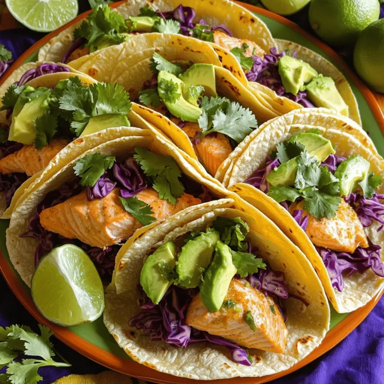 To make these tasty tacos, you will need: - 1 lb salmon fillet, skin-on - 8 small corn tortillas - 1 cup red cabbage, shredded - 1 avocado, sliced - Fresh cilantro leaves for garnish - Lime wedges for serving The marinade gives the salmon its bold flavor. Here’s what you need: - 2 tablespoons olive oil - 1 tablespoon chili powder - 1 teaspoon paprika - 1 teaspoon garlic powder - Zest and juice of 2 limes - Salt and pepper to taste Toppings add freshness and crunch to your tacos. You can use: - Shredded red cabbage for crunch - Sliced avocado for creaminess - Fresh cilantro leaves for flavor - Lime wedges for a zesty squeeze To start, you need to mix the marinade. In a small bowl, combine: - 2 tablespoons olive oil - 1 tablespoon chili powder - 1 teaspoon paprika - 1 teaspoon garlic powder - Zest and juice of 2 limes - Salt and pepper to taste This mix gives the salmon a bright and zesty flavor. Stir well until everything combines. The smell will make you hungry! Next, preheat your oven to 400°F (200°C). Line a baking sheet with parchment paper to keep the salmon from sticking. Place the salmon fillet on the sheet, skin-side down. Brush the marinade all over the salmon. Make sure to cover it well for the best flavor. Bake in the oven for 12-15 minutes. Check for doneness by flaking it gently with a fork. The salmon should flake easily. If it does, it's ready! Once the salmon is done, carefully flake it into large pieces. Now, it’s taco time! Warm 8 small corn tortillas in a skillet for about 30 seconds on each side. This step makes them soft and easy to fold. To build each taco, place a good amount of flaked salmon on a tortilla. Add some shredded red cabbage and slices of avocado on top. For a burst of freshness, sprinkle fresh cilantro leaves. Serve with lime wedges on the side for a zesty squeeze! Enjoy your tasty tacos! To cook the best salmon, start with fresh fillets. Look for bright color and firm texture. Skin-on salmon helps keep it moist. Preheat your oven to 400°F (200°C) for even baking. Brush the marinade on generously. Bake the salmon for 12-15 minutes. You know it's done when it flakes easily with a fork. This method keeps the flavors bold and vibrant. Warm tortillas to enhance flavor and texture. Use a skillet over medium heat. Heat each tortilla for about 30 seconds on each side. This makes them soft and pliable, perfect for tacos. You can also wrap them in a damp paper towel and microwave for 15-20 seconds. This method keeps them warm and flexible. Make your tacos eye-catching and fun. Arrange them on a large platter. Scatter lime wedges around for color and flavor. Add extra cilantro for a fresh look. Use colorful toppings like red cabbage and avocado slices to create contrast. This not only looks good but also makes each bite exciting! {{image_2}} You can switch the salmon for other proteins. Chicken works great. Use skinless chicken thighs. They stay moist and flavorful. Try shrimp for a quick version. Toss the shrimp in the same marinade and bake for 8-10 minutes. Tofu is another option for a tasty plant-based taco. Just press the tofu to remove water. Cut it into cubes, marinate, and bake. Each choice brings a unique twist to these tacos. Feel free to get creative with the spices. Try using cumin for a deeper flavor. A bit of cayenne can add heat if you like spice. For a sweet touch, mix in some honey with the marinade. This will balance the heat from the chili powder. You can also experiment with different citrus. Lemon or orange juice can brighten the dish in a new way. Don’t hesitate to adjust based on your taste. Making these tacos vegan is simple and fun. Use roasted vegetables as the main filling. Bell peppers, zucchini, and sweet potatoes work well. Toss them in olive oil and similar spices before roasting. You can also try lentils or black beans for protein. They add great texture and taste. Top with avocado and fresh salsa for a burst of flavor. These options make for a colorful and hearty meal. Store any leftover tacos in an airtight container. Place them in the fridge. They stay fresh for up to two days. Keep the salmon, tortillas, and toppings separate for best taste. This helps prevent soggy tortillas and keeps flavors fresh. To reheat the salmon, preheat your oven to 350°F (175°C). Place the salmon in a safe dish and cover it with foil. Heat for about 10 minutes. This keeps it moist. Warm the tortillas in a skillet over medium heat for about 30 seconds. This makes them soft again. You can freeze cooked salmon if you need to store it longer. Wrap it tightly in plastic wrap, then place it in a freezer bag. Mark the date and use it within three months for best taste. To thaw, place it in the fridge overnight before reheating. Bake the salmon for 12 to 15 minutes at 400°F (200°C). The salmon is ready when it flakes easily with a fork. This quick cooking time helps keep the fish moist and flavorful. Yes, you can use frozen salmon. Just make sure to thaw it completely before cooking. Thawing ensures even cooking and keeps the texture nice and flaky. If you need a substitute for corn tortillas, try flour tortillas or lettuce wraps. Both options work well. Flour tortillas provide a soft texture, while lettuce wraps add a fresh crunch. Yes, this recipe is gluten-free. Corn tortillas do not contain gluten, making them a great choice for those with gluten sensitivities. Just check any toppings or sauces for hidden gluten. You can add toppings like diced tomatoes, jalapeños, or pickled onions. For more flavor, try a squeeze of lime juice or a drizzle of hot sauce. Each adds a unique twist to your tacos! Salmon tacos are tasty and fun to make. We covered the main ingredients, including marinade and toppings. I shared easy steps for baking and assembling the tacos. The tips help you cook the salmon just right and present it well. You can also try different proteins and flavors. Lastly, proper storage ensures your leftovers stay fresh. Enjoy experimenting with these recipes and make them your own! This is a great way to enjoy healthy meals.