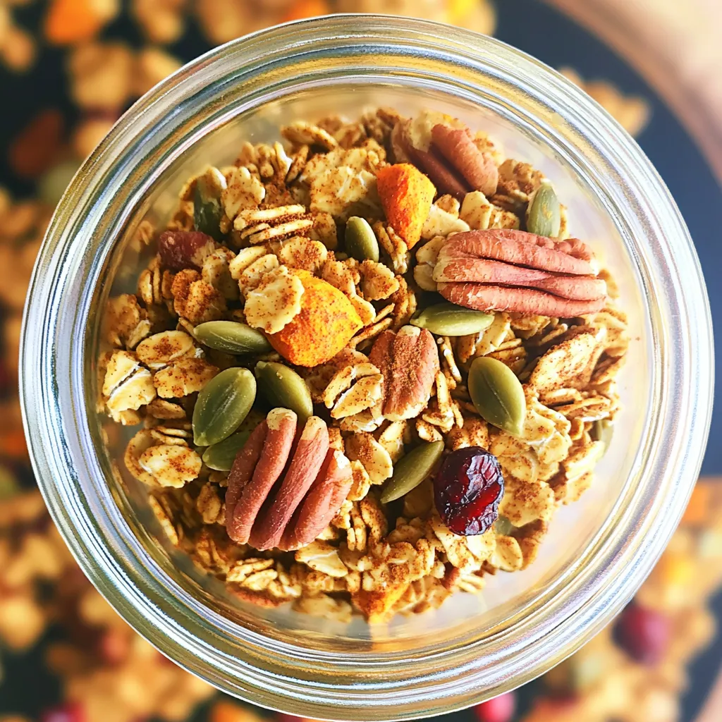 - 2 cups rolled oats - 1 cup pecans, roughly chopped - 1/2 cup pumpkin seeds - 1/2 cup sunflower seeds The base of this granola is simple. Rolled oats give a nice chew. The pecans add rich flavor and crunch. Pumpkin seeds bring a slight nutty taste. Sunflower seeds add a touch of sweetness. - 1/4 cup coconut oil, melted - 1/2 cup pure maple syrup - 1/2 cup pumpkin puree - 1 teaspoon vanilla extract These wet ingredients bring the granola together. Coconut oil makes it rich and glossy. Maple syrup adds sweetness. Pumpkin puree gives a fall flavor. Vanilla extract rounds out the taste. - 1 tablespoon pumpkin pie spice - 1/2 teaspoon salt - 1/4 cup dried cranberries (optional) The pumpkin pie spice is key. It gives that warm, cozy flavor. A bit of salt helps balance the sweetness. Dried cranberries add a pop of color and extra flavor, but they’re optional. - Preheat the oven to 300°F (150°C). - Line a large baking sheet with parchment paper. Before you start, make sure your oven is hot. This helps the granola bake evenly. The parchment paper keeps it from sticking. - Combine rolled oats, chopped pecans, pumpkin seeds, sunflower seeds, pumpkin pie spice, and salt in a bowl. In a big bowl, mix the oats, pecans, pumpkin seeds, and sunflower seeds. Add pumpkin pie spice and salt. Stir well to coat everything. This mix will give your granola its tasty crunch. - Whisk together melted coconut oil, maple syrup, pumpkin puree, and vanilla extract. In a separate bowl, whisk together the melted coconut oil, maple syrup, pumpkin puree, and vanilla extract. Make sure to blend well until smooth. This mix adds flavor and sweetness to your granola. - Mix wet and dry ingredients, spread on a baking sheet, and bake for 25-30 minutes. - Stir halfway through for even cooking. Pour the wet mix over the dry ingredients. Stir until it is all well-coated and clumpy. Spread the mixture on the prepared baking sheet. Bake for 25 to 30 minutes. Halfway through, stir the granola. This helps it cook evenly. Look for a golden color and a nice smell. After baking, let it cool completely. Then, break it into clusters. Enjoy your tasty pumpkin spice granola! To make your granola clumpy, start by pressing the mixture before baking. After you spread the granola on the baking sheet, use a spatula to press it down firmly. This step helps the ingredients stick together. When baking, the heat will create those perfect clusters we all love. You can add different nuts or seeds for more flavor. Try almonds, walnuts, or chia seeds. Each option gives your granola a new twist. For sweetness, consider using honey or agave syrup instead of maple syrup. This change can make your granola even more tasty. Serving your granola in clear jars or bowls is a great way to show off its colors. It looks nice and invites people to dig in. You can enjoy your granola with yogurt, milk, or fresh fruit. Pairing it with strawberries or bananas adds freshness and flavor. {{image_2}} If you want a nut-free version of pumpkin spice granola, you can easily swap out the pecans. Use seeds like sunflower seeds or pumpkin seeds instead. You could also mix in some toasted quinoa for a nice crunch. These options keep it tasty and fun! Do you want to adjust the sweetness? For a less sweet granola, cut the maple syrup to 1/3 cup. For more sweetness, you can add an extra tablespoon of maple syrup. You can also try using honey or agave syrup for a different flavor. Looking for spice alternatives? You can replace pumpkin pie spice with cinnamon or ginger. Try using nutmeg or allspice as well. Each option will give your granola a unique twist. Feel free to mix and match until you find your favorite blend! To keep your pumpkin spice granola fresh, use an airtight container. This will help it stay crunchy and tasty. Glass jars or plastic containers work well. Make sure they seal tightly. Store the granola in a cool, dry place, away from sunlight. This keeps the flavors strong and the texture right. Your granola stays fresh for up to two weeks. After that, it may lose some crunch. If you notice it becoming stale, it might be time to make a new batch! Enjoy it while it's at its best. If you want to store granola for longer, freezing is a great option. Place the granola in a freezer-safe bag or container. Make sure to remove as much air as possible before sealing. You can freeze it for up to three months. When you're ready to eat, just let it thaw at room temperature. It will taste almost as fresh as the day you made it! Yes, you can! If you want to switch out pecans, try walnuts or almonds. Both work well in granola. They add crunch and flavor, just like pecans. You can also use hazelnuts or cashews for a fun twist. Just chop them roughly, like you would with pecans. This way, you keep that great texture in your granola. Yes, pumpkin spice granola can be gluten-free! Just make sure to use gluten-free oats. Most rolled oats are safe, but check the label. Some oats may come into contact with gluten during processing. So, always look for the certified gluten-free label. This lets you enjoy your granola without worries. There are many tasty options! Serve your granola with yogurt for a creamy treat. You can also enjoy it with milk, either dairy or plant-based. Smoothies are another great choice; blend up your favorite fruits and pour granola on top. You can even sprinkle it over oatmeal or pancakes. The possibilities are endless! This blog post covered a simple and tasty pumpkin spice granola recipe. You learned about the right ingredients, how to mix them, and tips for great clusters. I shared storage methods, variations, and answers to common questions. In the end, this granola can add fun to your meals. Try customizing it with your favorite nuts or flavors. Enjoy making it and sharing it with friends and family!