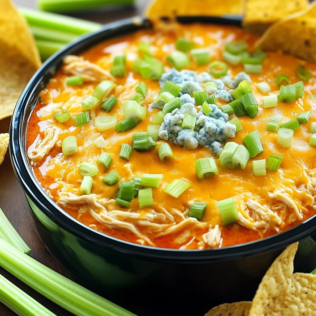 - 2 cups cooked chicken, shredded - 1 package (8 oz) cream cheese, softened - 1/2 cup ranch dressing - 1/2 cup buffalo sauce The main ingredients make this dip rich and bold. The cooked chicken adds protein and texture. Cream cheese gives it that creamy base everyone loves. Ranch dressing brings in a nice, tangy flavor. Buffalo sauce adds heat and a kick. Adjust the buffalo sauce to your taste for more or less spice. - 1 cup shredded cheddar cheese - 1/2 cup crumbled blue cheese (optional) For cheese, I use shredded cheddar for its meltiness. It adds a rich flavor that blends well. If you like blue cheese, add crumbled blue cheese for extra bite. The combination creates a wonderful, cheesy layer that enhances the dip. - 1/4 cup green onions, finely chopped (for garnish) - Tortilla chips or celery sticks (for serving) Garnish with chopped green onions for a fresh touch. They add color and flavor that pop. Serve the dip warm with tortilla chips or celery sticks for crunch. Tortilla chips let you scoop with ease. Celery sticks offer a crisp, healthy option. Enjoy this creamy buffalo chicken dip at your next gathering! - In the slow cooker, combine the cooked chicken, cream cheese, ranch dressing, and buffalo sauce. - Mix everything until well incorporated. Make sure the cream cheese blends with the chicken and dressing. - Set your slow cooker on low for 2-3 hours. - Stir occasionally while cooking. This helps everything heat evenly and stay creamy. - Once the dip is hot, stir in the shredded cheddar cheese and optional blue cheese. - Cover and cook for an additional 15-20 minutes. Wait until the cheese is melted and bubbly. - Set your slow cooker to low heat for best results. - Stir gently to mix without losing the warm heat. - Add more buffalo sauce for extra spice. - Try ranch or blue cheese dressing for a twist. - Pair the dip with tortilla chips or celery sticks. - Serve in a bread bowl for a fun presentation. {{image_2}} You can make this dip lighter. Try using Greek yogurt instead of cream cheese. It keeps the creaminess but adds protein. You can also use low-fat ranch dressing. This swap cuts down on calories without losing flavor. Want to change the taste? Add garlic or onion powder for depth. These spices boost the flavor and make the dip more interesting. You can also try different cheeses. Mix in pepper jack or mozzarella for a fun twist. Not everyone loves chicken? You can make a vegetarian version. Use canned beans or lentils instead of chicken. This option is hearty and delicious. If you need gluten-free choices, serve with veggie sticks. Celery or bell peppers work well for dipping. Refrigerate any leftovers right away. Place the dip in an airtight container. The dip will stay fresh in your fridge for about three to four days. When you reheat the dip, do it slowly. Use a microwave or a stovetop. Stir it often to keep it smooth and creamy. You can add a splash of ranch dressing if it gets too thick. To freeze the dip, let it cool completely first. Then, put it in a freezer-safe container or bag. It can last up to three months in the freezer. When you're ready to use it, take it out of the freezer. Let it thaw in the fridge overnight. Reheat it gently on the stove or in the microwave. Stir well to revive its creamy texture. In the fridge, the dip lasts about three to four days. If you notice any off smells, or if the dip looks different, don’t eat it. Signs of spoilage include mold or a watery layer on top. Always check before enjoying! Yes, you can use raw chicken. Cooking raw chicken in the slow cooker is safe. Just make sure to shred it after cooking. You should add all the other ingredients before cooking. Set the slow cooker on low for about 4-5 hours. This will give you tender chicken that you can mix with the dip. When choosing a buffalo sauce, I like to recommend Frank’s RedHot. It has a great balance of heat and flavor. You can also try Texas Pete or Crystal Hot Sauce. Each brand offers a unique taste. Pick one that suits your preference for spiciness. To increase the heat level, add more buffalo sauce. Start with a tablespoon at a time. You can also mix in hot sauce or cayenne pepper for extra kick. If you like bold flavors, try adding diced jalapeños. Just remember to taste as you go. This way, you control the spice! This blog post shared a simple, tasty dip recipe using cooked chicken, cream cheese, and ranch dressing. You learned how to customize it with cheese and garnishes like green onions and celery. I also covered tips for cooking, flavor boosts, and variations, including healthier options. Storing your leftovers properly ensures you can enjoy this dip later. Remember, mixing creativity with these ideas can lead to your own perfect dish. Enjoy making this dip, and get ready for compliments!