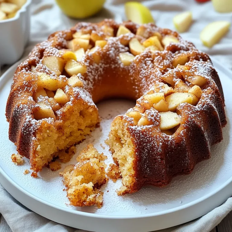 - 1 cup apple cider - 1/2 cup unsalted butter - 1 cup brown sugar - 1/2 cup granulated sugar - 3 large eggs - 1 tablespoon vanilla extract - 2 cups all-purpose flour - 1 teaspoon baking powder - 1/2 teaspoon baking soda - 1/2 teaspoon cinnamon - 1/4 teaspoon nutmeg - 1/2 teaspoon salt - 1 cup diced apples - 1/4 cup granulated sugar (for coating) - 1 teaspoon cinnamon (for coating) I love using fresh apple cider in this cake. It gives a sweet and tangy flavor. You should look for cider that has no added sugars or preservatives. It makes a big difference. Browning the butter adds a rich taste. It gives a nutty flavor that blends well with the spices. Remember, watch it closely to avoid burning. The combination of brown sugar and granulated sugar creates a perfect sweetness. Brown sugar makes the cake soft and moist. The eggs add structure and help it rise. When you mix the dry ingredients, be sure to sift them well. This step ensures no lumps. The spices, like cinnamon and nutmeg, add warmth and cozy notes. Diced apples add texture and flavor. Choose firm apples like Granny Smith or Honeycrisp. They hold their shape well when baked. Finally, the cinnamon-sugar coating gives a sweet crunch. It enhances the cake’s flavor and makes it look pretty. Enjoy gathering these ingredients. They create a delightful treat! 1. Preheat oven and grease the pan Set your oven to 350°F (175°C). Grease a 9-inch bundt pan or donut pan with non-stick spray. This helps the cake come out easily. 2. Reduce the apple cider and let it cool Pour 1 cup of apple cider into a small saucepan. Cook over medium heat until it reduces to about 1/3 cup. This takes about 10-15 minutes. Let it cool down for a bit. 3. Brown the butter and let it cool In another saucepan, melt 1/2 cup of unsalted butter over medium heat. Keep cooking until it turns golden brown and smells nutty. This should take around 5-7 minutes. Take it off the heat and let it cool slightly. 1. Combine wet ingredients and sugars In a large mixing bowl, mix the browned butter with 1 cup of brown sugar and 1/2 cup of granulated sugar. Use an electric mixer to beat until smooth. 2. Add eggs and vanilla extract Add 3 large eggs one at a time. Mix well after each egg. Then stir in 1 tablespoon of vanilla extract for that lovely flavor. 3. Sift and mix dry ingredients In another bowl, sift together 2 cups of all-purpose flour, 1 teaspoon of baking powder, 1/2 teaspoon of baking soda, 1/2 teaspoon of cinnamon, 1/4 teaspoon of nutmeg, and 1/2 teaspoon of salt. This makes sure everything mixes well. 1. Fold in diced apples and pour batter into the pan Gently fold in 1 cup of diced apples. Pour the batter into your prepared pan. Smooth the top with a spatula for an even bake. 2. Bake and check for doneness Bake in the preheated oven for 35-40 minutes if using a bundt pan, or 20-25 minutes for donuts. Check if it's done by inserting a toothpick in the center. If it comes out clean, it's ready! 3. Cool and remove from the pan Allow the cake to cool in the pan for about 10 minutes. Then, invert it onto a wire rack. This helps it cool down completely and stay fresh. For the best results, know your baking times. A bundt cake bakes for 35-40 minutes. Donuts need less time, around 20-25 minutes. Test doneness by inserting a toothpick in the center. If it comes out clean, your cake is ready. If it has wet batter, give it more time. To boost flavor, try adding spices like allspice or ginger. These add warmth and depth. You can also use different apples. Tart apples like Granny Smith give a nice contrast. Sweet apples like Fuji add extra sweetness. Mix and match to find your favorite blend. Serve your cake on a rustic wooden platter for a cozy look. Add more diced apples on top or a sprinkle of powdered sugar for charm. You can even drizzle some caramel sauce for a touch of sweetness. These small details make your cake look inviting and festive. {{image_2}} If you want a gluten-free Brown Butter Apple Cider Donut Cake, you can use almond flour instead of all-purpose flour. Almond flour gives a nice texture and flavor. You can also blend it with a gluten-free flour mix to achieve the best results. Just make sure to adjust the liquid slightly, as almond flour absorbs more moisture. You can easily add more fun to your cake. Try mixing in some chopped nuts like walnuts or pecans for a nice crunch. Chocolate chips can also make it extra special. If you want to switch things up, add diced pears along with the apples. This will give your cake a unique twist and a burst of flavor. Want to change the shape? You can make this cake as muffins instead of a bundt cake. Just fill a muffin tin and bake for about 20-25 minutes. Keep an eye on them to ensure they cook properly. If you prefer a lighter touch, set your oven to 325°F (163°C) and bake a bit longer. This way, you’ll get a lovely, soft texture. To keep your Brown Butter Apple Cider Donut Cake fresh, store it in an airtight container. You can refrigerate it for up to a week. If you need to keep it longer, freeze it. Wrap the cake tightly in plastic wrap and then place it in a freezer bag. This way, it can last for about three months without losing flavor. At room temperature, this cake lasts about three days. Make sure to keep it covered to prevent it from drying out. If your kitchen is warm or humid, refrigeration is a better option. This helps maintain its moist texture and flavor. To reheat the cake, slice it and place it in the microwave for about 10-15 seconds. This warms it gently, keeping it soft. If you prefer, you can also reheat slices in the oven. Preheat the oven to 350°F (175°C) and warm for about 5-10 minutes. This way, the cake stays fluffy and delicious. Enjoy every bite! You can tell the cake is done by checking it with a toothpick. Insert the toothpick into the center of the cake. If it comes out clean, your cake is ready. If it has wet batter on it, bake for a few more minutes. The top of the cake should also look golden brown. Yes, you can make this cake ahead of time. Bake the cake and let it cool completely. Then, wrap it in plastic wrap. Store it in the fridge for up to three days. You can also freeze the cake for up to two months. Just make sure to thaw it overnight in the fridge before serving. If you don’t have apple cider, you can use apple juice instead. The flavor may be a bit sweeter. You can also mix water with a bit of apple extract for a similar taste. Another option is to use a mix of white vinegar and water. This will give a tangy flavor similar to apple cider. Just use the same amount as the recipe calls for. This blog post covers everything you need to create a delicious apple cider cake. You learned about key ingredients, tools, and step-by-step instructions. I also shared helpful tips and variations to make your cake even better. With the right approach, you can bake a treat that impresses everyone. Don't shy away from experimenting with flavors or presentation. Enjoy the process and have fun in the kitchen! This cake can be a delightful addition to any gathering.