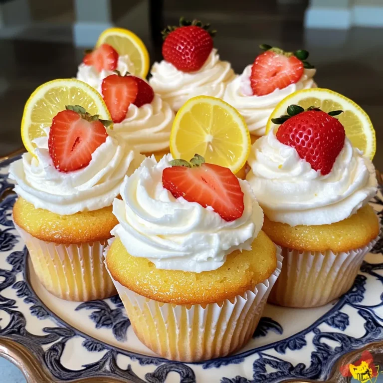 To make these delightful cupcakes, gather the following ingredients: - 1 ½ cups all-purpose flour - 1 teaspoon baking powder - ½ teaspoon baking soda - ¼ teaspoon salt - ½ cup unsalted butter, softened - 1 cup granulated sugar - 2 large eggs - 2 teaspoons lemon zest (from about 1 lemon) - 2 tablespoons fresh lemon juice - ½ cup buttermilk - 1 cup fresh strawberries, diced - 1 teaspoon vanilla extract You can make these cupcakes even if you lack some ingredients. Here are a few swaps: - Use coconut oil instead of butter for a dairy-free option. - Greek yogurt can replace buttermilk for a thicker batter. - If you don’t have fresh strawberries, frozen berries work too. Just thaw and drain them first. - Any citrus zest can replace lemon zest, like lime or orange, for a twist. Freshness is key for great flavor. Here’s how to choose the best: - Look for strawberries that are bright red and firm. Avoid any that are mushy or have dark spots. - Smell the strawberries; they should have a sweet aroma. - For lemons, choose ones that feel heavy for their size. The skin should be bright and smooth. - If you can, buy organic to avoid pesticides and enjoy better taste. These tips will help you pick the best ingredients and make your cupcakes shine! First, I set my oven to 350°F (175°C). While it warms, I line a muffin tin with cupcake liners. This keeps the cupcakes from sticking and makes for easy cleanup. Next, I grab a medium bowl. I add 1 ½ cups of all-purpose flour, 1 teaspoon of baking powder, ½ teaspoon of baking soda, and ¼ teaspoon of salt. I whisk these together until they blend well. Setting this mixture aside is key for later. In a large bowl, I put ½ cup of softened unsalted butter and 1 cup of granulated sugar. I mix them for about 3-4 minutes. This step makes the mixture light and fluffy. It’s important; it helps the cupcakes rise. I crack 2 large eggs into the butter and sugar mix. I add 2 teaspoons of lemon zest, 2 tablespoons of fresh lemon juice, and 1 teaspoon of vanilla extract. I mix well after each addition. Each flavor adds depth to the cupcakes. Now, I gradually add my dry mixture into the wet mix. I alternate this with ½ cup of buttermilk. I always start and end with the flour mix. I stir until just combined. Overmixing will make them dense. I take 1 cup of diced fresh strawberries and gently fold them into the batter. This step is fun, as I see the bright red fruit mix in. Each cupcake will have sweet bites of strawberry. I fill each liner about 2/3 full with batter. Then, I put the muffin tin in the oven. I bake for 18-22 minutes. I check by inserting a toothpick in the center. If it comes out clean, they are ready! Once baked, I let the cupcakes cool in the tin for 5 minutes. After that, I transfer them to a wire rack to cool completely. This step is crucial; it helps keep the cupcakes from getting soggy. To make your cupcakes light and fluffy, start by creaming the butter and sugar well. This step takes about 3 to 4 minutes. You want to see a pale color and a soft texture. Next, avoid over-mixing your batter after adding the flour. Mix just until combined. This helps keep air in the batter, giving you that perfect rise. For a bright lemon taste, use fresh lemon juice and lemon zest. The zest adds a powerful aroma and flavor. One lemon gives about 2 teaspoons of zest. Also, using fresh lemon juice enhances the cupcakes' freshness. Avoid bottled lemon juice, as it lacks that vibrant taste. One common mistake is not measuring ingredients correctly. Always use a kitchen scale or proper measuring cups. This ensures the right balance. Another mistake is opening the oven door too early. Wait until the time is up before checking. This helps keep the heat in, ensuring even baking. Lastly, let the cupcakes cool in the pan briefly before moving them to a wire rack. This prevents them from sticking to the liners. {{image_2}} You can easily switch up the fruit in your cupcakes. Instead of strawberries, use blueberries, raspberries, or blackberries. These fruits add their own unique taste. For example, blueberries give a sweet burst, while raspberries add a nice tartness. Just chop them up and fold them into the batter, just like you do with strawberries. This keeps the recipe fresh and exciting! While the whipped cream with strawberries is delightful, you can try different frostings. A lemon buttercream frosting pairs well with these cupcakes. Simply beat together softened butter, powdered sugar, lemon juice, and a bit of zest. For a fun twist, try a cream cheese frosting. It adds a tangy flavor that works great with the lemon in the cupcakes. You can mix in crushed fruit for extra flavor, too! If you need a gluten-free option, swap the all-purpose flour for a gluten-free blend. Look for blends that work well in baking. Make sure it has xantham gum, which helps with texture. This way, you can enjoy the same light and fluffy cupcakes without the gluten. Just follow the same steps in the recipe, and you’ll have delicious gluten-free strawberry lemonade cupcakes! Store your leftover cupcakes in an airtight container. This keeps them fresh and moist. Make sure they cool completely before sealing. If you have frosted cupcakes, place parchment paper between layers to prevent sticking. They will stay fresh for up to three days at room temperature. For longer storage, consider freezing. You can freeze your cupcakes for later enjoyment. First, let them cool completely. Then, wrap each cupcake tightly in plastic wrap. Place the wrapped cupcakes in a freezer bag or container. Label with the date. They can stay in the freezer for up to three months. When ready to eat, thaw them overnight in the fridge. To maintain freshness, keep cupcakes away from heat and sunlight. Store them in a cool, dry place. If you notice any moisture, use a paper towel to absorb it. For added flavor, frost just before serving. This keeps the frosting light and fluffy. Enjoy your strawberry lemonade cupcakes at their best! To boost the lemon flavor, add more lemon zest and juice. You can use the zest of two lemons instead of one. This will give your cupcakes a bright and fresh taste. You can also add lemon extract for an extra kick. Remember to balance the flavors so they shine through without being too tart. Yes, you can make these cupcakes ahead of time. Bake them a day or two in advance. Just store them in an airtight container at room temperature. If you plan to frost them later, wait until they cool completely. This keeps the frosting from melting and losing its shape. Store frosted cupcakes in an airtight container. Place parchment paper between layers if stacking them. This keeps the frosting intact and fresh. They can stay at room temperature for a day. If you need to keep them longer, store them in the fridge. Just ensure they are covered to prevent drying out. Buttermilk adds moisture to the cupcakes and makes them fluffy. However, if you don’t have buttermilk, you can make your own. Mix one cup of milk with one tablespoon of vinegar or lemon juice. Let it sit for 5-10 minutes. This creates a similar tangy effect to buttermilk. You now have a complete guide to making delicious strawberry lemon cupcakes. We covered the key ingredients, detailed steps to bake them perfectly, and shared helpful tips for success. Remember, fresh strawberries and lemons can make a big difference. Don't forget to try different fruit flavors or frosting ideas for fun variations. Storing your cupcakes right keeps them fresh longer. Enjoy the baking process, and let your creativity shine! Your homemade treats will surely impress everyone. Happy baking!