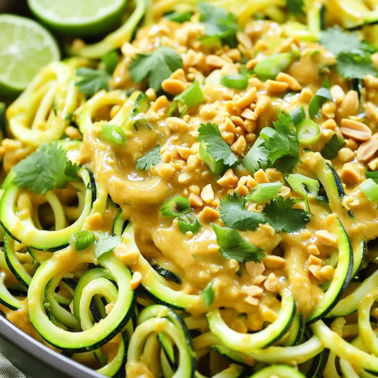 - 2 medium zucchinis, spiralized - 1 cup crunchy peanut butter - 1 tablespoon soy sauce (or tamari for gluten-free) - 1 tablespoon maple syrup - 1 tablespoon lime juice - 1 teaspoon sesame oil - 1 tablespoon sriracha (adjust to spice preference) - 1/4 cup water (to thin the sauce) These main ingredients create a fresh and tasty dish. Zucchini is the star, acting as the noodles. It's low in calories and full of nutrients. The peanut butter gives richness, while soy sauce adds saltiness. Maple syrup brings a touch of sweetness, balancing the flavors. Lime juice adds brightness, and sesame oil gives depth. Sriracha adds heat, making it fun and exciting. Adjust the spice to your liking by adding more or less sriracha. - Fresh cilantro - Green onions - Crushed peanuts Garnishes take this dish to the next level. Fresh cilantro adds a burst of flavor and color. Green onions bring a mild onion taste. Crushed peanuts give a nice crunch, enhancing the texture. These toppings not only look great but also add layers of flavor. Feel free to add more garnishes if you like! To make zucchini noodles, you can spiralize them. This tool creates long, thin noodles that mimic pasta. If you don't have a spiralizer, you can julienne the zucchinis. Just cut them into thin strips. Both methods work well, so choose what you have. In a medium bowl, start mixing your peanut butter, soy sauce, maple syrup, lime juice, sesame oil, and sriracha. Use a whisk to blend these ingredients until they are smooth. If the sauce is too thick, add water a little at a time. This helps you reach a nice, creamy consistency. You want it just thin enough to coat the noodles. Once your zucchini noodles are ready, add them to a large mixing bowl. Pour the peanut sauce over the noodles. Toss everything together until the noodles are fully coated. Then, fold in the chopped cilantro and green onions for some fresh flavor. Finally, serve your dish right away. Top with crushed peanuts for a crunchy finish. Enjoy your meal! To make the best peanut sauce, focus on the thickness. Start with crunchy peanut butter for texture. Whisk in soy sauce, maple syrup, lime juice, sesame oil, and sriracha. Slowly add water until it coats the noodles well. You want it smooth but not too runny. If you like heat, add more sriracha for spice. A spiralizer is my go-to tool for making zucchini noodles. It creates long, thin strands quickly. I recommend using a simple handheld spiralizer. If you don't have one, slice the zucchini into thin strips with a knife. Julienne cuts work well, too. These noodles shine on their own but pair well with grilled chicken or shrimp. They also work great as a side dish. This meal is fantastic for meal prep. You can store the noodles and sauce separately. Just toss them together before serving for a fresh meal. {{image_2}} You can easily make this dish gluten-free by using tamari instead of soy sauce. Tamari tastes great and keeps your meal safe for those with gluten issues. It still brings that salty kick that pairs well with peanut butter. Just swap it in and enjoy your noodles with no worries. If you need a nut-free version, try using sunflower seed butter or tahini. Both can mimic the creamy texture of peanut butter. You can also use a soy-based sauce for flavor. This way, you keep the taste enjoyable while avoiding nuts. Want to boost your meal? Adding protein is a great option. You can toss in cooked chicken, tofu, or shrimp. Cook your protein separately and mix it into the noodles before serving. This makes your dish hearty and satisfying. Plus, it adds more flavor to your Thai peanut zucchini noodles! Store any extra Thai peanut zucchini noodles in an air-tight container. This keeps them fresh. Make sure to seal the lid tightly. You can use glass or plastic containers. Glass is great for easy cleaning. If you have a lot of leftovers, separate them into smaller portions. This makes it easy to grab a quick meal later. To warm up your noodles, I recommend using a pan. Heat it on low. Add a splash of water to help them steam. Stir gently until they are warm. This keeps the noodles from getting mushy. You can also use a microwave. Place the noodles in a bowl and cover them loosely. Heat in short bursts, checking often to avoid overheating. These noodles stay fresh for about three days in the fridge. After that, they may lose their texture and flavor. If you see any signs of spoilage, like a sour smell, it’s best to toss them. Always trust your senses. Enjoy your meal while it’s at its best! Yes, you can make this dish in advance. However, I suggest you keep the noodles and sauce separate. When you mix them together, the noodles can get soggy. Store the sauce in an airtight container in the fridge. Then, when you're ready to eat, just toss the noodles with the sauce. It will taste fresh and delicious! If you need a substitute for peanut butter, try almond butter or sunbutter. Both options give a creamy texture. You can also use tahini for a nut-free choice. Just remember that each swap will change the flavor a bit. Adjust the other ingredients to fit your taste. Yes, this recipe is vegan! All the ingredients, like zucchini and peanut butter, fit a vegan diet. Just use tamari instead of soy sauce if you are gluten-free. Feel free to enjoy this healthy dish without any worries! To make it less spicy, reduce the amount of sriracha in the sauce. Start with just a teaspoon and taste it. You can always add more if you want. Another tip is to add more peanut butter or maple syrup. This will balance the heat and give you a milder flavor. I do not recommend freezing zucchini noodles. They can become watery when thawed. Instead, make them fresh and eat them right away. If you have leftovers, store them in the fridge and enjoy them within a few days. In this blog post, we explored a delicious zucchini noodle dish made with peanut sauce. We covered the main ingredients, including zucchini, peanut butter, and soy sauce. You learned how to prepare, mix, and serve the dish with great garnishes. Remember, you can customize the sauce for spice and enjoy various protein options. This recipe works well for meal prep and stays fresh in the fridge. Try making it your own, and enjoy the tasty results!