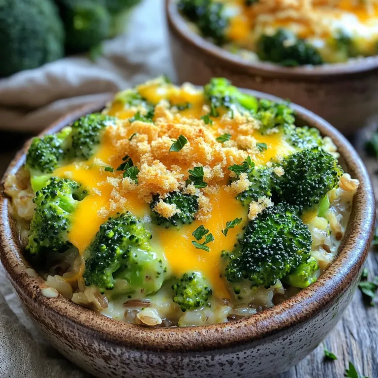 - 2 cups broccoli florets, fresh or frozen - 1 cup uncooked brown rice - 3 cups vegetable broth - 1 cup cream of mushroom soup - 1 cup shredded cheddar cheese - 1/2 cup onion, finely chopped - 3 cloves garlic, minced - 1 teaspoon dried thyme - 1/2 teaspoon black pepper - Salt to taste - 1/4 cup breadcrumbs (for topping, optional) - 2 tablespoons olive oil Broccoli is the star of this dish. It adds color and nutrition. You can use fresh or frozen broccoli. Fresh gives a nice crunch, while frozen saves time. Brown rice brings fiber and a nutty flavor. It takes longer to cook, but it’s worth it for the texture. Cream of mushroom soup makes the dish creamy and rich. You can choose homemade or store-bought, depending on your time. Cheddar cheese adds a wonderful melty touch. I like to mix it in at the end for a gooey finish. The onion and garlic give a savory base. The thyme adds a hint of earthiness, while black pepper and salt enhance all the flavors. Breadcrumbs are optional but add a nice crunch on top. If you're vegan, use coconut cream instead of cream of mushroom soup. Replace cheese with a vegan cheese option. For gluten-free eaters, swap brown rice for quinoa. Use gluten-free breadcrumbs for the topping. If you have allergies, you can omit the onion and garlic. The dish will still taste great with just the broccoli and rice. Start by greasing your slow cooker with olive oil. This step helps keep the casserole from sticking. A light coat is all you need. This makes cleanup easier later. Now, it’s time to mix the main ingredients. In the slow cooker, add 1 cup of uncooked brown rice. Then, toss in the chopped onion and minced garlic. Next, add 2 cups of broccoli florets. You can use fresh or frozen broccoli. Pour in 3 cups of vegetable broth and 1 cup of cream of mushroom soup. Sprinkle in 1 teaspoon of dried thyme, 1/2 teaspoon of black pepper, and some salt to taste. Stir everything well to combine all the flavors. Cover the slow cooker with its lid. Set it on low heat and let it cook for 4 to 5 hours. This time allows the rice to cook and absorb the broth. Check the rice for tenderness before moving on to the next step. Once the rice is tender, it’s cheese time! Stir in 3/4 cup of shredded cheddar cheese. Mix until the cheese melts and blends in. If you want a crispy topping, sprinkle the top with 1/4 cup of breadcrumbs and the rest of the cheese. Cover and cook on high for another 15 to 20 minutes. This makes the cheese bubbly and the breadcrumbs golden. When it’s done, turn off the slow cooker. Let the casserole sit for a few minutes. Fluff it with a fork to make it light and airy. Serve it in bowls or plates. For a nice touch, add a sprinkle of fresh parsley or a drizzle of olive oil. Enjoy your creamy broccoli rice casserole! To get the best texture, choose brown rice. It cooks slower and becomes tender. Start by greasing your slow cooker with olive oil. This keeps the casserole from sticking. Stir all the ingredients well before cooking. This helps rice cook evenly. After cooking, let it sit for a few minutes. This allows the flavors to blend and the texture to settle. One common mistake is not rinsing the rice. Rinsing removes extra starch, helping the rice stay fluffy. Another mistake is cooking on high heat for too long. Low heat is key for a creamy texture. Avoid overcooking the broccoli. It should stay bright green and tender, not mushy. Lastly, don't skip the cheese. It adds creaminess and flavor. Herbs and spices can elevate your dish. Dried thyme gives a wonderful earthy taste. You can also add garlic powder for a stronger flavor. If you like warmth, try a pinch of cayenne pepper. Fresh herbs like parsley or basil can brighten the dish. Add them right before serving for the best flavor. {{image_2}} You can easily make this casserole vegetarian or vegan. Replace the cream of mushroom soup with a plant-based version or a homemade blend of blended mushrooms and coconut milk. For the cheese, use a vegan cheese substitute that melts well. This way, you keep all the creamy goodness but cater to your diet. For a heartier meal, add chicken or tofu. If you choose chicken, use cooked, shredded chicken. Stir it in during the last hour of cooking. For tofu, press it to remove excess moisture, then cube it and add it with the other ingredients. Both options add protein and make the dish more filling. To make this dish gluten-free, use gluten-free cream of mushroom soup. You can also substitute brown rice with quinoa or a gluten-free rice blend. Be sure to check all labels for gluten-free status. These swaps will keep the dish safe and enjoyable for those with gluten allergies. To store the creamy broccoli rice casserole, let it cool first. Place leftovers in an airtight container. This helps keep the flavors fresh. Store it in the fridge for up to three days. Always check for signs of spoilage before eating. If it smells off or looks strange, toss it. You can freeze the casserole if you want to save some for later. First, let it cool completely. Then, divide it into portions. Use freezer-safe containers or bags to prevent freezer burn. It can last in the freezer for up to three months. When you're ready to eat, thaw it overnight in the fridge. When reheating, aim for even warmth. You can use the microwave or the oven. If using the microwave, heat in short bursts. Stir often to avoid hot spots. If using the oven, cover with foil to keep it moist. Heat at 350°F until hot throughout. Adding a splash of broth can help restore creaminess. It takes about 4 to 5 hours on low heat. You want the rice to be soft and the flavors to blend. No, I do not recommend instant rice. It cooks too quickly and may turn mushy. Brown rice absorbs the broth better and adds nice texture. Yes, you can prepare it a day before. Just store it in the fridge. When ready to cook, add a bit more broth if needed. To make it creamier, add more cream of mushroom soup or a splash of milk. You can also mix in extra cheese right before serving. This casserole pairs well with a fresh salad or grilled chicken. You can also enjoy it alone as a satisfying meal. This blog post covered ingredients, cooking steps, and important tips. You learned how to prepare a tasty slow cooker dish with key ingredients and variations. Remember to think about dietary needs when choosing ingredients. Use the cooking tips to achieve the best texture and flavor. Store leftovers properly to enjoy them later. Preparing meals ahead of time can save you effort during busy days. With these steps, you can create a flavorful meal everyone will love.