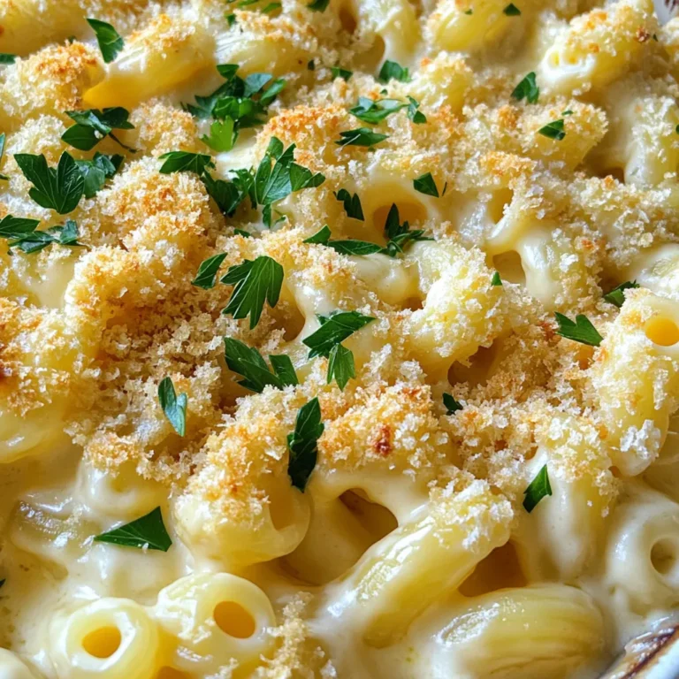 To make this creamy delight, you need: - 8 ounces elbow macaroni - 2 tablespoons unsalted butter - 2 tablespoons all-purpose flour - 2 cups whole milk - 1 cup shredded white cheddar cheese - 1 cup shredded Gruyère cheese - 1 teaspoon Dijon mustard - ½ teaspoon garlic powder - ½ teaspoon onion powder - Salt and pepper to taste - ½ cup breadcrumbs (panko for extra crunch) - 2 tablespoons chopped fresh parsley (for garnish) Each ingredient plays a key role. The macaroni holds the sauce well. The butter and flour create a rich roux. The white cheddar and Gruyère provide a deep, creamy flavor. The seasonings add depth, while the breadcrumbs give a nice crunch. You can make your mac and cheese even better with these toppings: - Extra cheese (like Parmesan or mozzarella) - Crispy bacon bits - Cooked and chopped vegetables (like broccoli or peas) - Hot sauce for a kick These add-ons can change the dish's flavor and texture. Feel free to mix and match based on your taste. If you need to swap out some ingredients, here are some ideas: - Use gluten-free pasta if needed. - Swap whole milk for low-fat milk or almond milk. - Try different cheeses, like sharp cheddar or Monterey Jack. - Use olive oil instead of butter for a dairy-free option. These swaps can help you cater to dietary needs. They can also give a new twist to this classic dish. Start by boiling salted water in a large pot. Add 8 ounces of elbow macaroni. Cook the pasta until it's al dente, following the package instructions. This usually takes about 8 to 10 minutes. Drain the pasta and set it aside. In the same pot, melt 2 tablespoons of unsalted butter over medium heat. Once it’s melted, whisk in 2 tablespoons of all-purpose flour. Cook this mixture for about 2 to 3 minutes until it turns lightly golden. Next, slowly pour in 2 cups of whole milk while whisking. This helps to avoid lumps. Cook for about 5 minutes until the mix thickens. Then, reduce the heat to low and stir in 1 cup of shredded white cheddar cheese and 1 cup of shredded Gruyère cheese. Keep stirring until the cheese melts and the sauce is smooth. Finally, add 1 teaspoon of Dijon mustard, ½ teaspoon of garlic powder, and ½ teaspoon of onion powder. Season with salt and pepper to taste. Fold the cooked macaroni into the cheese sauce. Make sure every piece of pasta is well coated. Preheat your oven to 350°F (175°C). Transfer the mac and cheese into a baking dish. In a small bowl, mix ½ cup of breadcrumbs with a little olive oil. Sprinkle this over the mac and cheese for a crunchy topping. Bake it in the oven for 20 to 25 minutes. You want the top to be golden brown and crispy. Once baked, let it sit for a few minutes. Garnish with 2 tablespoons of chopped fresh parsley before serving. Enjoy your creamy white cheddar mac and cheese! To get that creamy texture, you must use whole milk. It adds richness. When you make your roux, cook it just enough to turn golden. Don't rush this step. Slowly whisk in the milk. This helps avoid lumps. Stir the cheese in on low heat. This keeps the cheese from clumping. Use fresh cheese, as it melts better than pre-shredded. If you have leftovers, let them cool first. Place them in an airtight container. You can store them in the fridge for up to three days. When you want to reheat, add a splash of milk. This keeps it creamy. Heat it slowly on low heat. Stir often to avoid burning. To amp up the flavor, try adding spices. Smoked paprika gives a nice touch. You can also use fresh herbs like thyme or rosemary. A pinch of cayenne pepper adds heat without being too spicy. Always taste as you go. Adjust salt and pepper to make it just right. {{image_2}} You can boost your mac and cheese by adding protein. Chicken is a great choice. Cook it first, then chop it into small pieces. Stir it into the cheese sauce before adding the pasta. Bacon adds a smoky flavor. Cook bacon until crispy, chop it, and mix it in. These proteins make your dish heartier and more filling. Adding veggies can make your dish healthier. Broccoli is a popular choice. Steam or blanch it first, then mix it in with the pasta. It adds color and crunch. Spinach is another great option. You can add it fresh or sauté it until wilted. Both options give you extra nutrients and flavor. While white cheddar and Gruyère are delicious, you can mix it up. Try mixing in Monterey Jack for a creamier taste. Add some Parmesan for a salty kick. You could even use mozzarella for a stretchy texture. Experiment with your favorite cheeses to create a unique flavor. Each blend offers a different twist on the classic dish. Creamy White Cheddar Mac and Cheese pairs well with many foods. Try crispy bacon bits for a salty crunch. You can also add fresh herbs like basil or chives for a pop of flavor. A sprinkle of chili flakes can add some heat if you like spice. Serve your mac and cheese with a light salad. A simple green salad with vinaigrette works great. Roasted vegetables are also a tasty choice. Try seasoned broccoli or carrots for a healthy touch. You can even serve it with garlic bread for a comforting meal. For wine lovers, choose a Chardonnay. It complements the cheese well with its creamy taste. A light Pinot Grigio also works if you prefer something crisper. If you enjoy red wine, a light Merlot can balance the dish nicely. Yes, you can make this dish ahead of time. Cook the pasta and cheese sauce as usual. After combining them, let the mix cool. Cover it and store it in the fridge for up to two days. When ready to eat, bake it until hot and bubbly. This method saves time on busy days. To make your mac and cheese creamier, use high-fat milk. Whole milk gives a rich texture. You can also add more cheese. Mixing in cream cheese or sour cream works wonders too. Another tip is to stir the pasta in the cheese sauce while it's warm. This helps the sauce cling better. Yes, you can use other pasta types. Shells, cavatappi, or even penne work well. Choose pasta shapes that hold sauce well. Adjust the cooking time based on the pasta you use. Just ensure it’s cooked al dente to avoid mushiness in the final dish. This blog post covered all you need for creamy white cheddar mac and cheese. We reviewed key ingredients, cooking steps, and tips for the best texture. I shared ways to mix in proteins and veggies for a twist. You discovered perfect sides and wine to pair with your dish. In conclusion, making this mac and cheese can be fun and flexible. Experiment with flavors and enjoy your meal!
