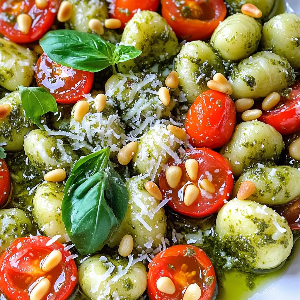 When choosing gnocchi, you have two great options: fresh or frozen. Fresh gnocchi cooks fast, taking only about 2-3 minutes in boiling water. It has a soft texture and rich flavor. I love using fresh gnocchi when I can find it. Frozen gnocchi is convenient and lasts longer. It takes a bit more time to cook, about 3-5 minutes. It also works well in this dish. So, choose what fits your needs best! This dish shines with just a few key ingredients: - 1 package (16 oz) gnocchi, fresh or frozen - 1 cup basil pesto (store-bought or homemade) - 1/2 cup grated Parmesan cheese - 1/4 cup toasted pine nuts - 2 tablespoons olive oil - 1 cup cherry tomatoes, halved - Salt and pepper to taste The basil pesto brings a fresh herb taste. Grated Parmesan adds a nice salty kick. Olive oil keeps the gnocchi from sticking and adds richness. Cherry tomatoes give the dish a sweet burst. To make your dish look and taste even better, consider adding these garnishes: - Fresh basil leaves for a pop of color and flavor - Extra grated Parmesan for richness - A sprinkle of red pepper flakes for some heat These toppings can elevate your meal. They are simple but make a big difference! To start, you need a big pot of water. Add salt to it and bring it to a boil. If you have fresh gnocchi, cook it for 2 to 3 minutes. Frozen gnocchi takes a bit longer, about 3 to 5 minutes. You know it's ready when the gnocchi floats to the top. This means they are done. Once cooked, drain the gnocchi in a colander. Return them to the pot right away. Now, add 2 tablespoons of olive oil to the hot gnocchi. This helps keep them from sticking. Next, stir in 1 cup of basil pesto. Mix gently to coat every piece of gnocchi well. After that, sprinkle in 1/2 cup of grated Parmesan cheese and 1/4 cup of toasted pine nuts. Toss everything again to combine. Finally, add 1 cup of halved cherry tomatoes. These add a fresh pop of flavor. Season your dish with salt and pepper to taste. To serve, scoop the gnocchi into bowls or a nice platter. For a pretty touch, add more grated Parmesan on top. Don’t forget to sprinkle some fresh basil leaves for color and taste. This makes your dish look stunning and appetizing. Enjoy your meal! To keep your gnocchi from sticking, focus on two key steps. First, make sure to use plenty of salted water when boiling. The salt helps flavor the gnocchi while cooking. Second, once you drain them, add olive oil right away. This oil creates a barrier that prevents sticking. Toss them gently in the pot to coat evenly. You can boost the flavor of your gnocchi easily. Here are some ideas: - Use fresh basil for a pop of taste. - Add garlic while cooking the gnocchi for depth. - Mix in some red pepper flakes for heat. - Try different nuts, like walnuts or pecans, for a unique twist. - Experiment with various cheeses, such as Pecorino or Asiago. You can prep this meal ahead to save time. Cook the gnocchi and toss them in olive oil. Store them in an airtight container in the fridge for up to two days. When ready to eat, just reheat them in a pan. Add the pesto, cheese, and tomatoes before serving. This method keeps your meal quick and tasty. {{image_2}} If you want to mix it up, try different pestos. You can use sun-dried tomato pesto for a rich flavor. Another option is arugula pesto, which gives a peppery twist. You might even enjoy a spinach pesto for a lighter taste. Each type adds a unique spin to your Minute Pesto Parmesan Gnocchi. Experiment and find your favorite! Adding protein makes this dish even heartier. Cooked chicken works well and adds great flavor. Shrimp is another tasty option; it cooks quickly and pairs perfectly. For a meatless meal, try chickpeas or white beans. They add protein and a nice texture. Just toss them in after the pesto for a filling meal! How you serve this dish can make it special. Try serving it in a large bowl with extra grated Parmesan on top. You can also add a drizzle of olive oil for shine. Consider garnishing with fresh basil leaves for color and flavor. For a fun twist, serve it in a roasted pepper or zucchini boat. The options are endless, so get creative! After enjoying your Minute Pesto Parmesan Gnocchi, you might have some left. To store it, place the gnocchi in an airtight container. This helps keep flavors fresh and prevents drying out. You can keep it in the fridge for up to three days. Make sure to let it cool down first before sealing the container. When it's time to enjoy your leftovers, you want them to taste just as good. You can reheat gnocchi in a few ways. The best method is to heat them in a skillet. Add a splash of olive oil over medium heat. Stir gently until they warm up. This keeps them soft and tasty. You can also use the microwave. Just place them in a microwave-safe bowl, cover it, and heat for about one minute. Check if they are warm enough and add more time if needed. If you want to store gnocchi for a longer time, freezing is a great option. First, cook the gnocchi according to package directions. After cooking, let them cool completely. Spread them in a single layer on a baking sheet. Freeze for about one hour. Once they are firm, transfer them to a freezer-safe bag or container. Label it with the date. They can stay frozen for up to three months. When you're ready to eat, cook them straight from frozen in boiling water. This way, they stay tasty and fresh! I recommend using fresh gnocchi when possible. Fresh gnocchi cooks quickly and has a soft texture. If fresh is not available, frozen gnocchi works well too. Just remember to cook it longer, about 3 to 5 minutes. Both types absorb flavors nicely, making them great for this dish. Yes, you can make this dish vegan! To do this, skip the Parmesan cheese or use a vegan cheese alternative. You can also replace the pesto with a vegan option made from nuts, herbs, and olive oil. This keeps the dish tasty and plant-based, perfect for everyone. Cooked gnocchi lasts about 3 to 5 days in the fridge. Store it in an airtight container to keep it fresh. When you’re ready to eat, just reheat it in a pan or microwave. This way, you enjoy your delicious meal again without much fuss. In this post, we explored how to make delicious gnocchi from selection to storage. You learned about fresh and frozen gnocchi, essential ingredients, and how to balance flavors. I shared tips to avoid stickiness and ways to store leftovers. Try adding your favorite proteins and sauces for a twist! With these steps, you can enjoy great gnocchi any day. Enjoy cooking and experimenting to find your perfect dish!