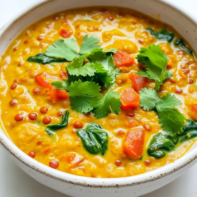 To make a great one-pot creamy red lentil curry, you need the following: - 1 cup red lentils, rinsed - 1 medium onion, diced - 2 garlic cloves, minced - 1-inch piece of ginger, grated - 1 tablespoon curry powder - 1 teaspoon cumin seeds - 1 can (400ml) coconut milk - 2 cups vegetable broth - 1 large tomato, diced - 1 cup spinach, fresh or frozen - 1 tablespoon olive oil - Salt and pepper to taste - Fresh cilantro for garnish These ingredients create a flavorful and creamy dish. The red lentils cook quickly and add protein. Coconut milk gives a rich texture. The spices make it warm and inviting. You can enhance your curry with these optional ingredients: - 1 cup chopped carrots or bell peppers - 1 tablespoon lemon juice - 1 teaspoon turmeric - A pinch of red chili flakes for heat Adding these can change the taste in fun ways. Carrots or peppers add crunch. Lemon juice brightens the flavor. Turmeric adds color and health benefits. When shopping for ingredients, focus on freshness and quality: - Choose lentils that are bright in color, not dull. - Pick firm tomatoes that feel heavy for their size. - Fresh herbs should look vibrant, with no browning. - Opt for full-fat coconut milk for the best creaminess. Quality ingredients make a big difference in taste. Always check for the best options. This small effort pays off in the final dish. To make this dish, you need to gather your ingredients. Start by rinsing 1 cup of red lentils. Dice 1 medium onion and 1 large tomato. Mince 2 garlic cloves and grate a 1-inch piece of ginger. Measure out 1 tablespoon of curry powder and 1 teaspoon of cumin seeds. Lastly, have 1 can of coconut milk and 2 cups of vegetable broth ready. 1. Heat the Oil: In a large pot, add 1 tablespoon of olive oil. Turn the heat to medium. 2. Sauté the Spices: Once the oil is hot, add the cumin seeds. Sauté them for 1 minute until they smell good. 3. Add Aromatics: Next, add the diced onion, minced garlic, and grated ginger. Sauté this mix for 3-4 minutes until the onion turns clear. 4. Bloom the Spices: Stir in the curry powder now. Cook for another minute so the spices can release their flavors. 5. Combine Ingredients: Add the rinsed red lentils, diced tomato, coconut milk, and vegetable broth to the pot. Give everything a good stir. 6. Simmer the Mixture: Bring the pot to a boil. Then, reduce the heat to low. Cover the pot and let it simmer for 20-25 minutes. Stir occasionally until the lentils become soft. 7. Add Spinach: When the lentils are cooked, toss in 1 cup of spinach. Stir until it wilts. Add salt and pepper to taste. Once ready, ladle the curry into bowls. Garnish with fresh cilantro on top. Serve warm and enjoy! To get perfectly cooked lentils, always rinse them well before cooking. This removes excess starch. Use a pot with enough space for lentils to expand. Cooking them in vegetable broth adds rich flavor. Keep an eye on the time; about 20-25 minutes should do. Stir occasionally to prevent sticking. If they get too thick, add a little more broth or water. One common mistake is not rinsing the lentils. This can lead to a gummy texture. Another mistake is cooking them too long. They can turn mushy if overcooked. Don’t skip the spices, either! They are crucial for flavor. Lastly, avoid using too much heat. Cooking on low helps blend all the flavors well. To boost flavor, try adding a squeeze of lime juice before serving. Fresh herbs like cilantro elevate the dish, too. You could also add a dash of chili powder for some heat. If you love garlic, toss in an extra clove or two. For a richer taste, consider adding a dollop of yogurt on top. These simple tweaks can make your curry shine! {{image_2}} You can add protein to your curry easily. Try adding cooked chicken, shrimp, or tofu. Each option brings its own taste. For chicken, use shredded or diced pieces. For shrimp, add them in the last few minutes of cooking. Tofu should be cubed and can be added early on to soak in flavor. This curry is already vegan with red lentils and coconut milk. To keep it vegetarian, add yogurt or cheese for creaminess. You can also use vegetable broth for a richer taste. Mix in veggies like bell peppers or peas to boost nutrition. Each choice adds color and flavor to your dish. You can adjust the spice level easily. For a mild curry, skip the cumin seeds and use less curry powder. If you like heat, add chopped chili peppers or cayenne pepper. You can also add fresh ginger for a spicy kick. Taste as you go to find your perfect heat level. To store your One-Pot Creamy Red Lentil Curry, let it cool first. You can keep it in an airtight container. Place it in the fridge for up to four days. If you want to enjoy it later, this curry freezes well too. Just make sure it cools completely before freezing it. When you're ready to eat your leftovers, reheat them gently. Pour the curry into a pot over medium heat. Stir often to prevent sticking. You can also add a splash of water or coconut milk to keep it creamy. Heat until warm, and enjoy! If you decide to freeze your curry, use freezer-safe containers. Leave some space at the top for expansion. It’s best to eat frozen curry within three months for the best taste. When you’re ready to use it, thaw it in the fridge overnight. Then, reheat as mentioned above for a quick meal. Yes, you can use other lentils, but red lentils work best. They cook fast and break down, giving the curry a creamy texture. If you use green or brown lentils, they will take longer to cook. Adjust the cooking time to ensure they are tender. To make the curry creamier, add more coconut milk. You can also stir in some yogurt or cashew cream for extra richness. If you blend a portion of the lentils, it will create a smooth, creamy base. Just remember to mix it well. This curry pairs well with rice or naan bread. You can also serve it with a fresh salad for a nice crunch. If you want more protein, add grilled chicken or chickpeas on the side. Feel free to mix and match! Cooking lentils usually takes 20 to 25 minutes. Red lentils cook faster than other types. Make sure to rinse them before cooking. This helps remove any dust and improves the flavor. Always check for tenderness as they cook. In this blog post, we covered how to make a delicious One-Pot Creamy Red Lentil Curry. We explored essential and optional ingredients, focusing on quality choices. I provided step-by-step cooking instructions and tips for perfectly cooked lentils. We also looked at tasty variations and safe storage methods. Always remember, cooking is about joy and creativity. Experiment with flavors and enjoy every bite of your dish!
