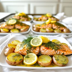 - 4 salmon fillets - 1 lb baby potatoes, halved - 3 tablespoons olive oil - 2 tablespoons fresh lemon juice - 1 lemon, thinly sliced - 2 tablespoons fresh dill, chopped - 3 cloves garlic, minced - Salt and pepper to taste Gathering the right ingredients is key for this dish. Start with fresh salmon fillets. Look for fillets that are bright and firm. Next, select baby potatoes. These small potatoes roast well and stay tender. You will need olive oil for flavor and moisture. Fresh lemon juice adds brightness. Don't forget the lemon slices; they give a lovely aroma. Fresh dill brings a unique taste that pairs well with salmon. Garlic adds depth to the dish. Use fresh cloves for the best flavor. Finally, season with salt and pepper to enhance all the tastes. Once you have everything, you’re ready to create a delightful meal. Each ingredient plays a role in making your dish bright, fresh, and delicious. 1. Preheat the oven and prepare the baking sheet Start by preheating your oven to 425°F (220°C). This step is key for crispy potatoes and juicy salmon. Next, line a large baking sheet with parchment paper. This makes cleanup easy after cooking. 2. Toss the baby potatoes with olive oil and seasoning In a large bowl, add 1 pound of halved baby potatoes. Pour in 2 tablespoons of olive oil. Add minced garlic, salt, and pepper to taste. Toss everything together until the potatoes are well coated. 3. Prepare the lemon dill mixture for salmon In a small bowl, mix together 1 tablespoon of olive oil, 2 tablespoons of fresh lemon juice, chopped dill, salt, and pepper. Whisk it well. This mixture adds a bright flavor to the salmon. 1. Roast the potatoes Spread the seasoned baby potatoes on one side of the baking sheet in a single layer. Place them in the preheated oven and roast for 15 minutes. This gives them a nice golden crust. 2. Add salmon and lemon slices After 15 minutes, take out the baking sheet. Make some space beside the potatoes for the salmon fillets. Place 4 salmon fillets on the sheet. Drizzle the lemon dill mixture over each fillet. Lay thin lemon slices on top of the salmon for added zest. 3. Final roasting and resting time Return the baking sheet to the oven. Roast for another 12 to 15 minutes, or until the salmon flakes easily with a fork. Once done, take it out and let it rest for a couple of minutes. This helps keep the salmon moist and flavorful. - Ensuring crispy potatoes: To get crispy potatoes, cut them in half and toss them well. Use enough olive oil to coat each piece. Spread them out on the baking sheet. Make sure they are not touching. This helps them cook evenly. Roast them for 15 minutes before adding the salmon. - Perfectly cooked salmon: For perfect salmon, check its thickness. Thinner fillets cook faster. After adding the salmon to the baking sheet, drizzle the lemon dill mixture over it. This adds flavor and moisture. Bake for 12-15 minutes until the salmon flakes easily with a fork. - Pairing ideas: This dish pairs well with a light salad or quinoa. The fresh taste of lemon and dill complements many sides. You might also try a creamy cucumber salad. - Side dishes for a complete meal: Serve with steamed green beans or roasted asparagus. These sides add color and nutrition. They also balance the richness of the salmon. Don't forget some crusty bread to soak up the juices! {{image_2}} You can switch up the salmon in this dish. Try trout or cod for a new taste. Both fish cook well and keep the meal light. If you want a plant-based option, use firm tofu. It absorbs flavors nicely and is easy to prepare. You can also change the herbs. If you don’t have dill, try parsley or basil. Thyme works well, too. Each herb brings its own flavor, making the dish feel fresh and new. Adding more veggies is a great way to make this dish your own. You can toss in asparagus, green beans, or bell peppers. Just be sure to cut them into small pieces so they cook evenly. Want to spice things up? You can adjust the heat level. Add red pepper flakes for a kick or sprinkle in paprika for a smoky flavor. This makes the meal fun and exciting for your taste buds. To store your leftover Sheet-Pan Lemon Dill Salmon with Potatoes, first cool it down. Place the salmon and potatoes in an airtight container. You can keep them in the fridge for up to three days. Make sure to separate the salmon from the potatoes to keep both fresh. If you want to store them longer, freezing is a good option. For freezing, wrap each salmon fillet in plastic wrap. Then, place them in a freezer-safe bag. Do the same with the potatoes. They can last in the freezer for up to three months. Remember to label the bags with the date. For the best flavor when reheating, use the oven. Preheat it to 350°F (175°C). Place the salmon and potatoes on a baking sheet. Cover them with foil to keep moisture in. Heat for about 10-15 minutes or until warmed through. You can also use a microwave, but this may dry out the salmon. If you choose this method, use a microwave-safe dish and cover it. Heat in short bursts of 30 seconds to avoid overcooking. Enjoy your meal as if it were fresh! How long does it take to cook salmon on a sheet pan? It takes about 27-30 minutes to cook salmon on a sheet pan. First, roast the potatoes for 15 minutes. Then, add the salmon and cook for another 12-15 minutes. Can I use frozen salmon for this recipe? Yes, you can use frozen salmon. Just make sure to thaw it first for even cooking. If you cook it from frozen, add a few extra minutes to the cooking time. What other seasonings can I add? You can get creative with seasonings! Try adding paprika, thyme, or rosemary. Each of these can enhance the flavor of the salmon and potatoes. How do I know when the salmon is done cooking? The salmon is done when it flakes easily with a fork. It should reach an internal temperature of 145°F (63°C). Keep an eye on it as it cooks to avoid overcooking. This recipe shows how to make a tasty salmon dish with potatoes. You learned about the key ingredients and straightforward steps for cooking. Remember to crisp the potatoes and cook the salmon just right. You can customize it with different herbs or sides. Leftovers can be stored well and reheated easily. With this guide, you'll create a delicious meal that pleases everyone. Enjoy making this dish and sharing it with friends and family!