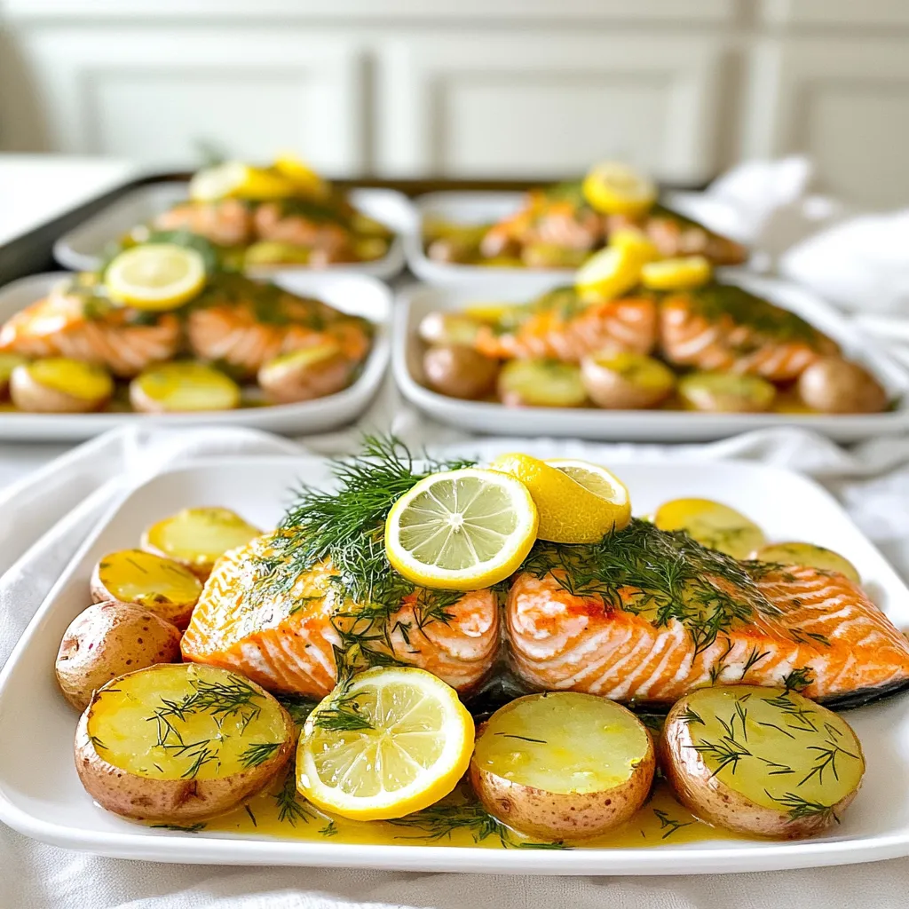 - 4 salmon fillets - 1 lb baby potatoes, halved - 3 tablespoons olive oil - 2 tablespoons fresh lemon juice - 1 lemon, thinly sliced - 2 tablespoons fresh dill, chopped - 3 cloves garlic, minced - Salt and pepper to taste Gathering the right ingredients is key for this dish. Start with fresh salmon fillets. Look for fillets that are bright and firm. Next, select baby potatoes. These small potatoes roast well and stay tender. You will need olive oil for flavor and moisture. Fresh lemon juice adds brightness. Don't forget the lemon slices; they give a lovely aroma. Fresh dill brings a unique taste that pairs well with salmon. Garlic adds depth to the dish. Use fresh cloves for the best flavor. Finally, season with salt and pepper to enhance all the tastes. Once you have everything, you’re ready to create a delightful meal. Each ingredient plays a role in making your dish bright, fresh, and delicious. 1. Preheat the oven and prepare the baking sheet Start by preheating your oven to 425°F (220°C). This step is key for crispy potatoes and juicy salmon. Next, line a large baking sheet with parchment paper. This makes cleanup easy after cooking. 2. Toss the baby potatoes with olive oil and seasoning In a large bowl, add 1 pound of halved baby potatoes. Pour in 2 tablespoons of olive oil. Add minced garlic, salt, and pepper to taste. Toss everything together until the potatoes are well coated. 3. Prepare the lemon dill mixture for salmon In a small bowl, mix together 1 tablespoon of olive oil, 2 tablespoons of fresh lemon juice, chopped dill, salt, and pepper. Whisk it well. This mixture adds a bright flavor to the salmon. 1. Roast the potatoes Spread the seasoned baby potatoes on one side of the baking sheet in a single layer. Place them in the preheated oven and roast for 15 minutes. This gives them a nice golden crust. 2. Add salmon and lemon slices After 15 minutes, take out the baking sheet. Make some space beside the potatoes for the salmon fillets. Place 4 salmon fillets on the sheet. Drizzle the lemon dill mixture over each fillet. Lay thin lemon slices on top of the salmon for added zest. 3. Final roasting and resting time Return the baking sheet to the oven. Roast for another 12 to 15 minutes, or until the salmon flakes easily with a fork. Once done, take it out and let it rest for a couple of minutes. This helps keep the salmon moist and flavorful. - Ensuring crispy potatoes: To get crispy potatoes, cut them in half and toss them well. Use enough olive oil to coat each piece. Spread them out on the baking sheet. Make sure they are not touching. This helps them cook evenly. Roast them for 15 minutes before adding the salmon. - Perfectly cooked salmon: For perfect salmon, check its thickness. Thinner fillets cook faster. After adding the salmon to the baking sheet, drizzle the lemon dill mixture over it. This adds flavor and moisture. Bake for 12-15 minutes until the salmon flakes easily with a fork. - Pairing ideas: This dish pairs well with a light salad or quinoa. The fresh taste of lemon and dill complements many sides. You might also try a creamy cucumber salad. - Side dishes for a complete meal: Serve with steamed green beans or roasted asparagus. These sides add color and nutrition. They also balance the richness of the salmon. Don't forget some crusty bread to soak up the juices! {{image_2}} You can switch up the salmon in this dish. Try trout or cod for a new taste. Both fish cook well and keep the meal light. If you want a plant-based option, use firm tofu. It absorbs flavors nicely and is easy to prepare. You can also change the herbs. If you don’t have dill, try parsley or basil. Thyme works well, too. Each herb brings its own flavor, making the dish feel fresh and new. Adding more veggies is a great way to make this dish your own. You can toss in asparagus, green beans, or bell peppers. Just be sure to cut them into small pieces so they cook evenly. Want to spice things up? You can adjust the heat level. Add red pepper flakes for a kick or sprinkle in paprika for a smoky flavor. This makes the meal fun and exciting for your taste buds. To store your leftover Sheet-Pan Lemon Dill Salmon with Potatoes, first cool it down. Place the salmon and potatoes in an airtight container. You can keep them in the fridge for up to three days. Make sure to separate the salmon from the potatoes to keep both fresh. If you want to store them longer, freezing is a good option. For freezing, wrap each salmon fillet in plastic wrap. Then, place them in a freezer-safe bag. Do the same with the potatoes. They can last in the freezer for up to three months. Remember to label the bags with the date. For the best flavor when reheating, use the oven. Preheat it to 350°F (175°C). Place the salmon and potatoes on a baking sheet. Cover them with foil to keep moisture in. Heat for about 10-15 minutes or until warmed through. You can also use a microwave, but this may dry out the salmon. If you choose this method, use a microwave-safe dish and cover it. Heat in short bursts of 30 seconds to avoid overcooking. Enjoy your meal as if it were fresh! How long does it take to cook salmon on a sheet pan? It takes about 27-30 minutes to cook salmon on a sheet pan. First, roast the potatoes for 15 minutes. Then, add the salmon and cook for another 12-15 minutes. Can I use frozen salmon for this recipe? Yes, you can use frozen salmon. Just make sure to thaw it first for even cooking. If you cook it from frozen, add a few extra minutes to the cooking time. What other seasonings can I add? You can get creative with seasonings! Try adding paprika, thyme, or rosemary. Each of these can enhance the flavor of the salmon and potatoes. How do I know when the salmon is done cooking? The salmon is done when it flakes easily with a fork. It should reach an internal temperature of 145°F (63°C). Keep an eye on it as it cooks to avoid overcooking. This recipe shows how to make a tasty salmon dish with potatoes. You learned about the key ingredients and straightforward steps for cooking. Remember to crisp the potatoes and cook the salmon just right. You can customize it with different herbs or sides. Leftovers can be stored well and reheated easily. With this guide, you'll create a delicious meal that pleases everyone. Enjoy making this dish and sharing it with friends and family!