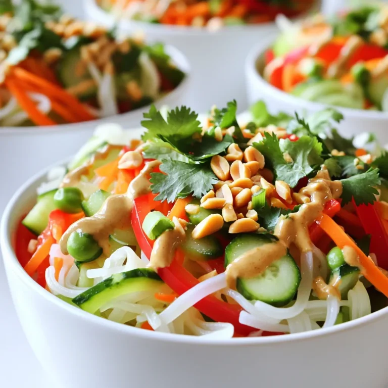- 8 oz rice noodles - 1 cup shredded carrots - 1 cup red bell pepper, thinly sliced - 1 cup cucumber, julienned - 1 cup sugar snap peas, trimmed and halved - ¼ cup fresh cilantro, chopped - ¼ cup peanuts, crushed (for topping) - 3 green onions, chopped This dish starts with rice noodles, which are quick to cook. They give a nice base for the salad. I love using fresh veggies like carrots, red bell pepper, cucumber, and sugar snap peas. Each adds a crunch and bright color. The fresh cilantro gives a burst of flavor, while crushed peanuts on top add texture. Let's not forget the peanut dressing! It ties everything together. Here’s what you need: - ¼ cup peanut butter - 2 tablespoons soy sauce - 2 tablespoons lime juice - 1 tablespoon honey or maple syrup - 1 tablespoon sesame oil - 1 teaspoon grated ginger - 1 garlic clove, minced - 1-2 tablespoons water (to thin if needed) This dressing is creamy and tangy. It enhances the flavors of the salad. You can adjust the thickness by adding water. - Chopped cilantro - Crushed peanuts - Green onions For a little extra flair, I like to add garnishes. Chopped cilantro brightens the look. Crushed peanuts give extra crunch. Green onions add a mild onion flavor. These toppings make the dish even better! - Boil and Cook To start, bring a large pot of water to a boil. Add 8 oz of rice noodles. Cook them for about 4-6 minutes, or until tender. Check the package for exact times. Once they are done, drain them in a colander. - Rinse & Cool After draining, quickly rinse the noodles under cold water. This stops the cooking and keeps them from sticking together. Set the noodles aside in a bowl. - Shredding and Slicing Techniques While the noodles cook, it’s time to prep the veggies. Take 1 cup of shredded carrots and 1 cup of red bell pepper. Slice the bell pepper thinly. Next, julienne 1 cup of cucumber and trim 1 cup of sugar snap peas. - Mixing in a Bowl Place all the prepped vegetables into a large mixing bowl. This mix adds color and crunch to your salad. - Whisking Ingredients Together In a medium bowl, combine ¼ cup of peanut butter, 2 tablespoons of soy sauce, and 2 tablespoons of lime juice. Add 1 tablespoon of honey or maple syrup, 1 tablespoon of sesame oil, 1 teaspoon of grated ginger, and 1 minced garlic clove. - Adjusting Consistency Whisk the dressing until smooth. If it is too thick, you can add 1-2 tablespoons of water. This will help you reach the perfect consistency for drizzling. - Combining Noodles and Veggies Now, add the cooled noodles to the bowl with the veggies. Pour the peanut dressing over the top. - Drizzling and Tossing Toss everything together until the noodles and veggies are well coated with the dressing. Make sure each bite has flavor. - Plating the Salad Divide the salad into bowls or place it on a large serving platter. It looks best when arranged nicely. - Presentation Tips Top the salad with ¼ cup of chopped cilantro, 3 chopped green onions, and ¼ cup of crushed peanuts. This adds flavor and a nice crunch. You can also add a lime wedge for a fresh touch. - Speeding Up Vegetable Prep: Use a box grater for carrots. It saves time. For bell peppers, slice them thin to cook fast. You can use pre-cut veggies from the store to cut down on prep time. - Noodle Cooking Alternatives: If you want to save time, try soaking the rice noodles in hot water instead of boiling them. This method can be quicker. - Storing Leftover Salad: Keep any leftover salad in an airtight container. This will help it stay fresh. Try to eat it within two days for the best taste. - Keeping Ingredients Fresh: Store veggies in the fridge in a damp paper towel. This keeps them crisp and tasty longer. - Thinning the Dressing: If your dressing is too thick, add a bit more water. Start with one tablespoon and mix it well. Adjust until it reaches your preferred consistency. - Flavor Enhancements: Want more flavor? Add a pinch of red pepper flakes for heat. You can also mix in some chopped herbs like mint or basil to brighten the dish. {{image_2}} Alternative Noodle Options If you do not have rice noodles, you can use other types. Try soba noodles or whole wheat spaghetti. These options still taste great and hold the salad well. Using Different Vegetables Feel free to mix and match your veggies. You can use bell peppers, carrots, and cucumbers. Try adding broccoli, shredded cabbage, or even snap peas. Each choice adds a new crunch and flavor. Vegan and Gluten-Free Variants To make this salad vegan, ensure your honey is replaced with maple syrup. For gluten-free, use tamari instead of soy sauce. These small swaps keep the dish friendly for all diets. Low-Calorie Adjustments Want to cut calories? Use less peanut butter or switch to a light version. You can also increase the amount of veggies to make the meal more filling without adding many calories. Adding Spicy Elements If you like spice, add chili flakes or sriracha to the peanut dressing. This gives the salad a nice kick. You can also include fresh jalapeños for extra heat. Incorporating Other Nuts Try using cashews or almonds instead of peanuts. Each nut brings a unique flavor and texture. They add a tasty twist to your salad while still providing that crunch we love. For the best taste, store the salad in an airtight container. Glass or plastic containers work well. Make sure the lid is tight to keep out air and moisture. Place the salad in the fridge right after serving. This keeps it fresh and safe to eat. The salad stays fresh for about 3 to 4 days in the fridge. After that, it may lose its crunch. Check for signs of spoilage before eating. If you see any discoloration, or if it smells off, throw it away. You can enjoy this salad cold right from the fridge. If you prefer it warm, reheat it gently. Use a microwave on low heat or a pan on the stove. Add a splash of water to keep it moist. Avoid overheating, as it may turn mushy. Rice noodles typically take about 4 to 6 minutes to cook. Check the package for exact times. Once they are soft, drain them and rinse under cold water. This stops the cooking process and keeps the noodles firm. Yes, you can make the salad ahead of time. To keep it fresh, store the salad without the dressing. Mix the dressing just before serving. This keeps everything crisp and tasty. If you need a nut-free option, try sunflower seed butter or tahini. Both add creaminess without nuts. You can also use soy nut butter for a similar taste. To add heat, incorporate sliced jalapeños or red pepper flakes. You can also use a spicy peanut sauce instead of regular peanut butter. Adjust the heat to your taste! Yes, this dish is great for meal prep. Store each component separately. Keep the salad, dressing, and toppings in different containers. This helps them stay fresh and tasty for several days. You learned how to make a delicious rice noodle salad using fresh veggies and peanut dressing. We walked through every step, from cooking the noodles to storing leftovers. Remember to adjust the dressing to your taste and try new ingredients. This meal is not only tasty but also versatile and easy to prepare. Enjoy creating your own versions and sharing them with friends or family. Simple tips make a big difference, so have fun with it!