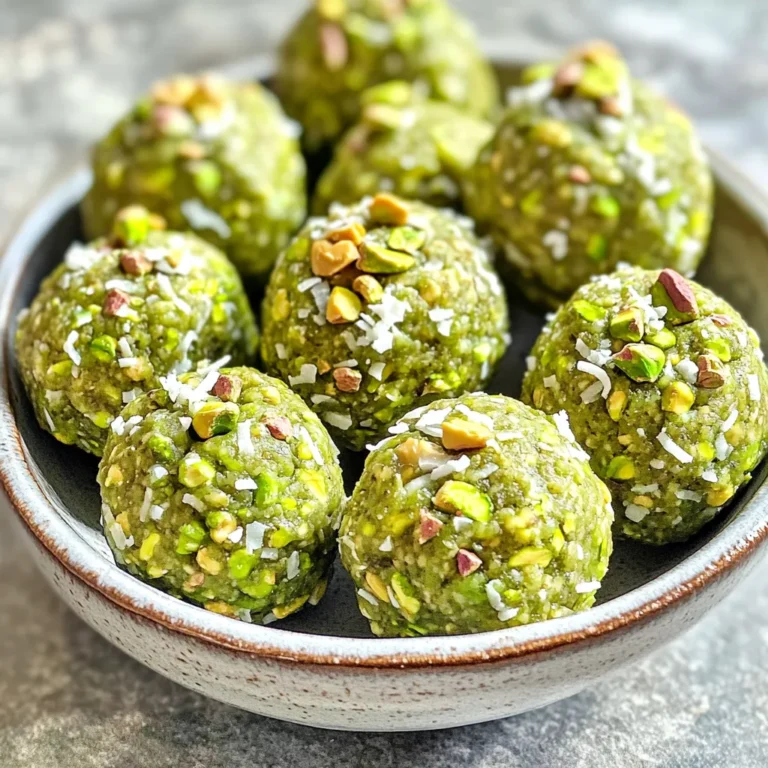 To make No-Bake Pistachio Energy Bites, you need simple and healthy ingredients. Here is the list: - 1 cup rolled oats - 1/2 cup pistachios, shelled and roughly chopped - 1/2 cup almond butter - 1/4 cup honey or maple syrup - 1/4 cup shredded coconut (unsweetened) - 1/2 teaspoon vanilla extract - 1/4 teaspoon salt - Optional: 1/4 cup mini chocolate chips or dried cranberries These ingredients work together to create a tasty and healthy snack. The oats give you fiber, while pistachios add protein and healthy fats. Almond butter boosts creaminess and flavor. Honey or maple syrup sweetens the bites naturally. The coconut adds texture, and vanilla brings warmth. You can also mix in mini chocolate chips or dried cranberries for extra fun. These little bites are easy to make and perfect for on-the-go snacking. Enjoy them after workouts or as a quick treat during busy days! - Step 1: Combine dry ingredients In a medium bowl, add 1 cup of rolled oats, 1/2 cup of chopped pistachios, 1/4 cup of shredded coconut, and 1/4 teaspoon of salt. Stir these dry ingredients well. Mixing them evenly helps the flavors blend nicely. - Step 2: Mix wet ingredients In another bowl, take 1/2 cup of almond butter, 1/4 cup of honey or maple syrup, and 1/2 teaspoon of vanilla extract. Stir until the mixture is smooth. This will add sweetness and flavor to the bites. - Step 3: Combine wet and dry mixtures Pour the wet mixture into the bowl with dry ingredients. Mix everything until well combined. If you want some extra sweetness, add 1/4 cup of mini chocolate chips or dried cranberries at this point. Fold them in gently. - Step 4: Forming energy bites Now, it's time to shape the mixture. Use your hands to form small balls, about 1 inch in diameter. If the mixture sticks to your hands, wet them slightly to make shaping easier. - Step 5: Chilling the bites Place the formed energy bites on a baking sheet lined with parchment paper. Cover them and chill in the fridge for at least 30 minutes. This helps them firm up and makes them easier to eat later. Once chilled, store the bites in an airtight container. They stay fresh in the fridge for up to one week or can be frozen for longer. Enjoy your tasty and healthy snack! - Ensuring proper consistency: The key to great energy bites is the right texture. If your mix is too wet, add more oats. If it’s too dry, a splash of almond butter can help. You want a mixture that holds together but is not sticky. - Alternatives to almond butter: If you have a nut allergy, try sunflower seed butter or tahini. Both will give a similar creamy texture and taste. You can also use cashew butter for a milder flavor. - Enhancing flavor with spices: Add a pinch of cinnamon or nutmeg for warmth. You could also try a dash of cardamom for a unique twist. These spices can take your energy bites to the next level. - Presentation ideas: Arrange the energy bites in a fun bowl or on a colorful plate. A sprinkle of chopped pistachios on top makes a great garnish. You can also use cupcake liners to make them more festive. - Pairing with beverages: These bites work well with smoothies or a cup of herbal tea. A glass of almond milk also complements them nicely. For a post-workout treat, pair with a protein shake for extra energy. {{image_2}} You can change the taste of your no-bake pistachio energy bites by adding different nuts or seeds. Try walnuts, almonds, or sunflower seeds for a fun twist. Each nut brings its own flavor and texture. You can also incorporate dried fruits like raisins, apricots, or dates. They add sweetness and chewiness. Just chop them into small pieces before mixing. Adjusting the sweetness is easy. If you want less sweetness, reduce the honey or syrup. Start with a smaller amount and taste. If you need more sweetness, you can use other sweeteners. Maple syrup or agave nectar works well. You can even try mashed bananas for a natural sweet touch. Experiment to find your favorite balance! To keep your No-Bake Pistachio Energy Bites fresh, follow these simple storage tips: - Refrigeration guidelines: Place your energy bites in an airtight container. Store them in the fridge for a week. This keeps them firm and tasty. - Freezing instructions: If you want to store them longer, freezing works great. Just place the bites in a freezer-safe container. You can also layer them with parchment paper to prevent sticking. Knowing how long your energy bites last is key to enjoying them at their best. - Duration in the fridge: In the fridge, these bites last up to seven days. They make a quick, healthy snack anytime. - Duration in the freezer: In the freezer, they can last up to three months. Just remember to thaw them in the fridge before enjoying! Yes, you can. Almonds or walnuts work well too. Just chop them up like you would pistachios. This swap changes the taste but keeps it tasty and healthy. It takes about 15 minutes to mix the ingredients. After mixing, chill them for 30 minutes. So, the total time is around 45 minutes. Sure! You can use sunflower seed butter instead of almond butter. Just check for allergies if you share these bites. You can serve them in a small bowl or on a plate. For a fun touch, sprinkle crushed pistachios on top. They look great and taste even better! Absolutely! Use maple syrup instead of honey and ensure your nut butter is vegan. This way, everyone can enjoy these bites. These no-bake pistachio energy bites are easy to make and fun to enjoy. We covered the simple ingredients, step-by-step instructions, and helpful tips to ensure perfect bites. You can even try different flavors and adjust the sweetness to suit your taste. Remember to store them properly for the best shelf life. These bites are a great snack or treat anytime. Try making them your own, and enjoy the healthy benefits!