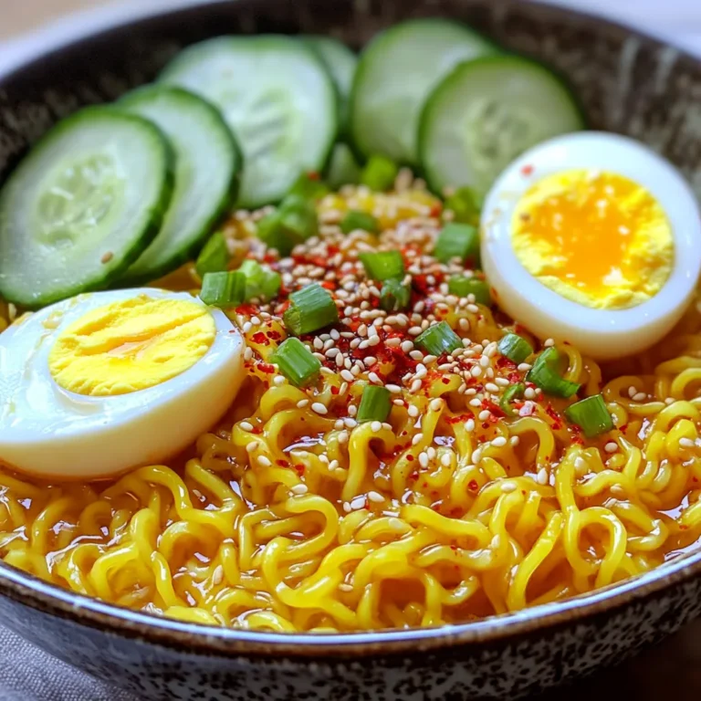 - 2 packs instant ramen noodles - 2 tablespoons sesame oil - 3 cloves garlic, minced - 1 teaspoon red chili flakes (adjust to taste) - 2 tablespoons soy sauce - 1 tablespoon rice vinegar - 1 tablespoon sesame seeds - 2 green onions, chopped - Soft boiled egg - Chopped cilantro - Sliced cucumber In this dish, the main ingredients shine. Instant ramen noodles give you a quick base. I love using two packs since it makes a hearty meal. Sesame oil adds a rich, nutty flavor. Fresh garlic brings warmth and depth. You can adjust red chili flakes for the spice you like. For the additional seasonings, soy sauce adds saltiness and umami. Rice vinegar gives a tangy kick that brightens the dish. Sesame seeds add a lovely crunch and boost flavor. Chopped green onions give freshness and color. Optional toppings can make your ramen even better. A soft boiled egg adds creaminess. Chopped cilantro gives a fresh herb taste. Sliced cucumber adds a crisp, cool bite. Feel free to mix and match based on what you have at home! To start, bring 2 cups of water to a boil in a medium saucepan. Once the water is boiling, add 2 packs of instant ramen noodles. Cook the noodles for about 3 to 4 minutes, following the package instructions. Stir occasionally to separate the noodles. This step is crucial for the right texture. While the noodles cook, grab a separate pan and heat 2 tablespoons of sesame oil over medium heat. Once the oil is hot, add 3 cloves of minced garlic. Sauté the garlic for about 30 seconds until it becomes fragrant and lightly golden. This step adds a rich flavor to your dish. Next, stir in 1 teaspoon of red chili flakes. Cook for another 10 seconds to infuse the oil with heat. After the noodles are cooked, drain them carefully. Pour the drained noodles into the pan with the garlic sauce. Add 2 tablespoons of soy sauce and 1 tablespoon of rice vinegar to the mix. Stir everything well to coat the noodles in the sauce. This step helps the noodles absorb flavors. Finally, toss in 1 tablespoon of sesame seeds and 2 chopped green onions. Mix them through the noodles for added crunch and flavor. Serve the ramen in bowls and feel free to add optional toppings like a soft boiled egg, chopped cilantro, or sliced cucumber. These toppings can make your meal even more delicious and colorful! To make your ramen truly shine, adjust the chili flakes. If you love heat, add more. For a milder dish, use less. Always use fresh garlic. It adds a bright punch to the sauce. Dried garlic can’t match the flavor of fresh. Boil your noodles in just enough water. Use a medium saucepan with two cups of water. This keeps it quick. While the noodles cook, multitask. Heat the sesame oil and get your garlic ready. This saves time and keeps things moving. For extra toppings, consider a soft boiled egg. It adds creaminess and richness. Chopped cilantro or sliced cucumber brings freshness. You can add protein like chicken or tofu. Toss in some veggies for color and health. Broccoli or bell peppers work great! {{image_2}} You can easily change the taste of your ramen. Adding miso or sesame paste gives a richer flavor. Miso adds depth and a slight sweetness. Sesame paste offers a creamier texture. You can also swap sesame oil for other oils. Try using olive oil for a lighter flavor or avocado oil for a hint of nuttiness. Each oil brings its own unique taste to the dish. Are you gluten-free? You can use gluten-free ramen noodles. They taste great and keep the dish classic. For a vegan twist, swap the soft boiled egg for extra veggies. Sliced bell peppers or mushrooms work well. You can even add tofu for protein. Both options keep your meal plant-based and delicious. To make this ramen a full meal, add protein and veggies. Grilled chicken or shrimp complements the dish nicely. You can also serve it with a side salad or steamed broccoli. Pair it with a refreshing drink, like iced green tea or lemonade. This balances the spice and makes your meal even more enjoyable. To keep your cooked ramen fresh, store it in an airtight container. Let it cool to room temperature first. This helps keep the noodles from getting mushy. For sauces, keep them in a separate container. This way, your noodles stay nice and firm. The best way to reheat your ramen is on the stove. Add a splash of water to the pan. Heat on low until warm, stirring gently. You can also use a microwave. Place the ramen in a bowl with a bit of water. Cover it and heat in short bursts, stirring in between. This helps keep the flavors strong. You can freeze cooked ramen, but it may change texture. To freeze, place it in a freezer-safe bag. Squeeze out as much air as you can. For thawing, put it in the fridge overnight. You can also use warm water to speed up the process. Just remember to reheat slowly to enjoy the best taste. It takes about 15 minutes to make this dish. You will spend 5 minutes prepping and 10 minutes cooking. This recipe is quick and easy, perfect for busy days. Yes, you can use other noodles. Try udon, soba, or rice noodles. Just adjust the cooking time as needed. Each type brings a different texture and taste. If you need a substitute for sesame oil, use olive oil or peanut oil. These alternatives have different flavors but still work well. You can also skip the oil if you prefer a lighter taste. This recipe has a mild to medium spice level. Start with 1 teaspoon of red chili flakes. You can add more if you like it hotter. Taste as you go to find your perfect spice level. Yes, you can prep the ramen ahead. Cook the noodles and store them in the fridge. Keep the sauce separate to prevent sogginess. When ready to eat, heat and mix them together for a quick meal. This blog post covers how to make a quick and tasty Minute Sesame Chili Garlic Ramen. You learned the main ingredients like ramen noodles, sesame oil, garlic, and red chili flakes. I shared tips for cooking the noodles and preparing the sauce to boost flavor. Remember to customize your dish with toppings or variations for extra flair. Whether you want a simple meal or something special, this ramen is flexible and fun to make. Enjoy your delicious creation, and don’t forget to share it with friends!