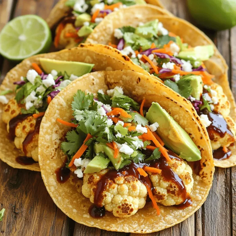 - 1 medium head of cauliflower, cut into bite-sized florets - 1 cup BBQ sauce (your favorite brand) - 8 small corn or flour tortillas - 1 cup shredded green cabbage - 1 carrot, grated - ½ cup fresh cilantro, chopped - 1 avocado, sliced - ¼ cup crumbled feta cheese - ¼ cup lime juice The main star of this dish is the cauliflower. It soaks up the BBQ sauce well. I love using fresh cauliflower because it adds a nice texture. Roasting it brings out a wonderful depth of flavor. The BBQ sauce gives it a sweet and smoky taste. Tortillas serve as the tasty base for our tacos. You can choose corn or flour, depending on your taste. They should be warm and flexible for easy folding. The slaw is a crunch that balances the soft cauliflower. Cabbage adds a crisp bite, while carrots bring a hint of sweetness. Fresh cilantro brightens the flavor and adds freshness. Toss it all with lime juice for a zesty kick. For optional toppings, avocado adds creaminess. Feta cheese gives a nice salty bite. A squeeze of lime juice adds a burst of flavor. Each bite is delicious and full of different tastes and textures. Enjoy crafting these tacos! - Preheat the oven to 425°F (220°C). - Prepare the baking sheet by lining it with parchment paper. First, take your cauliflower and cut it into bite-sized florets. In a bowl, mix the florets with olive oil, smoked paprika, garlic powder, salt, and pepper. Make sure every piece gets coated. This step brings out the flavors and makes the cauliflower taste great. Spread the seasoned cauliflower on the lined baking sheet. Bake it for 20 to 25 minutes. Halfway through, drizzle BBQ sauce over the cauliflower. This adds a nice, sticky glaze that enhances the taste. While the cauliflower is baking, let's make the slaw. In a separate bowl, combine shredded cabbage, grated carrot, chopped cilantro, and lime juice. Toss it well to coat all the veggies. Don’t forget to add a pinch of salt to taste. Next, warm your tortillas. Heat them in a dry skillet over medium heat for about 30 seconds on each side. This makes them soft and easy to fold. Once the cauliflower is ready, take a warm tortilla and fill it with a scoop of roasted BBQ cauliflower. Top the cauliflower with your slaw, avocado slices, and feta cheese if you like. Enjoy your tasty tacos right away! - Choose the best BBQ sauce: The BBQ sauce is key. Select one that you love. A sweet sauce adds nice depth. A spicy sauce can kick things up a notch. Feel free to mix different sauces for unique flavors. - Roasting tips for optimal texture: To get the best crunch, roast the cauliflower at 425°F (220°C). Cut the florets evenly. This helps them cook at the same rate. Halfway through roasting, drizzle on the BBQ sauce. This gives it a sticky, caramelized finish. - Add different veggies to the slaw: The slaw is not just cabbage and carrots. You can add bell peppers for color. Radishes add a nice crunch too. Try using purple cabbage for a pop of color. - Alternative dressings for slaw: If you want a twist, swap lime juice for rice vinegar. A splash of soy sauce can add depth. You can also mix in some honey for sweetness. Each change brings new life to the dish. - Layering for best flavor: Start with the tortilla. Add the BBQ cauliflower first. Then, pile on the slaw. This way, the slaw stays crunchy, and the flavors blend well. - Make-ahead tips for easier serving: You can prepare the slaw a day in advance. Just keep it covered in the fridge. Make the BBQ cauliflower ahead too. Reheat it in the oven for a few minutes to keep it crisp. {{image_2}} For a vegan version, skip the feta cheese. You can also use cashew cream or avocado as a rich topping. If you want to keep it gluten-free, choose corn tortillas. They are tasty and hold the filling well. Many brands offer gluten-free flour tortillas, too. Want a kick? Use a spicy BBQ sauce. It adds heat and flavor. For an Asian twist, mix sesame oil and soy sauce into your slaw. Add some sliced radishes or green onions for crunch. This gives your tacos a fresh, new taste. To boost protein, add black beans or lentils. They mix well with the cauliflower. Just warm them up before adding. If you want a meat-like texture, try tofu. Marinate it in BBQ sauce, then cook it until crispy. Both options make the tacos filling and delicious. To store leftover tacos, keep the components separate. This way, the tortillas stay soft. Use airtight containers for best results. Make sure the tacos cool down before sealing. This helps avoid sogginess. You can stack the tortillas between parchment paper to save space. For the BBQ cauliflower, let it cool first. Place it in a sealed container. This keeps it fresh for up to three days in the fridge. For slaw, use a different container. Slaw tastes best when fresh, but it can last two days. Keep it airtight to maintain crunch. To reheat the cauliflower, use an oven. Preheat it to 350°F (175°C). Spread the cauliflower on a baking sheet and heat for about 10 minutes. This helps to restore its crispness. For tortillas, warm them in a dry skillet. Heat each side for 20 seconds. This makes them pliable and tasty again. Yes, you can use frozen cauliflower. It’s easy and quick. When using frozen, thaw it first. This helps the cauliflower cook evenly. Once thawed, pat it dry. This step removes excess moisture. If not, the BBQ sauce won't stick well. For best flavor, fresh cauliflower is ideal. It has a crunchier texture and absorbs flavors better. To add heat, use spicy BBQ sauce. You can also add cayenne pepper or chili powder. Start with a small amount, then taste as you go. If you want more spice, mix in diced jalapeños. Another option is to drizzle hot sauce over the tacos before serving. This gives a nice kick without overpowering the dish. Yes, you can make the slaw ahead of time. Store it in an airtight container in the fridge. It stays fresh for up to two days. However, add lime juice right before serving to keep it crisp. If you mix in the lime juice too early, the slaw may get soggy. Enjoy that crunch! This blog post covers a delicious BBQ cauliflower taco recipe. You learned about the main ingredients like cauliflower, BBQ sauce, and tortillas. We explored slaw ingredients, optional toppings, and easy assembly steps. I shared tips for perfecting each component and offered variations for different diets and flavor profiles. Don't forget to store leftovers correctly for fresh taste later. Enjoy making these tasty tacos, and have fun customizing them to fit your cravings!