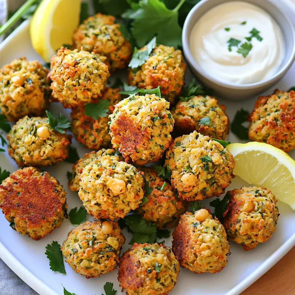 - 1 can (15 oz) chickpeas, drained and rinsed - 1/2 cup fresh parsley, chopped - 1/4 cup fresh cilantro, chopped - 1 small onion, roughly chopped - 2 cloves garlic, minced - 1 teaspoon ground cumin - 1 teaspoon ground coriander - 1/2 teaspoon baking powder - 1/4 teaspoon cayenne pepper (optional for heat) - Salt and pepper to taste - 1/4 cup all-purpose flour (or chickpea flour for gluten-free) - Olive oil spray You can change up these recipes with some fun options. If you need gluten-free, use chickpea flour instead of all-purpose flour. You can also add more spices if you want a bolder taste. Other herbs like mint or dill can give your falafel a fresh twist. Try adding paprika or garlic powder for extra flavor. To make the falafel, start with a food processor. Add the chickpeas, parsley, cilantro, onion, and garlic. Next, sprinkle in cumin, coriander, baking powder, cayenne pepper, salt, and pepper. Pulse this mix until it is coarsely blended, but not smooth. You want bits of herbs and chickpeas to remain. This keeps the texture nice and crunchy. After that, transfer the mixture to a bowl. Add flour, which helps bind everything. Mix well until the falafel holds together when you form a ball. If it crumbles, add a bit more flour. Now it’s time to shape the falafel. Take small amounts of the mixture and roll them into balls or patties, about 1.5 inches wide. You can also use a cookie scoop for even sizes. This helps them cook evenly. Before cooking, preheat your air fryer to 375°F (190°C). This step is crucial for getting that crispy texture. Lightly spray the fryer basket with olive oil. Place the falafel in a single layer to avoid overcrowding. Give the tops a quick spray with olive oil for extra crispiness. Cook the falafel bites for 10-12 minutes. Halfway through, flip them to ensure even browning. You’ll know they are done when they are golden brown and crispy. If you like them extra crispy, you can add a minute or two to the cooking time. Once cooked, remove the bites and keep them warm. Repeat the process with any remaining mixture. Enjoy your crispy air fryer falafel bites! To get that crispy texture, air circulation is key. The hot air in your air fryer cooks evenly. Make sure to layer the falafel bites without crowding. This gives each piece room to breathe and crisp up. A light spray of olive oil helps too. Spray the tops after placing them in the basket. Falafel bites taste great with sauces like tahini or tzatziki. These dips add creamy flavor and balance. For a beautiful presentation, garnish your plate with fresh herbs and lemon wedges. They make your dish pop visually and add extra zest. One common mistake is overcrowding the air fryer. This can lead to uneven cooking and soggy bites. Keep them in a single layer. Another mistake is having the wrong mixture consistency. If it’s too wet, your bites won't hold shape. Aim for a texture that sticks together when formed into balls. {{image_2}} You can spice up your falafel bites easily. For a spicy version, add cayenne pepper to the mix. Start with 1/4 teaspoon, then increase it if you like more heat. This gives a nice kick that pairs well with creamy dips. You can also create Mediterranean-inspired flavors. Try adding sun-dried tomatoes, olives, or even feta cheese. These ingredients will bring a new depth to the dish. The fresh herbs like parsley and cilantro will still shine through. If you want to explore other cooking methods, try oven-baked falafel. Preheat your oven to 400°F (200°C). Place the shaped falafel on a baking sheet lined with parchment paper. Bake for about 20-25 minutes, flipping halfway through. This method gives a different texture but is still tasty. You can also compare traditional frying with air frying. Frying gives a rich flavor but adds more fat. Air frying uses less oil and still achieves a crispy texture. It’s a great option for a healthier snack. Falafel bites are great on their own, but you can make them even better. Serve them on a salad for a fresh meal. They also work well in wraps. Use pita or flatbreads and add your favorite veggies. Don’t forget about dips! Serve your falafel with tahini or tzatziki for a creamy touch. You can even try a spicy harissa sauce for extra flavor. These creative dips will make your falafel bites shine. To keep your falafel bites fresh, use these simple tips: - Refrigeration: Place leftover falafel in an airtight container. They last about 3-5 days in the fridge. Make sure they cool down before sealing. - Freezing: For longer storage, freeze the falafel bites. Use a freezer-safe bag or container. They can stay good for up to 3 months. To freeze, arrange them in a single layer first. Once frozen solid, transfer them to a bag. When it’s time to enjoy your leftover falafel, follow these steps: - Air Fryer: Preheat your air fryer to 375°F (190°C). Place the falafel bites in a single layer. Heat for about 5-7 minutes. Flip them halfway to ensure crispiness. - Oven: Preheat your oven to 400°F (200°C). Spread the falafel on a baking sheet. Bake for 10-12 minutes. This method also keeps them crispy. To maintain that crunchy texture, avoid using the microwave. It can make them soggy. Enjoy your tasty snack! You can enjoy falafel with many tasty dips. Here are some great choices: - Tahini Sauce: A creamy sesame dip that adds a nutty flavor. - Tzatziki Sauce: A cool yogurt dip with cucumber and garlic. - Hummus: A classic chickpea dip that pairs well with falafel. - Spicy Harissa: A bold chili paste for those who love heat. - Sriracha: A sweet and spicy sauce that adds a kick. Each dip brings out the flavors of the falafel and makes your snack even better. Yes, you can freeze falafel before cooking. This is a great way to prep ahead. Here’s how: - Shape the falafel into balls or patties. - Place them on a baking sheet in a single layer. - Freeze until solid, then transfer to a freezer bag. To cook from frozen, just add a few extra minutes to your air fryer time. This keeps them crispy and delicious. You can tell falafel is done by looking for a few signs: - They should be golden brown and crispy on the outside. - When you press them lightly, they should feel firm. - A toothpick inserted should come out clean. These signs mean you have perfectly cooked falafel bites. Enjoy them hot for the best taste! Crispy air fryer falafel bites are easy and tasty. We covered the key ingredients, like chickpeas and fresh herbs, and shared tips for the perfect texture. You learned to shape, cook, and serve these bites with fun dips. Remember common mistakes, like not overcrowding the fryer. Feel free to explore variations and enjoy leftovers. With these tips, you can create delicious falafel at home. Enjoy your cooking journey!