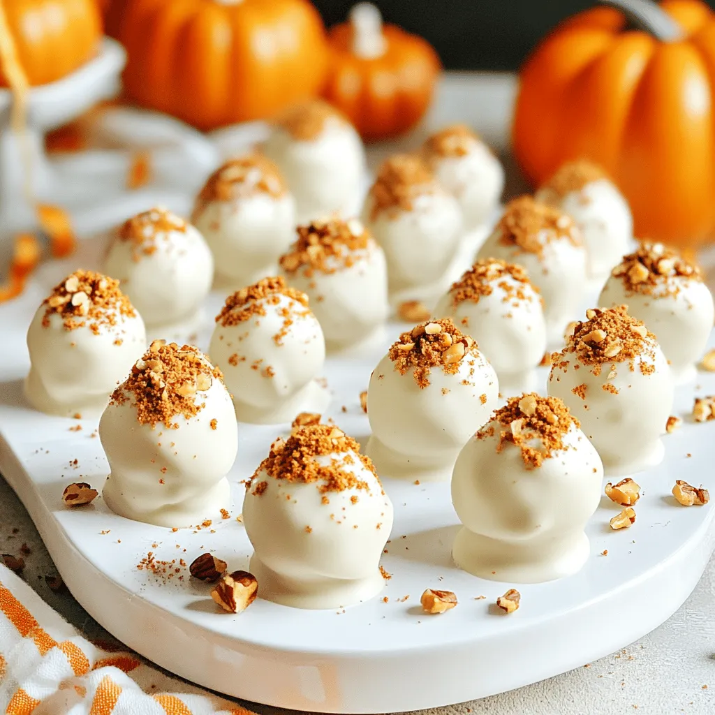 - 1 package (15.25 oz) Pumpkin Spice Oreos - 1 cup cream cheese, softened - 1 teaspoon vanilla extract - 1 cup white chocolate chips - 1 teaspoon pumpkin pie spice - 1 tablespoon coconut oil - Optional: crushed nuts or extra pumpkin spice for garnish Gathering the right ingredients is key to making great No-Bake Pumpkin Spice Oreo Truffles. Start with a package of Pumpkin Spice Oreos. These cookies add a rich, spiced flavor. Next, use 1 cup of softened cream cheese. This gives the truffles a creamy texture. Don't forget 1 teaspoon of vanilla extract for sweetness. You will also need 1 cup of white chocolate chips. They coat the truffles and add a lovely sweetness. A teaspoon of pumpkin pie spice enhances the fall flavors. Add 1 tablespoon of coconut oil to help melt the chocolate smoothly. Finally, consider optional garnishes like crushed nuts or extra pumpkin spice. They add texture and visual appeal to your truffles. Now you have all the ingredients ready for this fun treat! 1. Crushing the Oreos: First, take the Pumpkin Spice Oreos and crush them into fine crumbs. You can use a food processor for this. If you don't have one, place the Oreos in a zip-top bag. Use a rolling pin to crush the cookies into small bits. Aim for a fine texture, like sand. 2. Mixing with Cream Cheese and Vanilla: Next, put the Oreo crumbs in a large mixing bowl. Add 1 cup of softened cream cheese and 1 teaspoon of vanilla extract. Use a spatula or your hands to mix until it looks like dough. Make sure everything is fully blended. 1. Rolling the Mixture into Balls: Now, take a scoop of the mixture, about 1 tablespoon, and roll it into a ball. Place each ball on a baking sheet lined with parchment paper. This helps keep them from sticking. 2. Freezing for Firmness: Once you have rolled all the balls, place the baking sheet in the freezer. Let them chill for about 30 minutes. This step helps the truffles hold their shape when you dip them. 1. Melting White Chocolate and Coconut Oil: While the truffles chill, melt 1 cup of white chocolate chips with 1 tablespoon of coconut oil. Use a microwave-safe bowl. Heat in 30-second bursts, stirring between each. Continue until the mixture is smooth. 2. Adding Pumpkin Pie Spice: After melting, stir in 1 teaspoon of pumpkin pie spice. This adds a warm, fall flavor to the chocolate coating. 3. Dipping and Garnishing: Remove the truffles from the freezer. Dip each one into the melted chocolate mixture. Use a fork to lift them out, letting excess chocolate drip off. Place them back on the parchment paper. If you want, sprinkle some crushed nuts or extra pumpkin spice on top while the chocolate is still wet. Now, let the truffles set in the fridge for about 15 to 20 minutes. Enjoy your No-Bake Pumpkin Spice Oreo Truffles! To mix evenly, start with crushed Oreos. Use a food processor or a rolling pin. Crush them until they are fine crumbs. This helps the ingredients blend well. Next, add softened cream cheese and vanilla extract. Mix them in a large bowl. Use a sturdy spatula or your hands. You want a dough-like texture. If the mix is too dry, add a tiny bit of cream cheese. If it’s too wet, add more Oreo crumbs. When rolling the truffles, scoop out tablespoon-sized portions. Roll them into smooth balls. If you find them sticky, wet your hands slightly. This helps to keep the mixture from sticking. For dipping, melt white chocolate chips with coconut oil. Use a microwave-safe bowl and heat it in short bursts. Stir often until smooth. Adding coconut oil helps the chocolate stay glossy. When dipping, hold a truffle with a fork. Dip the truffle into the chocolate. Let the excess chocolate drip off. Place it back on the parchment paper. If you want, sprinkle crushed nuts or pumpkin spice while the chocolate is still wet. This adds a nice touch. Get creative with garnishes. Use crushed nuts, sprinkles, or a drizzle of chocolate. You can even add a pinch of cinnamon or nutmeg. It gives a nice look and flavor boost. For serving, arrange the truffles on a nice platter. Dust the platter with cocoa powder for an elegant touch. You can also use a decorative box for gifts. These simple tips will help you make your No-Bake Pumpkin Spice Oreo Truffles stand out. Enjoy making and sharing them! {{image_2}} Using Different Oreo Flavors You can switch up the flavor of your truffles by using other Oreo types. For example, use regular chocolate Oreos for a rich twist. You might also try golden Oreos for a lighter taste. Each type will add a unique flavor to your truffles. Experiment with your favorite Oreo flavors to find your best match. Alternatives for Cream Cheese If you want a dairy-free option, try using vegan cream cheese. It works well and keeps the texture similar. You can also use mascarpone cheese for a richer taste. Greek yogurt is another option, giving a tangy flavor while keeping it creamy. These substitutions can change the taste and texture, so choose what you like best. Adding More Spices To make your truffles even more flavorful, add extra spices. A pinch of cinnamon or nutmeg can enhance the pumpkin flavor. You can also mix in a bit of allspice for a warm kick. Taste as you go to find the right spice blend for your preference. Exploring Different Coatings While white chocolate is a classic, you can try other coatings as well. Dark chocolate adds a rich contrast to the sweetness. You might also consider coating the truffles in crushed nuts for a crunchy texture. For a fun twist, roll them in cocoa powder or sprinkles. Each coating offers a new way to enjoy these treats. Storing in the Refrigerator Once your truffles are set, place them in an airtight container. Keep them in the fridge. This helps them stay fresh. They taste best when cold. Enjoy them within a week for the best flavor. Freezing Truffles for Later If you want to save some truffles, freezing works great. Place them in a single layer on a baking sheet. Freeze them until firm, then transfer to a freezer-safe bag. They can last up to three months in the freezer. Just thaw them in the fridge before eating. How Long Do They Last? When stored properly, your No-Bake Pumpkin Spice Oreo Truffles last about a week in the fridge. In the freezer, they can last up to three months. Always check for freshness before enjoying. Signs of Spoilage Look for any changes in color or texture. If your truffles smell off or feel sticky, it’s best to toss them out. Always trust your senses when it comes to food safety. Yes, you can make these truffles ahead of time. They store well in the fridge. To prepare, follow these steps: - Make the truffles as directed. - After dipping them in chocolate, place them in an airtight container. - Layer parchment paper between truffles to prevent sticking. - Store them in the fridge for up to a week. This way, you can enjoy them whenever you want! You can use regular Oreos, but the flavor will change. Pumpkin Spice Oreos add a nice, warm taste. Using regular Oreos will make the truffles less seasonal. The texture will remain similar, but the truffles will taste less festive. If you want a twist, consider adding a bit of pumpkin pie spice to the mix. To make these truffles dairy-free, swap out the cream cheese and white chocolate. Here are some ideas: - Use dairy-free cream cheese or cashew cream for cream cheese. - Choose dairy-free white chocolate chips or melt dairy-free chocolate. - Ensure the coconut oil is pure and dairy-free. These swaps keep the truffles creamy and delicious! These Pumpkin Spice Truffles are fun and easy to make. We covered all the steps: from mixing Pumpkin Spice Oreos with cream cheese to dipping them in white chocolate. You can customize them with different flavors and toppings. Remember to store truffles right for the best taste. Creating these treats can bring joy to any gathering. Enjoy making and sharing your truffles with friends and family. They'll love the taste of fall in each bite!