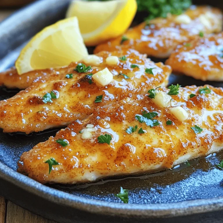 To make Minute Garlic Butter Tilapia, you will need: - 4 tilapia fillets - 4 tablespoons unsalted butter - 4 cloves garlic, minced - 1 tablespoon fresh lemon juice - 1 teaspoon dried parsley - Salt and pepper to taste - Lemon wedges, for serving You can change this dish to fit your taste. Try adding: - Fresh herbs like basil or thyme - A pinch of red pepper flakes for heat - Capers for a tangy kick - A splash of white wine for depth Using fresh ingredients makes a big difference. Here are some tips: - Choose bright, firm tilapia fillets with no strong fishy smell. - Use unsalted butter for better control over salt. - Fresh garlic is best; it has a stronger flavor than jarred. - Fresh lemon juice gives a brighter taste than bottled. - Quality dried herbs can enhance flavor, but check for freshness. Start by gathering all your ingredients. This will make cooking easier. You need four tilapia fillets, unsalted butter, garlic, lemon juice, dried parsley, salt, and pepper. Pat the tilapia fillets dry with paper towels. This helps them cook evenly. Season both sides with salt and pepper. This adds flavor to the fish. Next, heat your large skillet over medium heat. Melt four tablespoons of unsalted butter in it. Let the butter melt and bubble. Be careful not to let it burn. After that, add the minced garlic. Sauté it for about 30 seconds. You want it to smell good, but don’t let it turn brown. Now, place the tilapia fillets in the skillet. Cook them for about 2-3 minutes on one side. You want them to turn golden brown. Carefully flip the fillets over. Pour one tablespoon of lemon juice over the fish. Then, sprinkle one teaspoon of dried parsley on top. Cook for another 2-3 minutes. The fish should flake easily when done. Once cooked, remove the tilapia from the skillet. Transfer it to a serving platter. Drizzle any leftover garlic butter over the fish. This adds extra flavor. Serve the tilapia with lemon wedges on the side. The lemon adds a fresh taste that brightens the dish. Enjoy your Minute Garlic Butter Tilapia! To make the best garlic butter sauce, start with fresh garlic. Mince it finely for the best flavor. Use unsalted butter to control the saltiness. Melt the butter over medium heat. Watch closely so it does not burn. Add the garlic when the butter is bubbling. Sauté it for about 30 seconds. The key is to smell the garlic, not see it brown. This will give your tilapia a rich, savory flavor. When cooking tilapia, make sure it is dry. Pat the fillets with paper towels to remove moisture. This helps them get that nice golden crust. Season both sides with salt and pepper. Cook on one side for 2-3 minutes. Flip gently to avoid breaking the fish. The tilapia is done when it flakes easily with a fork. Pour lemon juice over the fish for added brightness. One common mistake is burning the garlic. Always keep an eye on it while cooking. Another mistake is not preheating the skillet. A hot skillet helps the fish cook evenly. Avoid overcrowding the pan with fillets. This can cause steaming instead of searing. Lastly, do not skip the lemon wedges. They add a perfect zing to each bite. {{image_2}} You can change the taste of your Minute Garlic Butter Tilapia in many fun ways. Fresh herbs give a bright twist. Try basil or thyme for a new flavor. You can even add a pinch of red pepper flakes for heat. If you love a zesty kick, experiment with lemon zest. Mix it into the butter for a fresh burst. Using different spices can also change the dish. Paprika or cumin adds depth and warmth. Don't hesitate to explore what you have on hand! If you want to switch things up, try cooking your tilapia in the oven. Preheat your oven to 400°F (200°C). Place the seasoned tilapia on a baking sheet. Pour the garlic butter over the fish and bake for about 10-12 minutes. The fish will be flaky and tender. Grilling is another fantastic method. Preheat your grill and brush it with oil. Cook each fillet for about 3-4 minutes on each side. This method gives the fish a nice smoky flavor. Pair your tilapia with simple sides to make a complete meal. Roasted vegetables, like broccoli or asparagus, bring color and nutrition. A fresh salad with greens and tomatoes adds crunch. You can also serve it with rice or quinoa. These grains soak up the garlic butter delightfully. For a light and refreshing option, try a cucumber salad. Its coolness balances the warm fish perfectly. Don't forget some lemon wedges for an extra zing! Store any leftover Minute Garlic Butter Tilapia in an airtight container. Keep it in the fridge. It will stay fresh for up to two days. Make sure to let it cool before sealing. This helps prevent moisture buildup. To reheat, place the tilapia in a skillet over low heat. Add a small amount of butter to keep it moist. Cook for about 5 minutes until warmed through. You can also use a microwave. Heat in short bursts of 30 seconds. Check often to avoid overcooking. If you want to freeze the tilapia, wrap it tightly in plastic wrap. Then, place it in a freezer bag. It can last up to three months in the freezer. To use, thaw it overnight in the fridge. Reheat using the same method mentioned above. Cook tilapia for about 4 to 6 minutes. Each side needs 2 to 3 minutes. You want the fish to turn golden brown. This quick cook time keeps it tender and flakey. Yes, you can use frozen tilapia. Just thaw it first. Place the fillets in the fridge overnight or run them under cold water for a faster thaw. Garlic butter tilapia pairs well with many sides. Try serving it with rice or quinoa. Steamed veggies or a fresh salad work nicely too. Lemon wedges add a bright touch. Yes, tilapia is a healthy fish option. It is low in calories and high in protein. It also has omega-3 fats, which are good for your heart. Check if the tilapia flakes easily with a fork. It should be opaque and white when fully cooked. If it still looks transparent, it needs a bit more time. This article covered garlic butter tilapia, from ingredients to serving tips. We explored key ingredients, including variations and storage methods. Proper cooking techniques help avoid common mistakes. You can customize your dish with herbs and spices, or try grilling. Remember, fresh ingredients make a big difference. Store leftovers correctly and enjoy them later. Overall, this dish is simple, tasty, and versatile. You now have the tools to make it your own. Happy cooking!