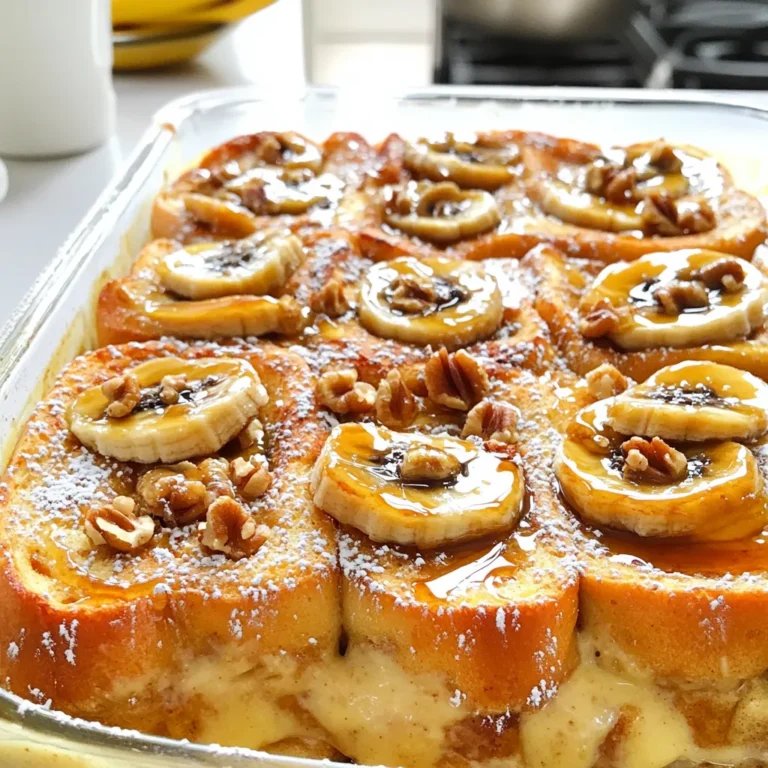 - 1 loaf of challah or brioche bread, cut into 1-inch cubes - 4 large eggs - 2 cups milk (whole or almond milk) - 1/2 cup heavy cream - 1/4 cup brown sugar - 1 teaspoon vanilla extract - 1 teaspoon ground cinnamon - 3 ripe bananas, sliced - 3 tablespoons butter - Maple syrup, for serving The first step is to gather all your main ingredients. The bread is key. Challah or brioche adds a soft, rich texture. You can use whole or almond milk for a twist. Eggs and heavy cream create a creamy custard. Brown sugar, vanilla, and cinnamon give it sweetness and warmth. Bananas add a delightful fruity layer. - Chopped walnuts - Powdered sugar Garnishes make your dish stand out. Chopped walnuts add a nice crunch and flavor. Powdered sugar gives a light, sweet touch. Both are optional but highly recommended. - Whole vs. almond milk - Alternatives for heavy cream You can substitute whole milk with almond milk if needed. It still gives a great taste. If you want to skip heavy cream, try coconut cream or a mix of milk with yogurt. Each change will give your dish a unique spin. First, preheat your oven to 350°F (175°C). This temperature helps the dish bake evenly. Next, grease a 9x13-inch baking dish. Use butter or cooking spray to cover the bottom and sides. This step stops the bake from sticking. Now, let's mix the custard base. In a large bowl, whisk together 4 large eggs, 2 cups of milk, 1/2 cup of heavy cream, 1/4 cup of brown sugar, 1 teaspoon of vanilla extract, and 1 teaspoon of ground cinnamon. Whisk until it's smooth and well combined. This mixture adds flavor and moisture to the bread. Soaking the bread is key to a soft French toast bake. Add 1 loaf of cubed challah or brioche bread to the egg mixture. Gently fold the bread into the custard. Let it sit for about 10 minutes. This time allows the bread to absorb the liquid fully. If you skip this step, your bake may turn out dry. Caramelizing bananas adds a sweet and rich flavor. In a skillet, melt 3 tablespoons of butter over medium heat. Add 3 sliced ripe bananas to the pan. Cook for about 3-4 minutes. Stir gently until the bananas are golden and soft. This brings out their natural sweetness and adds a lovely texture. Now it's time to bake! Layer half of the soaked bread mixture in the greased dish. Top with half of the caramelized bananas. Then, add the rest of the bread mixture and finish with the remaining bananas on top. Bake in the preheated oven for 35-40 minutes. You'll know it's done when the top is golden and the custard is set. Let it cool for 5-10 minutes before serving. This wait helps the dish firm up a bit. Enjoy your delicious Caramelized Banana French Toast Bake! To get that perfect custardy bake, you must soak the bread well. Let the bread sit in the egg mixture for about 10 minutes. This gives it time to drink up the flavors. You want the bread cubes to feel soft but not mushy. The right soak will make your French toast bake rich and creamy. When it's time to serve, drizzle warm maple syrup over the top. It adds sweetness that pairs well with the bananas. For crunch, sprinkle chopped walnuts on top. You can also dust with powdered sugar for a pretty finish. Serve it warm with a side of fresh fruit. This adds color and freshness to your plate. This dish is great for prepping the night before. Just follow the recipe until the baking step. Cover the dish and store it in the fridge. In the morning, pop it in the oven. It saves time and makes breakfast easier. Plus, the flavors deepen overnight, making it even tastier! {{image_2}} You can change the taste of your Caramelized Banana French Toast Bake by adding different fruits or nuts. Try using berries like strawberries or blueberries for a fresh burst. Apples can also work well when sautéed with cinnamon. You can even add dried fruits, like raisins or cranberries, for extra sweetness. If you like nuts, add chopped pecans or almonds on top. This adds crunch and more flavor to your dish. Not everyone likes the same level of sweetness. You can adjust the sugar in the recipe to fit your taste. If you want a less sweet dish, cut back on the brown sugar by a few tablespoons. You can also use honey or maple syrup instead of sugar. This will add a different flavor. If you want it sweeter, add a bit more sugar or drizzle extra syrup on top when serving. If you need to avoid gluten or dairy, there are easy swaps you can make. For a gluten-free option, use gluten-free bread. There are many brands that work well in this recipe. To make it dairy-free, switch the milk and cream for almond or coconut milk. You can also replace heavy cream with a dairy-free cream alternative. These swaps make the dish more inclusive for everyone while still being tasty. Store any leftover Caramelized Banana French Toast Bake in an airtight container. Place it in the fridge if you plan to eat it soon. If you want to keep it longer, freeze it. Cut it into portions for easy serving. Wrap each piece in plastic wrap before placing it in a freezer bag. This helps keep it fresh. To reheat, you can use the oven or a microwave. For the oven, preheat it to 350°F (175°C). Place the French toast bake in a baking dish and cover it with foil. Heat for about 15-20 minutes. In the microwave, warm individual pieces for about 1-2 minutes. Check to ensure it is hot all the way through. In the refrigerator, this dish will last for about 3-4 days. If you freeze it, it can last up to 2-3 months. Make sure to label your containers with the date. This keeps track of how long it has been stored. Enjoy your leftovers while they are still fresh! Yes, you can prepare this dish the night before. Simply follow the recipe up to the baking step. After you layer the bread and bananas, cover the dish with plastic wrap. Place it in the fridge overnight. In the morning, take it out and let it sit at room temperature for about 30 minutes before baking. This way, the bread will soak up all the yummy flavors. For the best flavor, I recommend using challah or brioche bread. These breads are soft and rich. They soak up the custard well. You can also use other types of bread like sourdough or whole wheat. Just make sure the bread is a bit stale. Stale bread holds the custard better and gives a nice texture. Absolutely! You can use other fruits if you prefer. Berries, apples, or peaches work great too. Just slice them and cook them like the bananas. Each fruit will give a different taste, adding fun to your dish. If you pick a fruit that cooks down well, you'll enjoy a lovely caramelized flavor. This blog post covered all the key ingredients and steps for a delicious French toast bake. You learned how to choose the right bread, mix the custard, and perfect the caramelization of bananas. We also discussed variations, storage tips, and reheating methods. Remember, this dish is versatile. Customize it to your tastes. Use your favorite fruits or nuts. Experiment with dairy-free options too. Enjoy making this treat at home. Trust me, your breakfast table will shine!