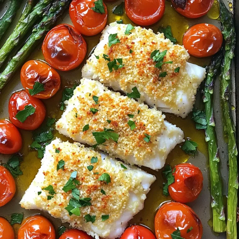 - 2 cod fillets - 1 cup cherry tomatoes, halved - 1 cup asparagus, trimmed and cut into 2-inch pieces - 1/2 cup breadcrumbs (preferably panko) - 1/2 cup grated Parmesan cheese The main star of this dish is the cod fillets. Cod is light and flaky, making it perfect for baking. The cherry tomatoes add a burst of sweetness, while the asparagus brings a nice crunch. Together, they create a colorful plate. - 2 tablespoons olive oil - 1 teaspoon garlic powder - 1 teaspoon dried Italian herbs - Salt and pepper for taste Olive oil helps to enhance the flavors and keeps everything moist. Garlic powder gives the dish a lovely aroma. The dried herbs add a touch of Italy, while salt and pepper bring all the flavors together. - Fresh parsley - Drizzle of balsamic glaze for serving Fresh parsley adds a pop of color and freshness. A drizzle of balsamic glaze can elevate your dish, giving it a sweet and tangy finish. This extra touch makes your meal look gourmet and inviting. 1. Preheat the oven and prepare the baking sheet Set your oven to 400°F (200°C). Line a large baking sheet with parchment paper. This keeps the fish and veggies from sticking. It makes cleanup easy too. 2. Combine breadcrumb mixture in a bowl In a mixing bowl, mix together 1/2 cup breadcrumbs, 1/2 cup grated Parmesan cheese, 1 teaspoon garlic powder, 1 teaspoon dried Italian herbs, salt, and pepper. Stir until everything is well mixed. This will give a great crust to your cod. 1. Season and place cod fillets on the baking sheet Take your two cod fillets. Drizzle 1 tablespoon of olive oil on them. Season with salt and pepper. Place the fillets on one side of the baking sheet. 2. Add vegetables and drizzle with olive oil On the other side of the baking sheet, spread 1 cup of halved cherry tomatoes and 1 cup of cut asparagus. Drizzle with the remaining olive oil. Add a pinch of salt and pepper for flavor. 1. Coat cod with breadcrumb mixture Generously cover the top of each cod fillet with your breadcrumb mixture. Press down gently so it sticks well. This crust will get nice and crispy in the oven. 2. Set baking time and optional broiling for crispiness Bake in the preheated oven for 15-18 minutes. The cod should flake easily with a fork, and the veggies should be tender. For a crispy topping, broil for the last 2-3 minutes. Watch it closely to avoid burning. To check if your cod is done, look for a flaky texture. When you poke the fish with a fork, it should fall apart easily. This means it is cooked just right. Even seasoning is key. Make sure to sprinkle salt and pepper evenly on the cod. This way, every bite tastes great. Choose seasonal vegetables for the best flavor. Fresh cherry tomatoes and asparagus work well here. For thicker veggies, like carrots or zucchini, adjust the cooking time. Cut them smaller or add them to the pan a few minutes early. This helps them cook through and become tender. To make your meal shine, serve the cod with a side of rice or quinoa. These complement the fish and veggies nicely. For a pretty plate, arrange the cod and vegetables on a large platter. Drizzle a touch of balsamic glaze for a beautiful finish. Fresh parsley adds a pop of color and flavor. {{image_2}} You can switch the cod for other fish like salmon. Salmon has a richer flavor. It also holds up well to baking. Shrimp is another great choice. Just peel and devein them. Toss them in the breadcrumb mix. You could also use chicken breasts. Simply adjust the cooking time. Chicken should be fully cooked through to 165°F. If you do not have cherry tomatoes, try using diced bell peppers. They add a nice crunch and sweetness. Zucchini is another good swap. Cut it into thick rounds to keep it hearty. Broccoli or green beans can also work well. Just make sure to adjust the cooking time for thicker veggies. Spice it up with your favorite herbs. Try adding paprika or a pinch of cayenne for heat. Fresh herbs like basil or dill can add a bright note. A splash of lemon juice can bring freshness to the dish. It also balances the richness of the cheese. You can also experiment with different cheeses, like feta or cheddar. Each will give a unique twist to your meal. To keep your Sheet-Pan Parmesan Crusted Cod and Veggies fresh, refrigerate them. Place leftovers in airtight containers. This way, they will stay tasty for up to three days. For best results, let the meal cool before sealing. This helps avoid extra moisture that can spoil the food. The best containers for sheet-pan meals are glass or BPA-free plastic. They help keep flavors locked in and are easy to clean. If you have multiple servings, consider using smaller containers. This makes it easier to grab a quick meal later. When reheating, the oven works best. Preheat it to 350°F (175°C) and place the cod and veggies on a baking sheet. Cover with foil to keep them moist. Heat for about 10-15 minutes until warmed through. If you're in a hurry, the microwave is an option too. Place the leftovers in a microwave-safe dish. Heat in short bursts, about 30 seconds. Stir in between to ensure even heating. However, the microwave may make the cod a bit soggy. You can freeze this meal for future use. Portion it into individual servings before freezing. Use freezer-safe containers or heavy-duty freezer bags to prevent freezer burn. Label them with the date so you know when to use them. To thaw, place the container in the fridge overnight. If you're short on time, you can use the microwave's defrost setting. After thawing, reheat as mentioned above. This way, you can enjoy your delicious cod and veggies later without much fuss. Yes, you can easily make this dish gluten-free. Instead of regular breadcrumbs, use gluten-free breadcrumbs. You can also crush gluten-free crackers or use ground oats. Both options work great and keep the taste delicious. You can store leftovers in the fridge for up to three days. Make sure to place them in an airtight container. This helps keep the cod and veggies fresh. If you notice any changes in smell or color, it’s best to toss them. Yes, you can prep many ingredients ahead of time. Chop the veggies and mix the breadcrumb topping a day before. Store them in the fridge. When you are ready to cook, just coat the cod and bake. This saves time and makes dinner easy. This recipe for Sheet-Pan Parmesan Crusted Cod is simple and tasty. You learned about key ingredients like cod, fresh veggies, and seasonings. I provided easy steps for cooking, tips for perfect results, and ideas for variations. You can even make this dish gluten-free or prep it in advance. Overall, this meal is healthy, quick, and fun to make. You can enjoy it any night of the week. Happy cooking!