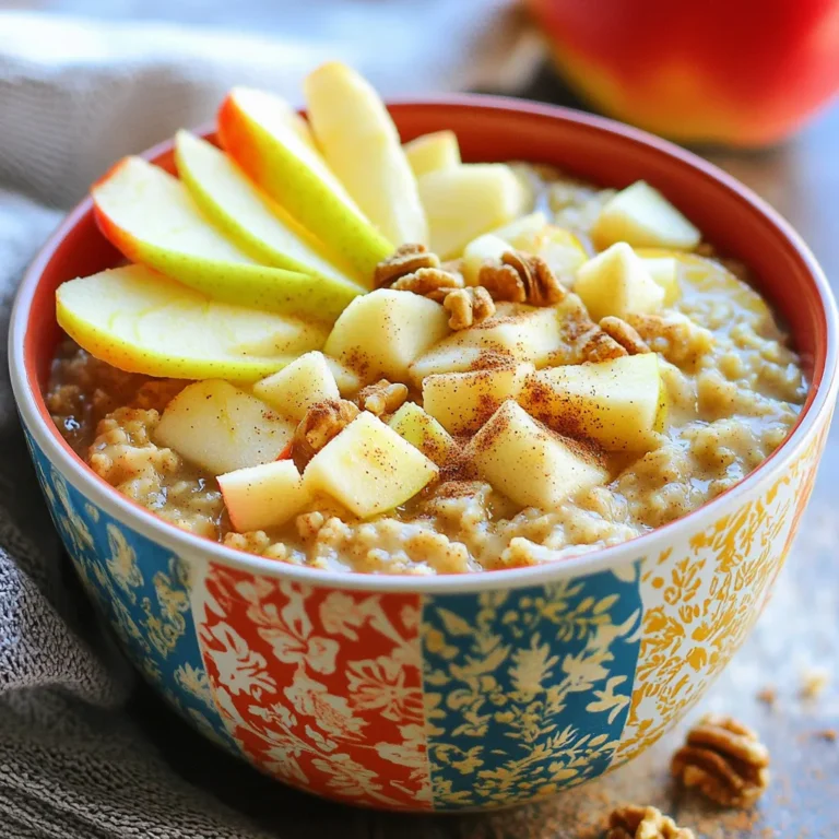 - 2 cups rolled oats - 4 cups water or almond milk - 2 apples, peeled, cored, and diced - 1/3 cup brown sugar or maple syrup - 2 teaspoons ground cinnamon - 1/4 teaspoon nutmeg - 1/4 teaspoon salt - 1/2 cup optional raisins or cranberries - 1/2 cup optional chopped walnuts or pecans - Garnishes: Fresh apple slices and additional nuts For this oatmeal, I love using rolled oats. They give a great texture. Water or almond milk works well, too. Almond milk adds a lovely nutty flavor. Next, I choose two apples. I peel, core, and dice them. Sweet or tart apples both work here. Brown sugar or maple syrup provides that sweet touch. I always add ground cinnamon. It brings warmth and depth. A pinch of nutmeg adds a nice twist. Don’t forget the salt; it helps all the flavors pop. If you want extra fruit, toss in raisins or cranberries. They add sweetness and chew. Chopped walnuts or pecans bring a nice crunch. Lastly, for serving, I love fresh apple slices and more nuts on top. It makes the dish look beautiful and taste even better. Start by gathering your ingredients. You will need rolled oats, water or almond milk, diced apples, and sweeteners. In a slow cooker, combine: - 2 cups rolled oats - 4 cups water or almond milk - 2 apples, peeled, cored, and diced - 1/3 cup brown sugar or maple syrup - 2 teaspoons ground cinnamon - 1/4 teaspoon nutmeg - 1/4 teaspoon salt Mix these ingredients well. This step is key for a tasty dish. The apples add natural sweetness and flavor. The spices bring warmth and comfort. Now, it’s time to cook. Cover the slow cooker and set it to low heat. Cooking on low takes about 6-8 hours. If you choose high heat, it will take around 3-4 hours. Stir the mixture halfway through the cooking time. This helps everything cook evenly. To check if your oatmeal is ready, look for a creamy texture. The oats should be soft and well combined with the apples. Once done, stir the oatmeal again before serving. For a beautiful presentation, scoop the oatmeal into bowls. Garnish with fresh apple slices and extra nuts. You can also sprinkle on more cinnamon for extra flavor. Enjoy your warm, comforting oatmeal! To make great oatmeal, start with the right oats. I recommend using rolled oats. They cook well and give a nice creamy texture. Avoid instant oats as they can turn mushy. Next, adjust the liquid ratios. For a thicker oatmeal, use less liquid; for a creamier oatmeal, add more. A good starting point is 4 cups of water or almond milk to 2 cups of oats. Adding spices boosts the flavor. Ground cinnamon is a must, but try adding nutmeg too. For sweetness, brown sugar or maple syrup works well. Adjust the amount based on your taste. Fresh toppings can make a big difference. Think about using apple slices, nuts, or even a drizzle of honey. These not only add flavor but also make your dish look nice. You can cook your oatmeal overnight for a warm breakfast. Set your slow cooker to low heat for 6-8 hours. If you need it faster, use high heat for 3-4 hours. When serving, make sure to scoop the oatmeal into bowls while it’s warm. This way, everyone enjoys it at its best. Add a sprinkle of cinnamon on top for a nice touch. {{image_2}} You can make this oatmeal even better by switching some ingredients. Instead of regular milk, try almond milk. It adds a nice nutty flavor. If you want to cut down on sugar, use maple syrup in place of brown sugar. Maple syrup tastes great and is a healthier choice. For toppings, consider using fresh fruit like bananas or berries. They add natural sweetness and color. You can also use yogurt or a sprinkle of seeds for extra crunch. Want to make your oatmeal special? Add seasonal fruits like pears or pumpkin in the fall. You can also mix in spices like ginger or cloves for extra warmth. If you love nut butter, stir in some peanut or almond butter. It adds creaminess and protein. For a sweet twist, toss in chocolate chips. They melt slightly and make breakfast feel like dessert. You can pick your favorite flavors for a fun twist. If you need gluten-free options, use certified gluten-free oats. They work just like regular oats but keep your meal safe. For those who follow a vegan diet, use almond milk and maple syrup. This way, everyone can enjoy the dish. Always check labels for added ingredients to ensure they meet your dietary needs. Enjoying this oatmeal can fit any lifestyle! To store your oatmeal, let it cool first. Then, place it in an airtight container. This will keep your oatmeal fresh. In the fridge, it lasts for about 4 to 5 days. If you want to enjoy it later, try freezing it. When it’s time to eat leftovers, you have a few good options. You can microwave it for a quick heat-up. Just add a splash of water or milk. This will help keep it creamy. Stir it every 30 seconds until it’s warm. You can also reheat it on the stove over low heat. Stir often to avoid burning. To freeze oatmeal, scoop it into freezer-safe containers. Leave some space at the top, as it will expand. When you're ready to eat, move it to the fridge overnight to thaw. For best results, reheat it with a little added liquid. Frozen oatmeal may be thicker, so adjust the texture to your liking. Enjoy your warm, comforting bowl again! Can I use quick oats instead of rolled oats? Yes, you can use quick oats. However, the texture will be softer. Rolled oats give a heartier bite. If you use quick oats, reduce the cooking time to about 4-6 hours. How can I make it dairy-free? To make this recipe dairy-free, use almond milk or any plant-based milk. This change keeps it creamy without the dairy. What can I add for extra protein? You can add nuts like walnuts or pecans for protein. Also, consider stirring in some protein powder after cooking. Greek yogurt on top is another tasty option. How do I adjust the recipe for larger servings? To serve more, simply double the ingredients. Use 4 cups of oats and 8 cups of liquid. Adjust the cooking time if needed, but the slow cooker should handle it well. Can I add other fruits or spices? Yes! Feel free to mix in berries, bananas, or peaches. For spices, nutmeg, ginger, or even vanilla work great. Each fruit and spice adds its own flavor twist. This blog post covered how to make a delicious apple cinnamon oatmeal. You learned the ingredients needed, cooking steps, and helpful tips for the perfect dish. I shared variations to fit your tastes and dietary needs. Proper storage methods ensure your oatmeal stays fresh. Remember, this dish is versatile and easy to adapt. Try new flavors next time you cook. Enjoy experimenting and making it your own! A simple bowl of oatmeal can be both satisfying and healthy.