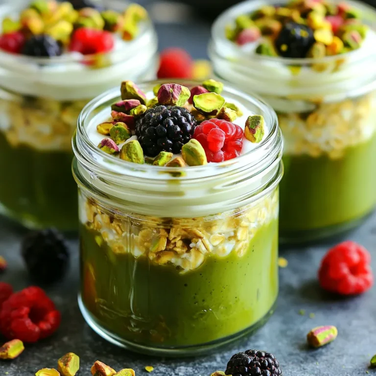 For this tasty Pistachio Matcha Overnight Oats recipe, gather these ingredients: - 1 cup rolled oats - 1 tablespoon matcha powder - 2 cups almond milk (or your choice of milk) - 2 tablespoons honey or maple syrup - 1/2 cup plain Greek yogurt - 1/4 cup pistachios, shelled and roughly chopped - 1/4 teaspoon vanilla extract - A pinch of salt - Fresh berries for topping (optional) You can swap almond milk for any milk you like, such as coconut or oat milk. If you want a nut-free option, try soy milk. For sweeteners, you can use agave syrup instead of honey or maple syrup. You can also replace Greek yogurt with a dairy-free yogurt for a vegan twist. If you lack pistachios, walnuts or almonds work well too. - Rolled Oats: They are rich in fiber, which helps keep you full. They also support heart health. - Matcha Powder: This green tea powder boosts energy and offers antioxidants. It can help you feel calm and focused. - Almond Milk: Low in calories, it provides a dairy-free base full of vitamins. - Greek Yogurt: High in protein, it adds creaminess and probiotics for gut health. - Pistachios: These nuts are packed with healthy fats and protein. They can help lower cholesterol and support weight loss. With this list, you're ready to make a delicious and healthy breakfast that fuels your day! To make pistachio matcha overnight oats, start with a big bowl. Add 1 cup of rolled oats, 1 tablespoon of matcha powder, and a pinch of salt. Stir these dry ingredients well. In another bowl, whisk together 2 cups of almond milk, 2 tablespoons of honey or maple syrup, 1/2 cup of plain Greek yogurt, and 1/4 teaspoon of vanilla extract. Make sure this mixture is smooth. Next, pour the wet mix over the dry oats and matcha. Stir until everything is mixed evenly. Finally, fold in 1/4 cup of chopped pistachios, but save some for topping later. When mixing, be gentle. You don't want to crush the oats. Make sure all oats are coated with the wet mixture. If you find it hard to mix, use a spatula. It helps combine everything without too much effort. Ensure the matcha is evenly spread so you get that rich green flavor in every bite. This step is key for the best taste. Cover your bowl tightly or use jars if you prefer. Place it in the fridge for at least 4 hours, but overnight is best. Soaking helps the oats absorb the flavors and become creamy. In the morning, when you are ready to eat, stir the oats. If they are too thick, add a splash of almond milk. This will make them just right. Serve your oats with fresh berries and the saved pistachios on top for a lovely crunch. To get the right texture, let your oats soak long enough. Aim for at least 4 hours or overnight. This helps the oats soften. If they feel too thick in the morning, add a splash of almond milk. Stir well to blend everything. This little step makes a big difference. Want to boost the flavor? Try adding a sprinkle of cinnamon. It pairs well with matcha and pistachios. You can also mix in some chia seeds for extra nutrition. They add a fun texture and help thicken the oats. Fresh fruits like bananas or berries can add sweetness too. Just slice them and mix them in before serving. Meal prepping makes busy mornings easier. Start by making a batch of pistachio matcha overnight oats. Store them in clear jars for a pretty look. Divide the oats into servings. Keep them in the fridge for up to 3 days. This way, you have a healthy breakfast ready to go. Don’t forget to top with fresh berries or more pistachios when you serve! {{image_2}} You can change the flavor of your pistachio matcha overnight oats easily. Try using different nuts like almonds or walnuts. Each nut brings its unique taste. If you want a sweeter touch, use agave syrup or coconut sugar instead of honey. These swaps keep your oats fresh and fun. Adding fruits can elevate your overnight oats. Berries like strawberries or blueberries add color and sweetness. You can also use sliced bananas or apples for a fruity crunch. For extra texture, consider sprinkling chia seeds or shredded coconut on top. These toppings not only taste great but also add health benefits. If you want a vegan version, simply swap the Greek yogurt for a plant-based yogurt. Almond milk works well, but you can use oat or coconut milk too. For sweetening, maple syrup or agave is perfect. This way, everyone can enjoy the creamy, delicious oats without dairy. To store leftover overnight oats, place them in an airtight container. You can also use glass jars for easy serving. Make sure to seal them tightly to keep them fresh. If you have added any toppings, store those separately. This helps keep them crunchy. Pistachio matcha overnight oats last up to five days in the fridge. Keep them cold at all times. To maintain freshness, check for any signs of spoilage. If they smell sour or look odd, it's best to throw them out. Always label your containers with the date to keep track. If you prefer warm oats, you can reheat them in the microwave. Transfer your desired portion to a bowl. Heat it for 30 seconds to one minute, stirring halfway through. If they seem thick, add a splash of almond milk. This keeps them creamy and delicious. Yes, you can use instant oats. They soak up liquid faster. This can make your overnight oats mushy. Rolled oats offer a chewier texture. They hold up well overnight. I recommend sticking with rolled oats for the best bite. You can keep these oats for up to five days. Store them in an airtight container. The oats stay fresh and tasty. The flavors also deepen over time. Just remember to give them a stir before you eat. Matcha is rich in antioxidants. It boosts your metabolism and may help with focus. Pistachios provide protein and healthy fats. They also contain fiber, which is good for digestion. Together, they make a super nutritious breakfast that fuels your day. In this post, we explored how to make delicious overnight oats. We covered ingredients, preparation steps, and tips for great texture. I shared ways to enhance flavor and offered ideas for meal prep. Don’t forget to try different toppings and flavors! When stored correctly, your oats can stay fresh for days. Enjoy your healthy and tasty overnight oats today.