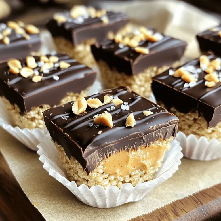 - 1 cup creamy peanut butter - 1/2 cup honey or maple syrup - 3 cups crispy rice cereal - 1 cup dark chocolate chips - 1/4 cup coconut oil - 1/4 teaspoon sea salt - Optional toppings: crushed peanuts, sea salt flakes, or mini chocolate chips To create these No-Bake Chocolate Peanut Butter Krispie Cups, you need simple ingredients. Start with creamy peanut butter. It gives a rich taste and smooth texture. Honey or maple syrup adds sweetness. Choose what you like best. The crispy rice cereal gives a nice crunch. Using dark chocolate chips adds a deep flavor. Coconut oil helps melt the chocolate smoothly. The sea salt helps balance the sweetness. You can also add toppings for extra fun. Crushed peanuts, sea salt flakes, or mini chocolate chips work great. Gather these ingredients before you start. It makes the cooking process much easier. You can find most of these items at your local store. Now, you are ready to make a tasty treat! First, take a medium saucepan. Place it on low heat. Add 1 cup of creamy peanut butter and 1/2 cup of honey or maple syrup. Stir continuously until it melts. This should take just a few minutes. Remove the saucepan from the heat when it is smooth and well mixed. Next, grab a large mixing bowl. Pour in 3 cups of crispy rice cereal. Take the melted peanut butter mixture and pour it over the cereal. Sprinkle in 1/4 teaspoon of sea salt. Mix it all together until each piece of cereal gets coated. This step is key for flavor. Now, return to the same saucepan. Add 1 cup of dark chocolate chips and 1/4 cup of coconut oil. Heat this on low while stirring. You want it to melt completely and become creamy. Once smooth, it’s ready to use. Line a muffin tin with paper liners. Spoon the peanut butter cereal mix into each liner. Press down to make a strong base, filling each liner halfway. Now, spoon the melted chocolate over the cereal layer in each cup. Make sure to cover it completely. You can add optional toppings like crushed peanuts or sea salt flakes on top for extra crunch. Finally, put the muffin tin in the fridge for at least 30 minutes. This helps the cups set. Once firm, gently remove them from the liners and enjoy! To make great layers in your cups, start with the peanut butter mix. Make sure you press it down well in each muffin liner. A tight base holds everything together. Next, pour the melted chocolate on top. Be sure to cover the peanut butter mix fully. This keeps the layers clean and tasty. You can sprinkle some crushed peanuts or sea salt on top, too. These add crunch and flavor. If you need to swap ingredients, there are great options. Use almond butter or sunflower seed butter instead of peanut butter. For sweeteners, maple syrup works well if you want a different taste. You can also use light corn syrup if you prefer. For the cereal, you can choose puffed rice or even granola. Just keep the same amount, so it stays crunchy. Melting chocolate can be tricky, but here are some tips. Always use low heat to avoid burning. Stir the chocolate chips often as they melt. You can add a bit of coconut oil to make it smooth. If the chocolate hardens too fast, just warm it again gently. Using a double boiler works well, too. This method helps control the heat and makes melting easier. {{image_2}} You can easily make these cups nut-free. Simply swap the peanut butter for sun butter or soy nut butter. Both options give you similar creaminess without any nuts. This way, everyone can enjoy the treat, even those with nut allergies. For a vegan version, use maple syrup instead of honey. Also, choose dairy-free chocolate chips. Combine these swaps for a tasty, plant-based delight. You won't lose any of the yummy flavor. Want to spice things up? Try adding extras like mini marshmallows or shredded coconut. You can also mix in some crispy cereal bits for a fun crunch. Another great idea is to add a dash of cinnamon or a splash of vanilla extract. These small changes make your cups unique and exciting. You can store your No-Bake Chocolate Peanut Butter Krispie Cups in an airtight container. Keep them in the fridge for the best taste and texture. This helps them stay fresh and firm. The cool air keeps the chocolate from melting and the cups from losing shape. If you want to keep them longer, freezing is a great option. Place each cup in a single layer in a freezer-safe container. You can also wrap them in plastic wrap first. When you want to eat them, let them thaw in the fridge for a few hours. This keeps their flavor rich and delicious. These tasty cups last about a week in the fridge. For frozen cups, they can stay good for up to three months. However, I recommend enjoying them within a month for the best taste. After that, the texture may change and not be as pleasant. Enjoy your treats while they are still fresh! Yes, you can use other nut butters. Almond butter and cashew butter work well. You can also try sunflower seed butter for a nut-free option. Each nut butter will change the taste a bit. Choose one you enjoy. To make these cups gluten-free, use gluten-free crispy rice cereal. Always check the label. Most brands offer gluten-free options. This small change keeps your dessert safe for all. If your chocolate hardens too fast, try melting it over low heat. You can also add a bit more coconut oil. This will help keep it smooth and creamy. Stir it well to mix. Yes, you can make these cups ahead of time. They store well in the fridge for up to a week. You can also freeze them for longer storage. Just let them thaw before serving. You learned how to craft no-bake chocolate peanut butter cups. We covered all the ingredients needed and gave clear step-by-step instructions. I shared tips to help you make the best cups and offered some creative variations to try. Store your treats well, and enjoy the options for flavors. These cups are easy, fun, and perfect for sharing. Now, get started and treat yourself!