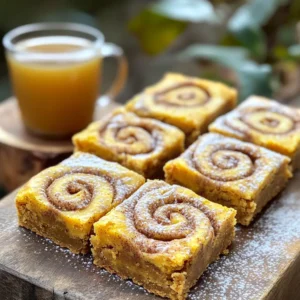 - 1 cup unsalted butter, melted - 1 1/2 cups brown sugar, packed - 2 large eggs - 1 teaspoon vanilla extract - 1 cup all-purpose flour - 1 teaspoon baking powder - 1/2 teaspoon baking soda - 1/2 teaspoon salt - 1 tablespoon pumpkin spice mix - 1/2 cup pumpkin puree - 1/4 cup chopped pecans (optional) - For the swirl: - 1/4 cup brown sugar - 1 tablespoon cinnamon - 2 tablespoons melted butter This recipe calls for simple, easy-to-find ingredients. The butter and brown sugar form a rich base. Eggs and vanilla give it a nice texture. The dry ingredients, like flour, baking powder, and pumpkin spice, add flavor and structure. Pumpkin puree brings moisture and a lovely color. If you want a little crunch, toss in some chopped pecans. For the swirl, mix brown sugar and cinnamon with melted butter. This adds a sweet, spiced touch to the blondies. Each bite will be a yummy mix of flavors. Gather these ingredients to create your Pumpkin Spice Cinnamon Roll Blondies. The blend of spices and pumpkin will make your kitchen smell amazing! Start by preheating your oven to 350°F (175°C). This step is key for even baking. Next, take a 9x13-inch baking pan. You can grease it with cooking spray. Alternatively, line it with parchment paper for easy removal later. In a large mixing bowl, combine 1 cup of melted butter and 1 1/2 cups of packed brown sugar. Whisk these together until smooth. Then, add in 2 large eggs, one at a time. Stir in 1 teaspoon of vanilla extract. Mix well until everything is blended. In another bowl, whisk together 1 cup of all-purpose flour, 1 teaspoon of baking powder, 1/2 teaspoon of baking soda, 1/2 teaspoon of salt, and 1 tablespoon of pumpkin spice mix. Gradually add this dry mixture to your wet ingredients. Stir until just combined. Then, fold in 1/2 cup of pumpkin puree. If you like, you can add 1/4 cup of chopped pecans too. In a small bowl, mix together 1/4 cup of brown sugar, 1 tablespoon of cinnamon, and 2 tablespoons of melted butter. Stir this until it forms a thick paste. This will create a delicious swirl in your blondies. Pour half of the blondie batter into your prepared pan. Spread it evenly across the bottom. Next, drop spoonfuls of the cinnamon swirl mixture over the batter. Use a knife or toothpick to gently swirl it in. Then, pour the rest of the blondie batter on top and smooth it out. Bake in the preheated oven for 25-30 minutes. Check with a toothpick; it should come out clean. Let the blondies cool in the pan for 10-15 minutes. Then, transfer them to a wire rack to cool completely. Once cool, cut them into squares. To make the best pumpkin spice cinnamon roll blondies, start with fresh ingredients. Use unsalted butter that is melted, not browned. This gives your blondies a rich, creamy taste. Make sure to pack the brown sugar tightly for a moist texture. When mixing, do not over-stir the batter. Stir just until combined to keep the blondies soft and chewy. Swirling the cinnamon mix into your blondies takes a little practice. After pouring half of the batter, drop spoonfuls of the cinnamon swirl mix on top. Use a knife or toothpick to swirl gently. Avoid mixing too much. You want to see swirls, not a single color. This adds a beautiful pattern and ensures every bite is a tasty surprise. Presentation is key for these blondies. Serve them on a rustic wooden board for a warm feel. Dust with powdered sugar for a snowy look. A drizzle of cream cheese glaze makes them even more special. Pair these blondies with a warm cup of apple cider. This combo brings out the fall flavors and makes a delightful treat for gatherings or cozy nights in. {{image_2}} You can boost flavor with nuts or chocolate. I love adding chopped pecans to my blondies. They give a nice crunch. You can also try walnuts for a different taste. If you’re a chocolate lover, add chocolate chips. Use dark or milk chocolate for richness. Just fold them in with the pumpkin puree. This makes each bite a treat. Making these blondies gluten-free is easy. Swap the all-purpose flour for gluten-free flour. Many brands work well in baking. Just make sure it has a good mix of starches. You might also want to add an extra egg. This helps to keep the texture rich and moist. Your blondies will be just as tasty! If you want to change the topping, try different frostings. A cream cheese glaze adds tang and sweetness. Mix cream cheese with powdered sugar and a splash of milk. Drizzle it on top after cooling. For a simple option, dust with powdered sugar. You can also use a caramel sauce for extra flavor. Each option makes the blondies shine in a new way. To keep your Pumpkin Spice Cinnamon Roll Blondies fresh, store them in an airtight container. Place a piece of parchment paper between layers to prevent sticking. These blondies stay soft and tasty for up to five days at room temperature. If you want them to last longer, refrigeration is a great option. They will stay good for a week if stored cold. Freezing these blondies is easy and smart. Cut them into squares and wrap each piece in plastic wrap. Then, place the wrapped blondies in a freezer-safe bag or container. Label the bag with the date. They can stay frozen for up to three months. When you are ready to enjoy them, just thaw at room temperature for a few hours. To bring back the warm, gooey goodness, reheat the blondies in the oven. Preheat your oven to 350°F (175°C). Place the blondies on a baking sheet and cover them with aluminum foil. Heat for about 10 minutes. If you prefer the microwave, warm one blondie for about 15-20 seconds. Enjoy them with a drizzle of cream cheese glaze or a dusting of powdered sugar for an extra treat! Yes, you can! If you don't have pumpkin spice, use a mix of cinnamon, nutmeg, and ginger. This mix gives a warm and cozy flavor. Just keep the amount the same as the recipe calls for. Adjust it to your taste if you want more spice. If you do not have pumpkin puree, try using applesauce or mashed bananas. Both options add moisture and sweetness. However, the taste will change a bit. If you want to keep the pumpkin flavor, you can also use butternut squash puree. Check the blondies after 25 minutes by inserting a toothpick in the center. If it comes out clean or with a few crumbs, they are done. If it has wet batter, bake for a few more minutes. Keep an eye on them to avoid overbaking. Yes, you can make these blondies a day ahead. Just let them cool completely and store them in an airtight container. This helps the flavors meld together, making them even more tasty. You can also freeze them for later enjoyment. These blondies go well with vanilla ice cream or whipped cream. A drizzle of caramel sauce adds extra sweetness. For a fall twist, serve them with warm apple cider or spiced tea. These pairings enhance the flavors and make for a delightful dessert spread. You learned how to make pumpkin spice cinnamon roll blondies from start to finish. We covered ingredients, step-by-step instructions, and tips for the perfect bake. You can recreate these delights using variations like nuts or gluten-free options. Remember to store them right to keep them fresh. Enjoying these blondies can be a fun treat with family or friends. I hope you feel inspired to bake and share these tasty treats!