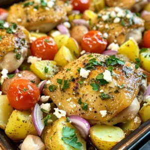 - 4 boneless, skinless chicken thighs - 4 medium potatoes, diced into 1-inch cubes - 1 cup cherry tomatoes, halved - 1 red onion, cut into wedges - 3 cloves garlic, minced When you start this dish, the main ingredients are key. I love using chicken thighs for their rich flavor. Potatoes add a hearty touch, while cherry tomatoes bring sweetness. Red onion adds a nice bite, and garlic gives it that warm aroma. All these ingredients come together to create a comforting meal. - 1/4 cup olive oil - 2 tablespoons lemon juice - 1 tablespoon dried oregano - 1 teaspoon paprika - Salt and pepper to taste The dressing is where the magic happens! Olive oil keeps everything moist. Lemon juice adds brightness, making the dish fresh. Dried oregano gives it that classic Greek flavor. Paprika adds depth, while salt and pepper enhance all these tastes. This blend is simple but so effective. - Fresh parsley, chopped - Feta cheese, crumbled Garnishes can elevate your dish. Fresh parsley adds a pop of color and freshness. Feta cheese gives a creamy, salty bite that pairs perfectly with the chicken. These garnishes are not just pretty; they add more flavor and make your meal feel special. - Preheat your oven to 425°F (220°C). - Dice 4 medium potatoes into 1-inch cubes. - Cut a red onion into wedges. - Halve 1 cup of cherry tomatoes. - Mince 3 cloves of garlic. - In a large bowl, whisk together: - 1/4 cup olive oil - 2 tablespoons lemon juice - 1 tablespoon dried oregano - 1 teaspoon paprika - Salt and pepper to taste - Pour half of the dressing over the potato mix. Toss to coat evenly. - Spread the potato mix on a large sheet pan. - In the same bowl, add 4 boneless, skinless chicken thighs. - Pour the remaining dressing over the chicken. Coat well. - Nestle the chicken thighs into the potato mix on the sheet pan. - Roast for 25-30 minutes. Check that the chicken reaches an internal temperature of 165°F. - For a crispy finish, broil for 2-3 minutes. - Remove from the oven and let it cool for a few minutes before serving. - Garnish with chopped fresh parsley and optional feta cheese. - Ensuring chicken is cooked through: Use a meat thermometer to check for doneness. The chicken should reach 165°F. This ensures it is safe to eat and juicy. - Achieving crispy potatoes: Spread the potatoes out in a single layer on the sheet pan. This allows hot air to circulate and crisp them up. If you want extra crunch, broil them for 2-3 minutes at the end. - Presentation ideas: Serve the dish right from the sheet pan to keep it simple and casual. For a more formal look, transfer it to a large platter. - Additional flavor enhancements: Drizzle some fresh lemon juice over the top just before serving. This adds a bright and zesty flavor that complements the dish well. - Alternative proteins: Feel free to use chicken breasts or even shrimp if you prefer. Both options work well with the flavors in this dish. - Veggie options: You can swap out the red onion for shallots or add bell peppers for extra color and taste. Zucchini or broccoli also make great additions. {{image_2}} You can change the flavor of your dish easily. Adding fresh herbs like thyme or dill gives a nice twist. You can also sprinkle some cumin for warmth. If you want heat, add red pepper flakes. Changing the vegetable mix is fun too. Try bell peppers, zucchini, or carrots. Each vegetable brings a new taste and texture. This recipe is great with grains. Adding quinoa or couscous makes it heartier. You can cook these grains separately or mix them in the pan. For proteins, swap chicken for salmon or shrimp. Both cook well and add different flavors. You can also use chickpeas for a plant-based option. Want to try a different method? Use an Instant Pot for a quicker version. Cook everything on high for about 10 minutes. This keeps the chicken juicy and tender. You can also grill the chicken and veggies. It adds a smoky flavor. Just make sure to pre-cook the potatoes a bit. This helps them become tender on the grill. After your meal, store any leftovers in a sealed container. Keep them in the fridge. They will stay fresh for up to three days. For longer storage, you can freeze the leftovers. Use freezer-safe bags or containers. Label them with the date to track freshness. For reheating, the oven is best. Preheat it to 350°F (175°C). Place the chicken and potatoes on a baking sheet. Heat for about 15-20 minutes. This method helps keep the texture and flavor intact. You can also use the microwave for quick reheating. Just be careful, as this may make the potatoes soft. In the fridge, your sheet pan Greek chicken and potatoes last for about three days. Look for signs of spoilage before eating. If you see mold or a strange smell, it’s best to toss it out. Fresh leftovers should always taste good and smell great. It takes about 25 to 30 minutes to cook sheet pan Greek chicken and potatoes. You roast them at 425°F (220°C). The chicken should reach an internal temperature of 165°F. This ensures it is safe to eat. The potatoes should be tender and cooked through as well. Yes, you can use skin-on chicken thighs. They add extra flavor and crispiness. Just adjust the cooking time if needed. Skin-on thighs may take a couple of minutes longer to cook. Always check the internal temperature to be sure. To store leftovers, place them in an airtight container. This keeps the chicken and potatoes fresh. You can refrigerate them for up to three days. For longer storage, freeze them in a freezer-safe bag. Just be sure to label it with the date. You know the chicken is done when it reaches 165°F internally. Use a meat thermometer for accuracy. The juices should run clear, not pink. If you don’t have a thermometer, cut into the thickest part. If the meat is no longer pink, it is safe to eat. You now have a clear guide to make a delicious sheet pan Greek chicken and potatoes. We covered the main ingredients, the simple steps, and helpful tips. You can customize the dish with different flavors or veggies. After cooking, store leftovers properly to keep them fresh. This recipe makes dinner easy and tasty. Enjoy your cooking and impress others with this one-pan meal. You’ll love how simple it is!