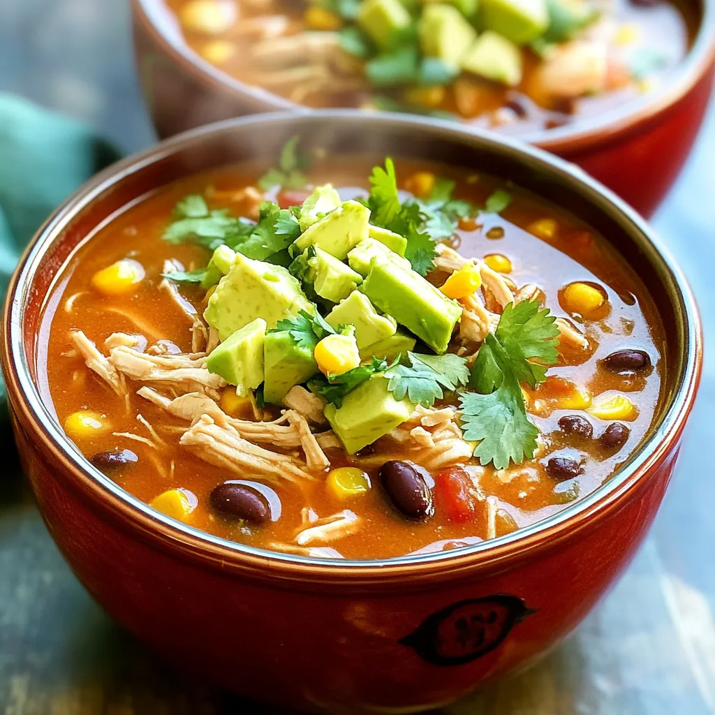 - 1 lb boneless, skinless chicken breasts - 1 can black beans, rinsed and drained - 1 can corn, drained - 1 can diced tomatoes with green chilies - 1 small onion, diced - 2 cloves garlic, minced - 1 cup chicken broth The main ingredients bring a lot of flavor. The chicken gives the soup its heartiness. Black beans and corn add texture and nutrition. Diced tomatoes with green chilies give the soup a nice kick. Onion and garlic enhance the overall taste and aroma. - 1 tablespoon taco seasoning - 1 teaspoon cumin - Salt and pepper to taste - Fresh cilantro, chopped - 1 avocado, diced - Tortilla chips The seasonings are key to making this soup pop. Taco seasoning adds a classic flavor that everyone loves. Cumin brings warmth and depth. Salt and pepper let you adjust the taste to your liking. Fresh cilantro and avocado make great toppings. They add freshness and creaminess, making each bite special. Don’t forget the tortilla chips for that crunch! To start, place the boneless chicken breasts at the bottom of the Instant Pot. This step ensures even cooking. Make sure the chicken is fresh for the best flavor. Next, layer the ingredients. Add the diced onion and minced garlic on top of the chicken. Then, toss in the black beans, corn, and diced tomatoes. Pour in the chicken broth. Sprinkle the taco seasoning and cumin over everything. Stir gently to combine. This action helps the chicken soak in all the flavors. Now, it’s time to cook. Close the lid securely and set the steam valve to sealing. Choose the “Manual” or “Pressure Cook” setting. Adjust the timer to 15 minutes on high pressure. Once the timer goes off, let the pressure release naturally for 10 minutes. After that, do a quick release for any remaining pressure. This method keeps the chicken juicy. After opening the lid, take out the chicken breasts. Use two forks to shred the chicken. Return the shredded chicken back to the pot. Stir everything together to mix the flavors. For serving, scoop the soup into bowls. Top with diced avocado and chopped cilantro. Add a handful of tortilla chips for added crunch. This presentation makes the dish feel special. To make sure your chicken is tender, follow these tips: - Use fresh chicken: Fresh chicken breasts cook better and stay juicy. - Don’t overcook: Set your timer to 15 minutes. This gives you tender meat without drying it out. - Natural pressure release: Let the pressure release naturally for 10 minutes. This helps keep the chicken moist. Shred the chicken after cooking. Use two forks to pull it apart gently. Return it to the pot and stir well. You can customize the heat for your taste. Here’s how: - Taco seasoning: Start with one tablespoon. You can always add more later. - Cumin: This spice adds depth. Use one teaspoon, but feel free to increase for more flavor. - Fresh peppers: For extra heat, add diced jalapeños or serranos. Taste the soup before serving. Adjust the salt and pepper to your liking. If you don't have an Instant Pot, you can still enjoy this soup. Here are some options: - Slow cooker: Place all ingredients in your slow cooker. Cook on low for 6-8 hours or high for 3-4 hours. - Stovetop: In a pot, combine all ingredients. Bring to a boil, then reduce heat. Simmer for 30-40 minutes until the chicken is cooked. These methods give you tasty chicken taco soup with minimal effort. Enjoy! {{image_2}} To make a vegetarian version of this soup, swap chicken for extra beans or lentils. You can use: - 1 can (15 oz) chickpeas, rinsed and drained - 1 can (15 oz) black beans, rinsed and drained - 1 cup diced bell peppers These swaps will keep it hearty and filling. You might want to add a little extra broth for a good texture. For more flavor, consider adding cheese or lime. You can mix in: - 1 cup shredded cheese, like cheddar or Monterey Jack - Juice of 1 lime A sprinkle of chili powder adds warmth. You can also add spices like smoked paprika or cayenne for extra kick. Top your soup with fun ingredients. Ideas for toppings include: - Diced avocado - Fresh cilantro - Sliced jalapeños Serve with tortilla chips for crunch. You can also pair it with a side salad for a colorful meal. To store your chicken taco soup in the fridge, follow these steps: - Let the soup cool to room temperature. - Transfer it to an airtight container. - Store in the fridge for up to 4 days. Make sure the lid is tight to keep the soup fresh. This helps maintain its flavor and texture. When you're ready to eat, just open the container and enjoy! If you want to keep your soup longer, freezing is a great option: - Allow the soup to cool completely. - Pour it into freezer-safe bags or containers. - Leave some space at the top. The soup will expand when frozen. - Label the bags with the date and type of soup. You can freeze it for up to 3 months. This way, you can enjoy a warm bowl anytime! When it's time to eat your soup, reheating it properly is key: - For the microwave, heat in short bursts. Stir in between to ensure even warming. - On the stove, pour the soup into a pot. Heat on low, stirring often until hot. These methods help keep the flavors intact and prevent the soup from burning. Enjoy your delicious chicken taco soup! Yes, you can use frozen chicken in this soup. Just make sure to add a few extra minutes to the cooking time. If you use frozen chicken, set the pressure cooking time to 18-20 minutes. This helps ensure the chicken cooks through. Always check that the chicken reaches 165°F for safety. Cooking in the Instant Pot takes about 15 minutes at high pressure. Add 10 minutes for natural pressure release. This means the total time is around 35 minutes from start to finish. It’s fast and easy! You can serve this soup in many ways. Here are some ideas: - Tortilla chips for crunch - Avocado for creaminess - Fresh cilantro for a burst of flavor - Sour cream for a cool touch - Rice for a filling side These sides make the meal more fun and tasty! This blog post covered how to make an easy Instant Pot Chicken Taco Soup. You learned about the main ingredients, like chicken, beans, and tomatoes. We explored simple steps, from preparing the chicken to serving hot bowls of soup. I shared tips for making your soup just right and ideas for variations, such as vegetarian options. Lastly, I gave advice on storing and reheating your soup. Use these tips to make a meal that warms your heart and brings joy to your table. Enjoy your cooking adventure!