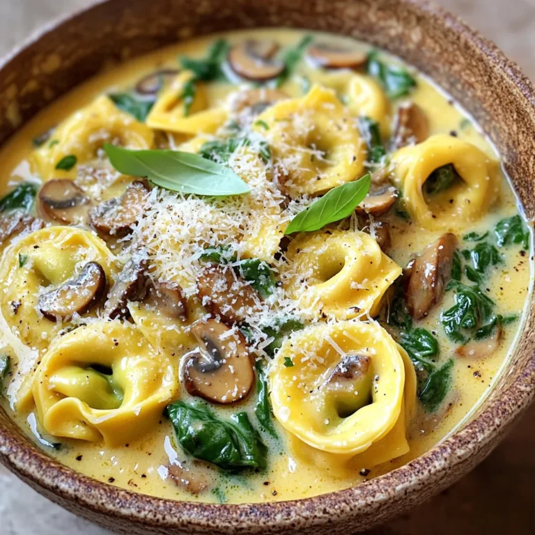 To make this creamy dish, gather these key ingredients: - 12 ounces cheese tortellini (fresh or frozen) - 2 tablespoons olive oil - 1 cup mushrooms, sliced (cremini or button) - 3 cloves garlic, minced - 4 cups fresh spinach, roughly chopped - 1 cup heavy cream or plant-based cream - 1 cup vegetable broth - ½ cup grated Parmesan cheese (plus extra for serving) - Salt and freshly ground black pepper to taste - ½ teaspoon red pepper flakes (optional, for heat) - Fresh basil or parsley for garnish These ingredients work together to create a rich, creamy sauce that clings to the tortellini. The mushrooms add a nice texture, while spinach brings freshness. You can customize your dish with these optional ingredients: - Protein like grilled chicken or shrimp - Other vegetables, such as bell peppers or zucchini - Different cheese options, like mozzarella or goat cheese Feel free to experiment! Adding your favorite protein or veggies can make this dish your own. If you don’t have some ingredients on hand, here are some substitutions: - Use frozen tortellini instead of fresh. - Replace heavy cream with coconut milk for a dairy-free option. - Swap Parmesan with nutritional yeast to make it vegan. These swaps can help you tailor the recipe to fit your diet or pantry needs. You can still enjoy the creamy goodness without missing out! First, gather all your ingredients. This makes cooking smooth and fun. You need: - 12 ounces cheese tortellini (fresh or frozen) - 2 tablespoons olive oil - 1 cup mushrooms, sliced (such as cremini or button) - 3 cloves garlic, minced - 4 cups fresh spinach, roughly chopped - 1 cup heavy cream or plant-based cream - 1 cup vegetable broth - ½ cup grated Parmesan cheese (plus extra for serving) - Salt and freshly ground black pepper to taste - ½ teaspoon red pepper flakes (optional, for heat) - Fresh basil or parsley for garnish Wash the spinach and mushrooms. Chop them as needed. Mince the garlic. This prep helps all the flavors blend well. In a large pot, heat the olive oil over medium heat. Add the sliced mushrooms. Sauté them for about 5 minutes. Cook until they're golden brown and soft. This step builds a rich flavor. Next, add the minced garlic and red pepper flakes if you want a bit of heat. Cook for one more minute. The garlic should be fragrant, filling your kitchen with a lovely aroma. Then, stir in the heavy cream and vegetable broth. Mix well so the mushrooms and garlic combine with the liquids. Bring this mixture to a gentle simmer. Now, add the cheese tortellini. Cook according to package instructions, usually about 5-7 minutes. Stir occasionally until the tortellini is tender and ready. Once the tortellini is cooked, add the chopped spinach. Stir until it wilts, which should take about 2 minutes. The spinach adds color and nutrients to your dish. Remove the pot from heat. Stir in the grated Parmesan cheese. Mix until it melts and blends into the creamy sauce. This adds richness to your dish. Taste your creation and season it with salt and freshly ground black pepper. Serve immediately. Garnish with extra Parmesan cheese and a sprinkle of fresh basil or parsley. Enjoy your creamy mushroom spinach tortellini! When making creamy mushroom spinach tortellini, I often see two big mistakes. First, don’t skip the sautéing step for the mushrooms. This step adds flavor and texture. If you add them raw, they may turn mushy. Second, avoid cooking the tortellini too long. Overcooking can make them fall apart in the sauce. Follow the package instructions for the best results. To get that perfect creamy sauce, use heavy cream. It gives the best texture and taste. If you want a lighter option, try plant-based cream. To help it thicken, let the sauce simmer a bit longer before adding the tortellini. Stir in the Parmesan cheese at the end for a smooth finish. This will make it rich and delicious. I love serving creamy mushroom spinach tortellini with a side salad. A simple green salad adds freshness to the dish. Garlic bread also pairs well, giving a nice crunch. For drinks, a light white wine complements the flavors perfectly. You can also sprinkle extra basil or parsley on top for a pop of color and taste. {{image_2}} You can boost the flavor and nutrition by adding protein. Grilled chicken makes a great choice. Just cook it first, slice it, and add it to the pot before serving. For shrimp lovers, use medium shrimp. Sauté them with the mushrooms for about three minutes until pink. Both options will enrich your creamy mushroom spinach tortellini. You can easily make this dish vegan. Swap cheese tortellini for a plant-based option. Use coconut cream or cashew cream in place of heavy cream for a rich texture. Nutritional yeast can replace Parmesan cheese. This gives a cheesy flavor without dairy. Feel free to get creative with vegetables. Add bell peppers for sweetness or zucchini for texture. You can even toss in some sun-dried tomatoes for a tangy kick. Broccoli or peas also work well. Adding more veggies not only boosts nutrition but also makes your dish colorful and fun. After enjoying your creamy mushroom spinach tortellini, store any leftovers in an airtight container. Keep the container in the fridge. This dish stays fresh for up to three days. To avoid sogginess, do not keep it in a shallow dish. When you want to enjoy your leftovers, reheat them gently. You can use a saucepan over low heat. Stir often to warm it evenly. Add a splash of vegetable broth or cream if it seems dry. You can also microwave it in short bursts. Stir in between each burst. This keeps the meal creamy and delicious. If you want to save some for later, freezing is a great option. First, let the dish cool completely. Then, place it in a freezer-safe container. You can also use freezer bags. Remove as much air as possible before sealing. This meal can last for up to three months in the freezer. To reheat, thaw overnight in the fridge and use the reheating guidelines mentioned above. Yes, you can use frozen tortellini in this recipe. Frozen tortellini cooks just as well as fresh. Simply add it directly to the pot and follow the cooking time on the package. This will save you time and make meal prep easy. To make this dish gluten-free, choose gluten-free tortellini. Many brands offer tasty options made from rice or corn. Check the package for the right cooking time since it may differ from regular tortellini. The rest of the ingredients are naturally gluten-free, so you’re good to go! You can try different sauces to change up the flavor. A simple marinara or pesto sauce works well. You can also make a light olive oil and garlic sauce for a fresh taste. Don’t be afraid to experiment and find your favorite! This blog post shared how to make a creamy mushroom spinach tortellini. You learned about essential and optional ingredients, with tips on substitutions. I outlined step-by-step instructions for preparation, cooking, and finishing touches. You discovered common mistakes to avoid and how to create the creamiest sauce. I also suggested variations for protein options and storage tips for leftovers. Remember, cooking is fun! Feel free to customize the recipe to fit your needs. Enjoy your delicious dish!