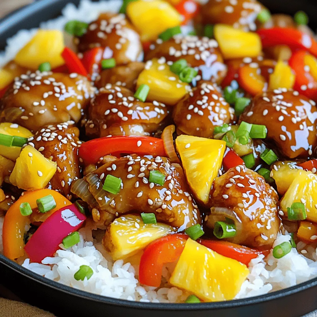 - 1 lb boneless, skinless chicken thighs, cut into bite-sized pieces - 1 cup pineapple chunks (fresh or canned) - 1 tablespoon olive oil - 1 bell pepper (red or yellow), sliced - 1 small onion, sliced - 3 cloves garlic, minced The chicken thighs provide a tender and juicy base. Pineapple adds sweetness and a tropical twist. The bell pepper brings crunch and color. The onion and garlic give a rich flavor. - 1/4 cup low-sodium soy sauce - 2 tablespoons honey - 1 tablespoon rice vinegar - 1 teaspoon grated fresh ginger - 1 tablespoon cornstarch mixed with 2 tablespoons water (slurry) - 2 thinly sliced green onions, for garnish - Sesame seeds, for garnish Low-sodium soy sauce keeps the dish flavorful without being too salty. Honey balances the flavors with sweetness. Rice vinegar adds a tangy kick. Fresh ginger gives warmth and depth to the sauce. The cornstarch slurry thickens the dish for a nice texture. Serve this dish over cooked rice or quinoa. Both options soak up the sauce well. Rice offers a classic touch, while quinoa adds protein. Top with green onions and sesame seeds for a fresh finish. Enjoy this vibrant meal with family or friends! Start by cutting the chicken thighs into bite-sized pieces. This helps them cook evenly. Slice the bell pepper and onion thinly. Mince the garlic and set all the veggies aside. If you use fresh pineapple, cut it into chunks, or grab a can for quick prep. This step makes cooking smoother and faster. Heat the olive oil in a large skillet over medium-high heat. Once hot, add the chicken pieces. Cook them for about 5-7 minutes. You want them browned and cooked through. Next, add the sliced onion and minced garlic. Stir and cook for 2-3 minutes until the onion turns translucent. This adds flavor to your dish. Then, add the sliced bell pepper and pineapple chunks to the skillet. Cook everything for another 3 minutes, stirring occasionally. This keeps the veggies crisp. In a small bowl, mix the soy sauce, honey, rice vinegar, and grated ginger. Pour this mixture over the chicken and veggies. Bring it to a gentle simmer for 3-4 minutes. Now, stir in the cornstarch slurry to thicken the sauce. Cook for another 1-2 minutes until the sauce thickens. This will coat the chicken and veggies nicely. Serve the teriyaki chicken mixture over cooked rice or quinoa. This adds a nice base to your meal. Garnish with sliced green onions and a sprinkle of sesame seeds. These toppings give extra color and crunch. Enjoy this easy dinner delight! When picking chicken thighs, look for fresh meat. Choose thighs that feel firm and moist. The color should be a nice pink, not gray. If you can, buy organic or free-range chicken. These options often taste better and are healthier. To get the sauce just right, mix cornstarch with water to make a slurry. This thickens the sauce quickly and easily. Add it slowly to the skillet while stirring. Watch the sauce closely; it will thicken fast. If it’s too thick, add a little water or broth. If too thin, add more slurry. Prep all your ingredients before you cook. This makes the process smooth and quick. Cut the chicken, slice the vegetables, and measure the sauce. Use a large skillet to give everything room to cook. Stir often to prevent sticking and burning. Keep your heat at medium-high for the best results. Enjoy the lovely smell as it cooks! {{image_2}} You can switch up the chicken with shrimp or tofu. Shrimp cooks fast and adds sweet flavor. Tofu gives a nice texture and is great for plant lovers. You can also use mango instead of pineapple. It adds a tropical taste and a juicy bite. Adding some chili flakes makes it spicy if you want heat. Switch the bell pepper for broccoli or snap peas for a crunchy feel. For a vegetarian version, use firm tofu or tempeh instead of chicken. Cut the tofu into cubes and sauté until golden. You could also use chickpeas for a protein boost. They soak up the flavors well. Make sure to use vegetable broth instead of chicken broth if you like. This keeps the dish fully plant-based and just as tasty. While rice or quinoa is great, try serving it with noodles too. Soba or rice noodles work well. You can also use cauliflower rice for a low-carb option. Top with crushed peanuts for crunch or add fresh herbs like cilantro for flavor. A squeeze of lime juice over the dish can brighten up the flavors too. This makes every bite exciting and fresh! To keep your teriyaki chicken pineapple skillet fresh, let it cool first. Place it in an airtight container. This helps lock in flavor and moisture. Store it in the fridge for up to three days. If you notice any excess liquid, just drain it before sealing the container. Reheat your leftovers in a skillet for the best taste. Add a splash of water to keep it moist. Heat it over medium until it’s hot. Stir it gently to prevent sticking. You can also use the microwave. Heat it in a bowl, covered, for about one to two minutes. Stir halfway through to ensure even heating. If you want to save some for later, freezing is a great choice. First, let the dish cool completely. Then, place it in a freezer-safe container. Be sure to leave some space at the top for expansion. You can freeze it for up to three months. When ready to enjoy, thaw it in the fridge overnight. Reheat it on the stove for the best flavor. Yes, you can use chicken breast. Chicken breasts are leaner than thighs. This change may make the dish less juicy. If you prefer, cook the breasts for less time. They cook faster than thighs. To make this dish gluten-free, use gluten-free soy sauce. Many brands offer this option. Check labels to ensure no gluten is present. You can also use tamari, which is naturally gluten-free. This keeps the teriyaki flavor intact. Serve this teriyaki chicken with rice or quinoa. Both are great for soaking up sauce. You can also add steamed broccoli or snap peas for crunch. A simple green salad pairs nicely, too. Enjoy mixing flavors and textures! In this blog post, we explored how to make Teriyaki Chicken Pineapple Skillet. We covered key ingredients, cooking steps, and useful tips. You learned about choosing chicken thighs, achieving sauce perfection, and serving with rice or quinoa. We also shared fun variations, storage tips, and answered common questions. With this guide, you can create a tasty dish that suits your taste. Enjoy your cooking adventure and share this recipe with friends!