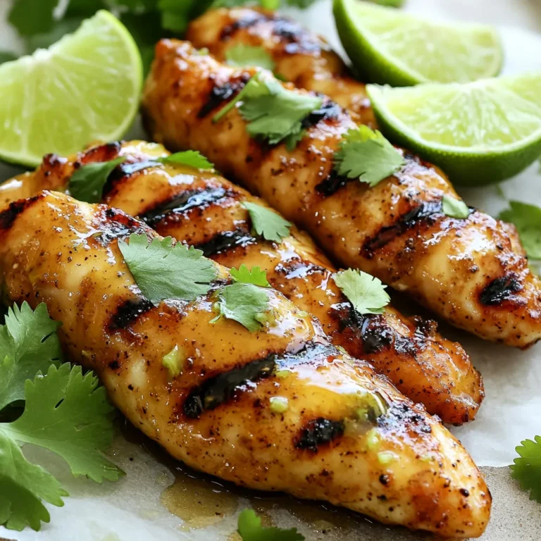 To make honey lime chicken tenders, you need a few key ingredients. These include: - 1 lb chicken tenders - 1/4 cup honey - 2 tablespoons lime juice (freshly squeezed) - 2 tablespoons olive oil These main items create a base for your dish. The chicken gives protein, while honey and lime add a sweet and tangy taste. The right seasonings make a big difference. You will need: - 1 teaspoon garlic powder - 1 teaspoon onion powder - 1/2 teaspoon chili powder (optional, for heat) - Salt and pepper to taste Mix these seasonings with the honey, lime juice, and olive oil. This marinade brings flavor to the chicken. The longer you marinate, the better the taste. Garnishing adds a fresh touch. For this dish, use: - Fresh cilantro, for garnish - Lime wedges, for serving Once you cook the chicken, place it on a platter. Sprinkle cilantro on top and add lime wedges. They add color and extra flavor when served. Enjoy your meal! To start, grab a bowl. Add 1/4 cup of honey. Then, squeeze in 2 tablespoons of fresh lime juice. Next, pour in 2 tablespoons of olive oil. Sprinkle in 1 teaspoon of garlic powder and 1 teaspoon of onion powder. If you like a kick, add 1/2 teaspoon of chili powder. Don’t forget to season with salt and pepper. Whisk all these ingredients together until they blend well. This marinade will give your chicken a sweet and tangy flavor. Now, take your 1 pound of chicken tenders. Place them in a resealable plastic bag or a shallow dish. Pour the marinade over the chicken. Make sure every piece is covered. Seal the bag or cover the dish. Put it in the fridge for at least 30 minutes. For the best flavor, let it marinate for 2 hours. This allows the chicken to soak up the flavors. When you’re ready to cook, preheat your grill or skillet over medium heat. If using a skillet, add a little olive oil to coat the surface. Remove the chicken from the marinade. Let any extra marinade drip off, and throw away the leftover marinade. Cook the chicken tenders for about 3 to 4 minutes on each side. They should turn golden brown. Check that they reach an internal temperature of 165°F (75°C). Once done, take them off the heat and let them rest for a few minutes. Slice and serve the chicken on a platter. Garnish with fresh cilantro and lime wedges for a beautiful finish. Enjoy your meal! To get the best flavor in honey lime chicken tenders, use fresh lime juice. Fresh juice brightens the dish. The honey adds sweetness, while garlic and onion powders give depth. For a spicy kick, add chili powder. Letting the chicken marinate for at least 30 minutes helps flavors soak in. For even better taste, marinate for 2 hours. This step is key to tender and flavorful chicken. Cook chicken tenders over medium heat. This helps them cook evenly without burning. If you grill, preheat the grill for a few minutes. If you use a skillet, coat it lightly with olive oil. This will keep the chicken from sticking. Cook the chicken for about 3-4 minutes on each side. Use a meat thermometer to check if it reaches 165°F. Let the chicken rest for a few minutes after cooking. This keeps the juices inside, making the chicken tender. Serve your honey lime chicken tenders on a large platter. Garnish with fresh cilantro for a pop of color. Lime wedges add a zesty touch and are great for squeezing over the chicken. Pair this dish with rice or a fresh salad for a complete meal. Consider adding a side of grilled veggies for extra flavor and nutrition. These tenders work well in wraps or sandwiches too. Enjoy sharing this flavorful meal with family and friends! {{image_2}} To add heat, mix chili powder into the marinade. Use 1 teaspoon for a mild kick and 1/2 teaspoon more for extra spice. If you like it hot, try cayenne pepper instead. This twist brings a bold flavor to the sweet honey and tart lime. You can also serve with a spicy dipping sauce for more heat. If you prefer baking, preheat your oven to 400°F (200°C). Place the marinated chicken on a greased baking sheet. Bake for 15-20 minutes, flipping halfway through. This method keeps the chicken juicy and flavorful, while ensuring a nice golden color. Use a meat thermometer to check for doneness; it should reach 165°F (75°C). To make this dish gluten-free, ensure your marinade ingredients are safe. Most spices are gluten-free, but check labels. If you use store-bought sauces, look for gluten-free options. Serve with a side of fresh veggies or rice for a balanced meal. This way, everyone can enjoy the honey lime goodness! After enjoying your honey lime chicken tenders, store any leftovers in an airtight container. Make sure the chicken cools down before sealing. This helps keep it fresh. You can keep the chicken in the fridge for up to three days. Label the container with the date. This way, you know when to eat it by. When it’s time to eat your leftovers, reheating is key. You can heat the chicken in a skillet over medium heat. Cook for about 5-6 minutes. Flip it halfway through for even heating. If you want a quicker method, use the microwave. Heat in 30-second intervals until warm. Remember, you want it hot but not dry. If you want to save some chicken for later, freezing works well. Wrap the chicken tightly in plastic wrap. Then, place it in a freezer bag. Remove as much air as you can to avoid freezer burn. You can freeze the chicken for up to three months. When ready to eat, thaw it in the fridge overnight before reheating. You can use a skillet or an oven. If using a skillet, heat it over medium heat. Add a little olive oil to coat the bottom. Remove chicken from marinade and let excess drip off. Cook the chicken for about 3-4 minutes on each side. Make sure it reaches 165°F (75°C) inside. If using the oven, preheat to 400°F (200°C). Place chicken on a baking sheet lined with parchment paper. Bake for 18-20 minutes, flipping halfway. Yes, you can use frozen chicken tenders. Just make sure to thaw them first. Place them in the fridge overnight for safe thawing. Once thawed, follow the same marinating steps. Remember, they might need a little more cooking time. Always check for the right internal temperature before serving. Honey lime chicken tenders pair well with many sides. You can serve them with rice or quinoa. A fresh salad is also a great choice. For a fun twist, try serving them in tacos with avocado and salsa. Don’t forget to add lime wedges for extra zest! In summary, we explored the key ingredients and step-by-step methods for making honey lime chicken tenders. We discussed helpful tips for flavor and cooking. Variations like spicy or gluten-free options offer fun twists. We also covered storage and reheating to keep your dish fresh. You can create delicious meals that fit your taste. Enjoy cooking and share your tender creations with others!