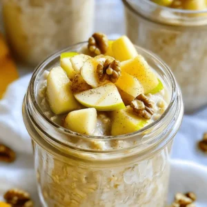 - 1 cup rolled oats - 1 ½ cups unsweetened almond milk (or your favorite milk) - 1 medium apple, diced (preferably Granny Smith or Honeycrisp) - 1 tablespoon maple syrup (adjust based on sweetness preference) - ½ teaspoon ground cinnamon - ¼ teaspoon nutmeg - 1 tablespoon chia seeds - 1 teaspoon vanilla extract - ¼ cup Greek yogurt (optional, for creaminess) - Chopped walnuts or pecans for topping (optional) - Extra apple slices for garnish When making apple pie overnight oats, start with rolled oats. They soak up the liquid well. Use unsweetened almond milk for a creamy base. You can also use regular milk if you prefer. Choose fresh apples like Granny Smith or Honeycrisp. They give a nice tartness. For sweetness, add maple syrup. You can adjust this to fit your taste. Spices like cinnamon and nutmeg bring warmth and flavor. Chia seeds add a nice texture and help thicken the oats. If you like creaminess, fold in Greek yogurt. You can also sprinkle chopped walnuts or pecans on top. They add a great crunch. Finish with extra apple slices for a fresh touch. These ingredients make your overnight oats taste like dessert. They are simple to find and easy to mix. Enjoy creating this tasty breakfast! - Mixing Oats and Liquids Start by taking a large mixing bowl. Add 1 cup of rolled oats. Pour in 1 ½ cups of unsweetened almond milk. Then, add 1 tablespoon of chia seeds. Mix everything together until well combined. - Incorporating Flavor Ingredients Next, dice 1 medium apple. I like to use Granny Smith or Honeycrisp for their tartness. Toss the diced apple into the oats. Add 1 tablespoon of maple syrup, ½ teaspoon of ground cinnamon, ¼ teaspoon of nutmeg, and 1 teaspoon of vanilla extract. Stir gently to ensure all flavors blend well. - Folding in Greek Yogurt If you want creaminess, fold in ¼ cup of Greek yogurt. This adds a nice texture and a bit of tang. Make sure everything is mixed evenly. - Dividing into Containers Once mixed, divide the oat mixture into two jars or containers. Make sure to use containers with lids. This helps keep the oats fresh. - Refrigeration Guidelines Seal the containers tightly. Place them in the fridge overnight. For best results, let them soak for at least 4 hours. This gives the oats time to absorb the liquid and soften. - Garnishing Tips In the morning, stir the oats well. If they seem thick, add a splash of almond milk. Serve the oats in clear jars for a pretty look. You can sprinkle a bit more cinnamon on top for extra flavor. - Adding Crunch with Nuts Finish off by topping your oats with chopped walnuts or pecans. You can also add extra apple slices for decoration. This gives a nice crunch and makes the dish more enjoyable. Adjusting Liquid Ratios To get the best texture, start with the right liquid. Use 1 ½ cups of almond milk for 1 cup of rolled oats. If you want thicker oats, reduce the liquid a bit. For creamier oats, add more milk. Enhancing Creaminess For a richer taste, mix in ¼ cup of Greek yogurt. This step makes the oats smooth and adds protein. You can skip this if you want a lighter dish. Spice Alterations Cinnamon and nutmeg are key for that apple pie flavor. You can add more cinnamon if you love the taste. Try a pinch of ginger for a warm touch. Sweetness Adjustments Maple syrup gives a nice sweetness. Start with 1 tablespoon and taste. If you like it sweeter, add more syrup. You can also try honey or agave syrup for a different flavor. Layering Techniques To make your oats look great, use clear jars. Layer the oats with diced apples and nuts. This adds height and visual appeal. Visual Garnishes Top your oats with extra apple slices. A sprinkle of cinnamon or a drizzle of maple syrup looks good. Chopped walnuts or pecans add crunch and texture. {{image_2}} You can change the fruits in your oats for fun flavors. Here are some ideas: - Other Seasonal Fruits: Try berries like strawberries or blueberries. Peaches and pears also work well. - Dried Fruit Options: Raisins, cranberries, or apricots add sweetness. They also bring a chewy texture. You can adapt this recipe to fit your needs. Here’s how: - Vegan Substitutes: Use plant-based yogurt instead of Greek yogurt. Maple syrup is a great sweetener. - Gluten-Free Adjustments: Make sure to use certified gluten-free oats. Most almond milk is gluten-free too. Adding new flavors makes your overnight oats exciting. Here are some tasty ideas: - Additional Spices: Try ginger for warmth or cardamom for a unique twist. Cloves can add depth too. - Nut Butters and Add-Ins: Stir in almond or peanut butter for creaminess. You can also add seeds like pumpkin or sunflower for crunch. To keep your apple pie overnight oats fresh, store them in the fridge. Use airtight containers to prevent any odors from mixing in. When stored properly, these oats can last up to five days. Always check for any changes in smell or texture before eating. If you want to save some for later, you can freeze these oats. It’s best to freeze them before adding any toppings. Freeze them in individual containers. They will stay fresh in the freezer for up to three months. When you are ready to eat, move them to the fridge to thaw overnight. If you like your oats warm, use the microwave. Place the oats in a microwave-safe bowl and heat for 30 seconds. Stir, then heat for another 30 seconds if needed. You can also enjoy your apple pie overnight oats cold. Both ways taste great, so choose what you prefer! To make your overnight oats thicker, you can change the oats or the liquid. - Adjusting Oats: Use more rolled oats. A good ratio is to add an extra 1/4 cup. - Adjusting Liquid: Use less almond milk. Start with 1 1/4 cups instead of 1 ½ cups. Both methods work well. You can also add chia seeds. They soak up liquid and make oats thicker. You can use steel-cut oats, but they need more time. They take longer to soften compared to rolled oats. - Differences Between Oat Types: Steel-cut oats are less processed. They have a chewier texture. Rolled oats are flattened. They cook faster and absorb liquid well. If you want to use steel-cut oats, soak them overnight with more liquid. Use at least 2 cups of almond milk. You can keep overnight oats in the fridge for up to five days. - Shelf Life Tips for Optimal Freshness: Store them in airtight containers. This helps keep them fresh. Check for any changes in smell or texture before eating. If they look or smell off, it's best to discard them. In this article, we've covered everything you need to make delicious overnight oats. We discussed key ingredients like rolled oats and fresh apples. You learned step-by-step instructions for preparation and storage. We shared helpful tips for achieving perfect consistency and flavor. Finally, we explored variations and storage options to fit your diet. Embrace these ideas to create tasty meals. With some creativity, your overnight oats will be a hit!