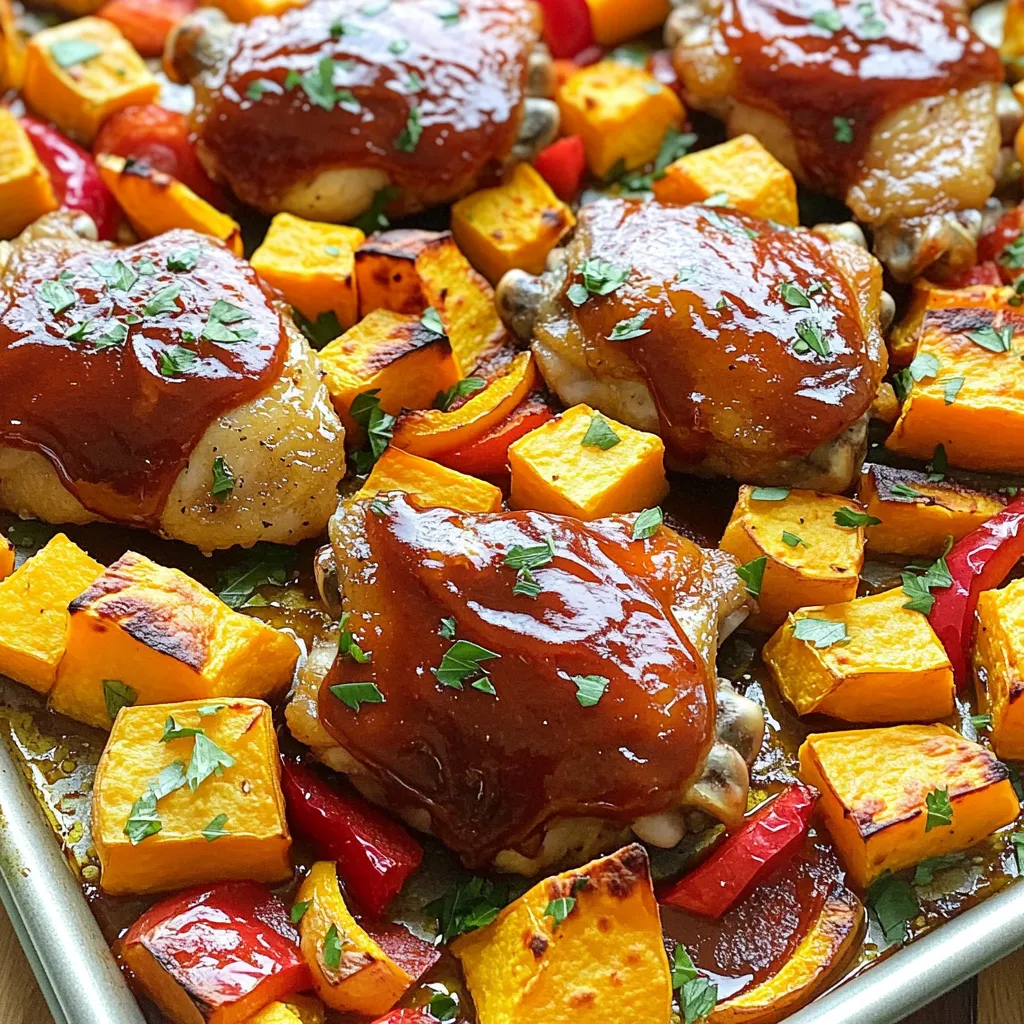 - 4 boneless, skinless chicken thighs - 2 large sweet potatoes, peeled and cubed - 1 red bell pepper, sliced - 1 yellow bell pepper, sliced - 1 cup BBQ sauce (your favorite brand) - 2 tablespoons olive oil - 1 teaspoon smoked paprika - 1 teaspoon garlic powder - Salt and pepper to taste These main ingredients create a tasty, balanced dish. The chicken thighs add protein, while sweet potatoes provide fiber and vitamins. Bell peppers bring color and crunch. The BBQ sauce gives that sweet and smoky flavor that everyone loves. - Fresh parsley, chopped (for garnish) A sprinkle of fresh parsley adds a nice touch. It makes the dish look bright and fresh. Plus, the parsley adds a bit of flavor that enhances the BBQ sauce. - Sheet pan - Parchment paper - Mixing bowls Having the right tools makes cooking easier. A sheet pan helps everything cook evenly. Parchment paper makes cleanup a breeze. Mixing bowls are perfect for tossing your veggies and chicken with spices and sauce. - Preheat oven to 400°F (200°C). - Line a large sheet pan with parchment paper. This step helps with easy cleanup. The parchment paper keeps the chicken and veggies from sticking. - Toss sweet potatoes and bell peppers with olive oil and spices. - Spread vegetables onto one side of the sheet pan. First, peel and cube the sweet potatoes. Then, slice the bell peppers. Combine these in a bowl. Add olive oil, smoked paprika, garlic powder, salt, and pepper. Mix until all pieces are coated. This makes the veggies flavorful and tender. - Coat chicken thighs with BBQ sauce. - Place chicken on the opposite side of the sheet pan. Take the chicken thighs and toss them in half of the BBQ sauce. This adds a nice flavor. Then, place them on the sheet pan away from the veggies. Make sure to keep space between the chicken and vegetables for even cooking. - Bake for 25-30 minutes. - Brush chicken with BBQ sauce in the last 5 minutes. Put the sheet pan in the oven and set a timer. The chicken should reach an internal temperature of 165°F (74°C). In the last 5 minutes, brush on the remaining BBQ sauce. This gives it a sticky, sweet glaze. Enjoy the smell wafting through your kitchen! To make sure the chicken is safe to eat, check the internal temperature. Use a meat thermometer. The chicken should reach 165°F (74°C). This ensures it is cooked properly. Avoid overcooking the chicken for the best taste. Overcooked chicken can become dry. Set a timer for 25 minutes. Check the temperature. If it’s not ready, add a few more minutes. Sweet potatoes can be seasoned in fun ways. Try adding cinnamon or cayenne pepper for a twist. You can also mix in some honey for sweetness. Adjust the cooking time based on how you like your sweet potatoes. If you want them very soft, cook them a bit longer. If you like a firmer bite, check them at 25 minutes. Using parchment paper makes clean-up a breeze. It keeps the sheet pan clean and saves you time. Just lift off the paper after cooking, and you’re done. For quick clean-up, soak the sheet pan in warm soapy water right after use. This helps remove stuck-on food. A little baking soda can also help if needed. {{image_2}} You can switch up the proteins. Instead of chicken thighs, try chicken breasts or even tofu. The texture changes, but the dish stays tasty. You can also use other vegetables. Zucchini and broccoli work great in this recipe. They add different flavors and colors. Mix and match to find your favorite combo. Experiment with different BBQ sauces. Each sauce has a unique taste. Some are sweet, while others are tangy or spicy. This can change the whole meal. You can also add spices for more heat or sweetness. A pinch of cayenne can kick it up. A touch of brown sugar can make it sweeter. Need a gluten-free option? Most BBQ sauces are gluten-free, but always check the label. If you want a vegetarian version, swap the chicken for chickpeas or lentils. They provide protein and pair well with sweet potatoes. When you have leftovers, cool them down first. Place the chicken and sweet potatoes in shallow containers. This helps them cool faster. Cover them tightly with lids or plastic wrap. Store the leftovers in the fridge. They last about 3 to 4 days. To reheat, the oven is best. Preheat your oven to 350°F (175°C). Place the chicken and sweet potatoes on a baking sheet. Heat for about 15-20 minutes. This keeps the chicken juicy and sweet potatoes soft. You can also use a microwave. Heat in short bursts of 1-2 minutes. This works but might make the chicken a bit dry. You can freeze leftovers too. Let the food cool completely. Pack it in airtight containers or freezer bags. Label them with the date. Food can last for up to 3 months in the freezer. When ready to eat, thaw in the fridge overnight. You can also use the microwave for a quicker thaw. Just remember to heat it thoroughly before serving. Cook BBQ chicken for 25-30 minutes at 400°F (200°C). The chicken needs to reach an internal temperature of 165°F (74°C) to be safe and juicy. Use a meat thermometer to check this. When it’s done, the chicken will be tender and full of flavor. Yes, you can use frozen sweet potatoes. You should adjust the cooking time, adding an extra 5-10 minutes. Make sure to spread the sweet potatoes evenly on the sheet pan. This helps them cook through. If they are still a bit frozen, they may need more time to get soft. I love serving this dish with a fresh green salad or coleslaw. You can also pair it with rice or quinoa. These sides balance the meal well. For a fun twist, serve it with cornbread for a comforting touch. You can prepare the sweet potatoes and chicken thighs ahead of time. Just coat them in BBQ sauce and store them in the fridge. This makes cooking easy later. When you’re ready, bake them as directed. Leftovers also store well in the fridge for up to three days. This blog post covered everything you need to make sheet pan BBQ chicken with sweet potatoes and bell peppers. You learned about the main ingredients, step-by-step cooking, and useful tips. Remember to check the chicken temperature and adjust for your taste. Don’t forget to explore variations and make it your own. With these methods, you’ll enjoy delicious meals. Now, get cooking and enjoy your time in the kitchen!