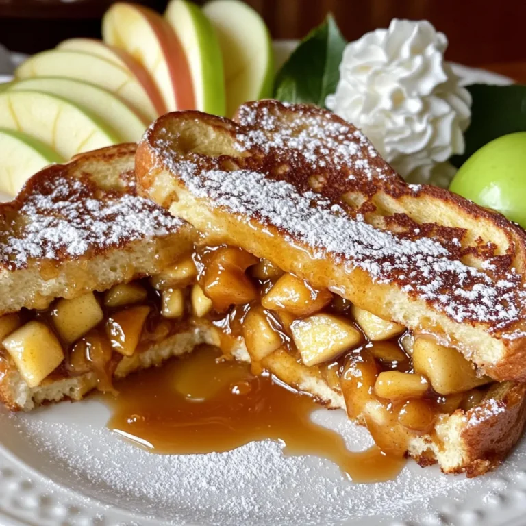 - 4 slices of thick bread (such as brioche or challah) - 2 apples (Granny Smith or Honeycrisp), peeled, cored, and diced - 1/2 cup brown sugar - 1 tsp cinnamon - 1/4 cup caramel sauce (store-bought or homemade) - 2 large eggs - 1/2 cup milk - 1 tsp vanilla extract - 1/4 tsp salt - 2 tablespoons butter - Powdered sugar for dusting - Whipped cream for serving (optional) To make the caramel apple stuffed French toast, we start with the right bread. Brioche or challah works best due to their thickness and softness. They soak up the egg mix well, giving a rich flavor. Next, choose your apples. Granny Smith gives a nice tartness, while Honeycrisp adds sweetness. Both apples caramelize well with brown sugar and cinnamon. For the sweeteners, we use brown sugar. It adds depth and richness to the apples. Cinnamon gives warmth and a cozy flavor. Now, let’s talk about the cooking essentials. You will need eggs and milk to create the egg mixture. Vanilla extract adds a nice touch. Don’t forget salt! It enhances all the flavors. Lastly, we have the toppings. Caramel sauce drizzled on top is a must. Powdered sugar makes it look pretty, and whipped cream adds a creamy touch. Gather these ingredients, and you’ll be ready to make a delicious breakfast treat that everyone will love! First, take two apples. Peel, core, and dice them. I recommend using Granny Smith or Honeycrisp apples for their sweet and tart flavor. In a skillet, melt one tablespoon of butter over medium heat. Add the diced apples, half a cup of brown sugar, and one teaspoon of cinnamon. Stir the mixture for about five to seven minutes. You want the apples to soften and become caramelized. Once they are ready, remove the pan from heat. Stir in a quarter cup of caramel sauce and set this mixture aside to cool slightly. Next, grab a bowl. In it, whisk together two large eggs, half a cup of milk, one teaspoon of vanilla extract, and a quarter teaspoon of salt. Mix well until all the ingredients combine. This egg mixture will help soak our sandwiches and create a lovely custard texture. Now, let’s build our sandwiches. Take two slices of thick bread, like brioche or challah. Spread a generous amount of the apple mixture on one slice. Drizzle some extra caramel sauce over the apples for added sweetness. Place another slice of bread on top to form a sandwich. Repeat this step for the second sandwich. Preheat a non-stick skillet over medium-low heat. Add the remaining tablespoon of butter and let it melt. Dip each sandwich into the egg mixture. Let it soak for about ten to fifteen seconds on each side. This soaking time helps the bread absorb the flavors. Carefully place the soaked sandwiches in the skillet. Cook for about three to four minutes on each side until they turn golden brown and crispy. Once cooked, remove them from the skillet and slice in half. Drizzle with more caramel sauce, dust with powdered sugar, and serve with whipped cream if you like. Choosing the right bread makes a big difference. Brioche is soft and buttery. It holds the filling well and adds a rich flavor. Challah is slightly denser, giving a nice chew. Both options work, but brioche gives a sweeter taste. I prefer brioche for its melt-in-your-mouth quality. Caramelization is key for great flavor. Start with diced apples, brown sugar, and cinnamon. Cook on medium heat. Stir often to prevent burning. Keep cooking until the apples soften. The mixture should look golden and sticky. When ready, add caramel sauce for extra sweetness. This creates a rich, gooey filling that makes every bite special. Heat settings are important for perfect French toast. I recommend medium-low heat. This allows the bread to cook evenly without burning. Soak each sandwich for 10-15 seconds on each side in the egg mixture. This ensures a creamy center. Cook for 3-4 minutes on each side until golden brown. This method makes the outside crispy while keeping the inside soft. {{image_2}} You can make this dish even better with add-ins. Try adding nutmeg for warmth. It gives a nice twist. You can also toss in some chopped pecans or walnuts. They add a great crunch and nutty taste. Just mix them into the apple filling before using. If you want to switch things up, think about different fruits. Berries like strawberries or blueberries work great. Bananas can add a sweet touch too. Another idea is to mix in cream cheese. It makes the filling rich and creamy, which is so good! The toppings can change your French toast game. Instead of caramel sauce, drizzle some chocolate sauce for a sweet twist. You can also sprinkle on some extra nuts for added texture. This makes every bite a new experience! To keep your leftover Caramel Apple Stuffed French Toast fresh, place it in the fridge. Use an airtight container for best results. It will last for about 2-3 days. When you're ready to enjoy it again, take it out of the fridge. For reheating, the oven works best. Preheat your oven to 350°F (175°C). Place the French toast on a baking sheet. Heat for about 10-15 minutes. This method keeps it crispy. You can also use a microwave, but it may make the toast a bit soggy. If you choose the microwave, heat it in 30-second intervals until warm. You can freeze Caramel Apple Stuffed French Toast for easy meals later. Let it cool completely first. Wrap each piece tightly in plastic wrap. Then place them in a freezer bag. It will stay good for up to 2 months. When you're ready to eat, thaw it in the fridge overnight. Then reheat in the oven or microwave as mentioned above. Yes, you can prepare this dish ahead of time. Here’s how: - Make the apple filling and let it cool. - Assemble the sandwiches and wrap them in plastic. - Store them in the fridge for up to 24 hours. - When ready to cook, dip them in the egg mixture and fry as usual. This saves time and lets the flavors blend even more! If you want a vegan version, there are great alternatives: - Use 1/4 cup of unsweetened applesauce per egg. - Try 1/4 cup of mashed banana. - You can also use 2 tablespoons of ground flaxseed mixed with 6 tablespoons of water. These options work well to bind the bread and add moisture. Making homemade caramel sauce is easy! Here’s a simple recipe: - In a saucepan, melt 1 cup of sugar over medium heat. - Stir until it turns a deep amber color. - Remove from heat and carefully add 1/2 cup of heavy cream. - Mix until smooth, then add a pinch of salt for flavor. This sauce is perfect for drizzling over your French toast! This guide covered every part of making Caramel Apple Stuffed French Toast. We explored the best ingredients, from thick breads to tasty apples. The step-by-step instructions help you craft a delicious meal. Also, the tips ensure you cook it right every time. Variations let you get creative with flavors, while storage tips make leftovers easy. Enjoy your cooking journey and share this tasty treat with friends!