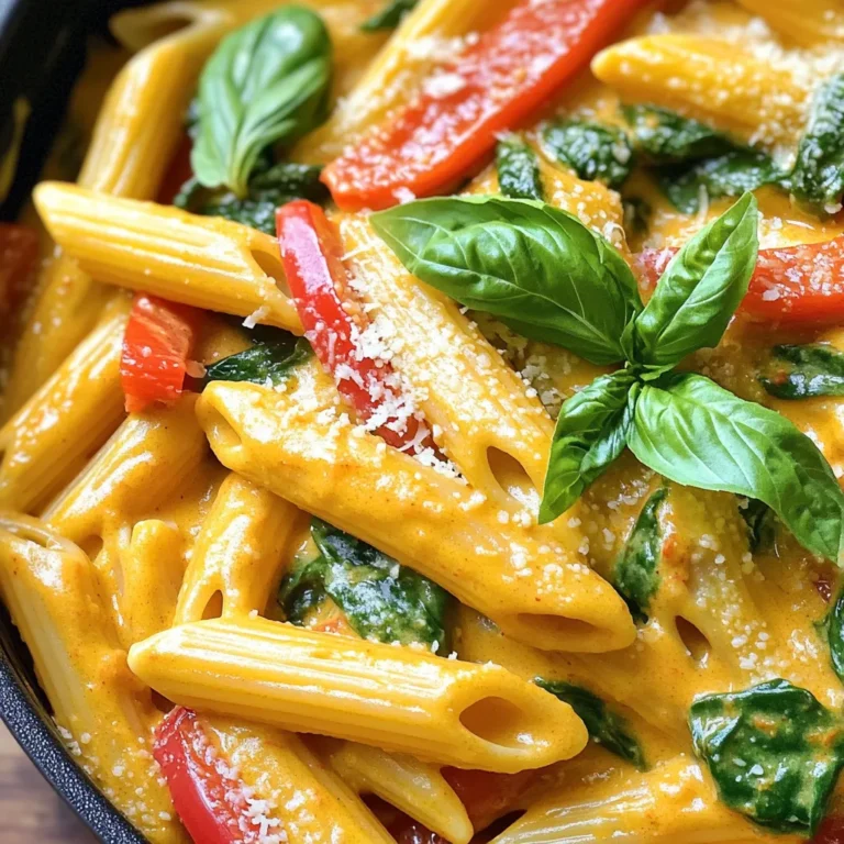 - 12 oz (340g) pasta (penne or farfalle) - 2 red bell peppers, roasted and diced - 1 cup heavy cream or coconut cream Pasta is the heart of this dish. I love using penne or farfalle. Both hold the sauce well. Roasted red bell peppers bring a sweet and smoky flavor. You can roast them yourself or buy them jarred. The cream adds richness. You can choose heavy cream for a rich taste or coconut cream for a dairy-free option. - 1 medium onion, finely chopped - 3 cloves garlic, minced - 1 teaspoon smoked paprika - 1/2 teaspoon red pepper flakes (adjust to taste) - 1 cup spinach, roughly chopped - Salt and pepper to taste Onion and garlic are key for flavor. Sauté them until soft. Smoked paprika adds depth. Red pepper flakes give a hint of heat. You can adjust the amount to suit your taste. Fresh spinach adds color and nutrition. Always season with salt and pepper to bring out the flavors. - Fresh basil leaves - Grated Parmesan cheese (optional, for serving) Garnishing is important for presentation. Fresh basil adds a burst of freshness. Grated Parmesan cheese is optional but adds a nice salty touch. You can omit it for a vegan dish. First, heat a drizzle of olive oil in a large pot. Add the finely chopped onion and minced garlic. Sauté these for about 3-4 minutes. You want them soft and translucent. Next, stir in the roasted red peppers. Cook them for 2-3 minutes more. This helps their flavors blend with the onion and garlic. Now, add the dry pasta to the pot. Pour in the vegetable broth, making sure the pasta is fully submerged. Bring it to a gentle boil. Then, reduce the heat to low. Cover the pot and let it simmer for about 10-12 minutes. Stir occasionally to keep the pasta from sticking. You want it to be al dente, firm but cooked through. Once the pasta is done, stir in the heavy cream or coconut cream. Add the smoked paprika, red pepper flakes, and chopped spinach. Stir for another 2-3 minutes until the spinach wilts and the sauce becomes creamy. Taste your dish and adjust the salt and pepper as needed. If you want a thinner sauce, add a bit more vegetable broth. - To avoid pasta sticking, stir the pasta often while cooking. This keeps it separate. - For a creamy sauce, add the cream slowly and mix well. Heat it gently to keep it smooth. - Want more kick? Add extra red pepper flakes or try some cayenne for heat. - You can mix in other veggies, like zucchini or peas, for more color and taste. - Serve the pasta in big bowls for a cozy look. - Top each bowl with fresh basil leaves and grated Parmesan for a pop of flavor. {{image_2}} You can make this dish vegetarian or vegan easily. For a vegan cream substitute, use coconut cream. It adds a nice richness. You can also use cashew cream for a different flavor. If you want to add protein, try tofu or chickpeas. Tofu will soak up the flavors well. Chickpeas will add a nice texture and protein boost. If you want a healthier twist, use whole wheat pasta. It has more fiber and nutrients. Gluten-free pasta is also a great choice. Just be aware that cooking times may differ. Check the package for specific cooking times. Whole wheat or gluten-free pasta may take longer than regular pasta. To switch up the flavor, try different types of peppers. Yellow or orange bell peppers will give a sweeter taste. You can also mix in spices like Italian seasoning or fresh herbs. Adding cheese blends like mozzarella or feta can enhance the dish too. Just sprinkle some on top before serving for extra flavor. Store your creamy red pepper pasta in a sealed container. This keeps it fresh and tasty. The shelf life of leftovers is about 3 to 5 days in the fridge. Make sure to cool it down before storing. Label it with the date for easy tracking. To reheat pasta, use the stove or microwave. If using the stove, add a splash of broth. This helps keep the pasta moist. In the microwave, heat it in short bursts, stirring in between. If the sauce is too thick, add a little cream or broth to adjust the texture. You can freeze this dish for later use. To freeze, let it cool completely first. Then, place it in freezer-safe containers. It will stay good for about 2 to 3 months. When you're ready to eat, thaw it overnight in the fridge. Reheat on the stove, adding a bit of cream to keep it creamy. Yes, you can prepare this dish ahead of time. To do this, follow the steps up until you add the cream and spinach. After cooking the pasta, let it cool, and store it in the fridge. When you are ready to eat, reheat it gently on the stove. Then, add the cream and spinach. Stir well and heat until warm. Yes, frozen red peppers work well in this dish. They may be softer than fresh peppers, but they still add great flavor. Just thaw them first, then chop them into small pieces. Add them as you would fresh peppers in the recipe. This swap saves time and reduces waste. To add heat to your dish, increase the red pepper flakes. Start with one teaspoon and taste as you go. You can also add hot sauce or diced fresh chili peppers. If you like a smoky flavor, try adding chipotle powder. Adjust the spice level to fit your taste. This blog covered a delightful pasta dish that is both simple and versatile. We explored main ingredients like pasta options, roasted red peppers, and cream choices. I shared tips on sautéing aromatics and cooking pasta to get the best texture. We also went over creative variations, storage, and reheating tips. In the end, this dish can be made to fit your taste and needs. Enjoy creating and sharing it with friends and family!