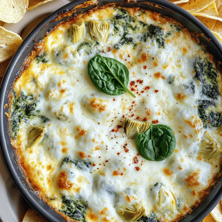 - 1 cup fresh spinach, chopped - 1 cup canned artichoke hearts, drained and roughly chopped - 1 cup cream cheese, softened - 1/2 cup sour cream - 1/2 cup mayonnaise - 1 cup mozzarella cheese, shredded - 1/2 cup Parmesan cheese, grated - 2 cloves garlic, minced - 1/2 teaspoon onion powder - 1/4 teaspoon red pepper flakes (optional) - Salt and pepper to taste - Tortilla chips or sliced baguette, for serving The best part of this creamy spinach artichoke dip is its fresh taste. Using fresh spinach gives it a bright flavor. I love to chop it finely. Canned artichoke hearts add a soft texture and rich taste. Make sure to drain them well for the best outcome. For the creamy base, I use a mix of cream cheese, sour cream, and mayonnaise. This combination makes the dip smooth and rich. The cream cheese should be soft to blend well. Cheese is what makes this dip so special. I add both mozzarella and Parmesan. The mozzarella melts beautifully, while Parmesan gives a nice sharpness. Seasonings bring everything together. Fresh garlic adds a lovely aroma. The onion powder deepens the flavor. Red pepper flakes can add a kick, but they are optional. Don’t forget to add salt and pepper to taste. Finally, for serving, I recommend tortilla chips or sliced baguette. They make dipping easy and fun. Enjoy this tasty treat with friends or family! - Preheat your oven to 375°F (190°C). - Add minced garlic to the skillet and cook until fragrant (about 1 minute). - Stir in spinach and artichoke hearts; cook until spinach wilts (2-3 minutes). - Combine cream cheese, sour cream, and mayonnaise in a bowl; mix until smooth. - Fold in mozzarella, Parmesan, onion powder, red pepper flakes, salt, and pepper. - Pour cheese mixture into the skillet; stir until well mixed. - Transfer skillet to the oven; bake for 20-25 minutes until bubbly and golden. - Let cool briefly and serve with tortilla chips or sliced baguette. - Use fresh spinach for better flavor and texture. Fresh spinach makes the dip vibrant. - Opt for full-fat cream cheese for creaminess. This gives the dip a rich, smooth base. - Consider adding additional spices like garlic powder or herbs for extra flavor. Spices can boost the taste, making it more exciting. - A squeeze of lemon juice can brighten the dip's flavors. This small addition adds a nice zing and balances the creaminess. - Monitor the dip closely in the oven for the perfect golden top. A golden crust signals that the dip is ready and delicious. {{image_2}} You can make a tasty swap here. Replace sour cream with Greek yogurt. This change keeps the dip creamy while adding protein. Greek yogurt also brings a nice tang. It’s a great way to enjoy a lighter take on this classic dish. Want to make your dip more filling? Add cooked chicken or crab. Shred the chicken before mixing it in. If you like crab, use lump crab meat. Both options give the dip a heartier feel. This makes it perfect for a meal or just a snack. Cheese is key to this dip's flavor. You can switch up the cheese for fun. Try using pepper jack cheese for a spicy twist. It adds a nice kick. Or choose goat cheese for a creamy, tangy taste. Each option gives a unique flavor to your dip. Allow the dip to cool completely before transferring to an airtight container. This keeps it fresh. If you skip this step, the dip can get watery. Make sure to seal the container tightly. This will help lock in the flavors. Store in the refrigerator for up to 3 days. When you want a snack, just grab it from the fridge. If you notice any change in smell or texture, it’s best to toss it. Always check before you dig in. Reheat in the oven or microwave. If you use the microwave, do it in short bursts. This helps heat evenly. Add a splash of cream to restore creaminess. This makes the dip rich and tasty again. Enjoy it warm with your favorite chips or bread! Yes, you can prepare it a day in advance and bake it just before serving. This makes it easier for parties or busy days. Just store it in the fridge until you need it. Greek yogurt can be used as a healthier substitute for mayonnaise. It adds creaminess with fewer calories. You still get a great flavor without all the fat. Yes, the ingredients listed are gluten-free; always check labels to confirm. Some brands may add gluten, so it’s good to be sure. This dip fits well in gluten-free diets. The red pepper flakes add mild heat; omit them for a non-spicy version. If you like heat, keep them in. For a milder dip, just leave them out. Yes, but the texture may change upon thawing. It’s best enjoyed fresh. If you freeze it, let it thaw in the fridge before reheating. Enjoy it warm for the best taste. This blog post covered how to make a tasty Creamy Spinach Artichoke Dip. We explored fresh ingredients, easy steps to prepare, and tips for making it even better. Remember, you can swap ingredients or add protein for a twist. Storing leftovers is simple, and reheating is quick. Enjoy your dip at your next gathering. It’s a crowd-pleaser that’s sure to impress!