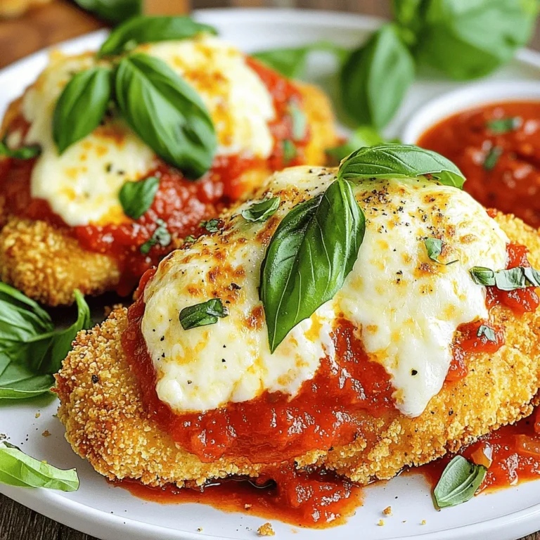 - 2 boneless, skinless chicken breasts - 1 cup breadcrumbs (preferably Italian seasoned) - 1/2 cup grated Parmesan cheese - 1 teaspoon garlic powder - 1 teaspoon onion powder - 1 teaspoon dried oregano - 1/2 teaspoon salt - 1/4 teaspoon black pepper - 1/2 cup marinara sauce - 1 cup shredded mozzarella cheese - Olive oil spray When making Air Fryer Chicken Parmesan, having the right ingredients matters. These items create a tasty and crispy dish. The chicken breasts need to be boneless and skinless for best results. The breadcrumbs give flavor, so use Italian seasoned ones if you can. - Fresh basil leaves for garnish - Extra marinara sauce for serving - Pasta or salad as a side These optional ingredients can elevate your meal. Fresh basil adds color and taste. Extra marinara sauce makes dipping fun. You can also serve it with pasta or a salad for balance. - Panko breadcrumbs for extra crunch - Kraft or Grana Padano Parmesan cheese for good flavor - Rao’s Homemade Marinara Sauce for rich taste Using quality brands can enhance your dish. Panko breadcrumbs are great for extra crunch. Kraft or Grana Padano offers a strong cheese flavor. Rao’s sauce is known for its fresh taste and quality. To start, take the chicken breasts and place them between two sheets of plastic wrap. Use a meat mallet or a rolling pin to pound the chicken. Aim for an even thickness of about 1/2 inch. This step helps the chicken cook evenly and stay juicy. Next, set up your breading station. In a shallow bowl, mix the breadcrumbs, Parmesan cheese, garlic powder, onion powder, oregano, salt, and black pepper. This mix adds a lot of flavor. Now, dip each chicken breast into the breadcrumb mixture. Press down firmly so the breadcrumbs stick well to both sides. Make sure each piece is well-coated for a crispy finish. Now it’s time to cook! Preheat your air fryer to 380°F (193°C) for about 5 minutes. Lightly spray the air fryer basket with olive oil spray. Place the breaded chicken breasts in a single layer in the basket. If you have more than two, you may need to cook them in batches. Lightly spray the tops of the chicken with olive oil spray before cooking. Air fry for 10 minutes, flipping halfway through to ensure even cooking. After 10 minutes, take out the basket and spoon marinara sauce over each chicken piece. Next, sprinkle shredded mozzarella cheese on top. Return the basket to the air fryer and cook for another 3-5 minutes. You want the cheese to be melty and bubbly. Finally, carefully remove the chicken from the air fryer. Let it rest for a couple of minutes before slicing. Enjoy your tasty meal! To make sure the chicken cooks evenly, pound it flat. Place the chicken breasts between two sheets of plastic wrap. Use a meat mallet or rolling pin to pound them to about 1/2 inch thick. This step helps avoid undercooked or dry spots. When you cook chicken that is uneven, some parts may overcook while others are raw. Even thickness is key for juicy, tender chicken. For perfect breaded chicken, use a shallow bowl. Mix breadcrumbs with Parmesan cheese, garlic powder, onion powder, oregano, salt, and pepper. This mix adds great flavor. Dip each chicken breast into the mix. Press firmly to ensure the breadcrumbs stick well. A good coat helps achieve that crispy crunch. If some bits fall off during cooking, don’t worry. You’ll still have a tasty meal! Serving your chicken well makes it look great. After cooking, let it rest for a couple of minutes. This keeps the juices inside. Place the chicken on a plate. Add fresh basil leaves on top for a pop of color. Serve with extra marinara sauce on the side for dipping. A side of pasta or salad pairs well, making your meal complete. Enjoy the beautiful presentation; it makes the meal more inviting! {{image_2}} You can switch up the cheese in this dish. Instead of mozzarella, try provolone or gouda. These cheeses melt well and add a unique taste. You can also mix cheeses for a richer flavor. Cheddar can give a nice twist too. Each cheese changes the dish’s style, making it fun to explore. To make this meal healthier, you can use whole wheat breadcrumbs. They add more fiber and nutrients. You can also try low-fat cheese or skip the cheese altogether for a lighter option. Instead of marinara, use a homemade tomato sauce with fresh herbs. This keeps the flavor while making it healthier. This dish shines with a side of pasta or a crisp salad. You can also serve it with roasted veggies for a balanced meal. For extra flavor, add fresh basil or parsley on top. A sprinkle of red pepper flakes can give it a nice kick. Pairing with garlic bread makes the meal even more delightful. To store leftover Air Fryer Chicken Parmesan, let the chicken cool to room temperature. Place it in an airtight container. This keeps the chicken fresh for up to three days. Be sure to separate the chicken from any sauce to prevent sogginess. When you are ready to enjoy the leftovers, preheat your air fryer to 350°F (175°C). Place the chicken in the air fryer basket. Heat for about 5-7 minutes until the chicken is hot. If you want the cheese melty again, cover it with foil for the first few minutes. You can freeze Air Fryer Chicken Parmesan, but it is best to do this without sauce. Wrap each piece in plastic wrap and place them in a freezer bag. Label the bag with the date. It will stay fresh for up to three months. When ready to eat, thaw in the fridge overnight and reheat in the air fryer. You can check if the chicken is done by using a meat thermometer. The chicken should reach an internal temperature of 165°F (74°C). If you do not have a thermometer, cut into the chicken. The meat should be white, with no pink inside. Yes, you can make this recipe gluten-free. Use gluten-free breadcrumbs instead of regular ones. Many brands offer tasty options that work well in this dish. Double-check the label to ensure they are truly gluten-free. Chicken Parmesan goes well with many sides. Here are some ideas: - Pasta with marinara sauce - A fresh green salad - Garlic bread - Roasted vegetables - Steamed broccoli These sides add great flavor and balance to your meal. Yes, you can use chicken thighs. Thighs tend to be juicier and more flavorful. Just make sure to adjust the cooking time. Thighs may need a few extra minutes to cook through. Follow the same steps for breading and air frying. This article covered all you need to know to make great Chicken Parmesan. We looked at ingredients, step-by-step instructions, and tips for even cooking. You also learned about tasty variations and how to store leftovers. Remember, good food takes care and practice. Enjoy your cooking journey, and don't be afraid to try new things! You can make this dish your own and impress everyone at the table.