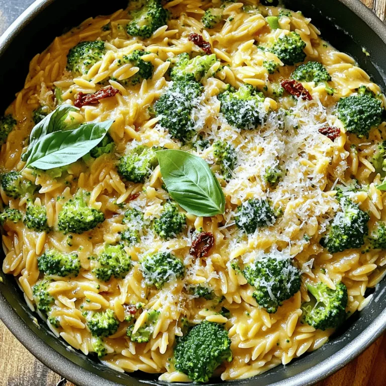 - 1 cup orzo pasta - 2 cups broccoli florets - 1/2 cup sun-dried tomatoes, chopped - 1 cup vegetable broth - 1 cup heavy cream (or coconut cream for a dairy-free option) - 1/4 cup grated Parmesan cheese (or nutritional yeast for vegan option) - 2 cloves garlic, minced - 1 tablespoon olive oil To create the creamy broccoli sun-dried tomato orzo, you need a few main ingredients. First, orzo pasta serves as the base of this dish. It cooks quickly and has a nice texture. Next, you’ll need fresh broccoli florets. They add color and nutrition. Sun-dried tomatoes bring a rich, tangy flavor that really stands out. For the creamy part, you can use heavy cream or coconut cream. Both options work well, depending on your preference. Parmesan cheese gives it a nice savory kick, but you can swap it for nutritional yeast if you're vegan. Olive oil and garlic add depth to the dish, making each bite flavorful. - Salt and pepper - Fresh basil Seasoning is key. Use salt and pepper to enhance the flavors of the dish. Fresh basil adds a touch of brightness and a lovely aroma. You can sprinkle it right before serving for a fresh finish. This combination makes every spoonful delightful and satisfying. 1. Start by boiling salted water in a large pot. Use enough water to cover the pasta well. 2. Add 1 cup of orzo pasta to the boiling water. Cook it for about 8 to 10 minutes. 3. When the orzo has 3 minutes left, add 2 cups of broccoli florets. This will blanch the broccoli perfectly. 4. Once cooked, drain the pasta and broccoli. Set them aside for later use. 1. In a large skillet, heat 1 tablespoon of olive oil over medium heat. 2. Add 2 cloves of minced garlic and sauté for 1 to 2 minutes. Watch closely so the garlic does not burn. 3. Next, mix in 1/2 cup of chopped sun-dried tomatoes. Cook for another 2 minutes, stirring often. 4. Pour in 1 cup of vegetable broth and bring it to a simmer. 5. Reduce the heat to low and add 1 cup of heavy cream. Let it simmer for 3 to 5 minutes. This helps the sauce thicken slightly. 1. Carefully add the cooked orzo and broccoli to the skillet. Stir gently to coat them with the sauce. 2. Mix in 1/4 cup of grated Parmesan cheese, or use nutritional yeast for a vegan option. 3. Season with salt and pepper to taste. Stir well to combine all the flavors. 4. Remove the skillet from heat and let it sit for a minute. This will help the sauce thicken a bit more. 5. Serve the dish right away, garnished with fresh basil leaves for a nice touch. - Perfect orzo cooking time: Cook the orzo for about 8-10 minutes. Check the package for exact times. Add the broccoli florets in the last 3 minutes. This will keep the broccoli bright and crisp. Drain the orzo and broccoli together, then set them aside. - How to achieve the right creaminess: Use heavy cream or coconut cream for a rich texture. Let the sauce simmer for 3-5 minutes to thicken. Stir in the cheese at the end for added creaminess. This gives the dish a nice, velvety feel. - Gluten-free orzo options: You can find gluten-free orzo made from rice or corn. This keeps the dish friendly for those with gluten sensitivities. Check your local grocery store or specialty shops. - Dairy-free alternatives for cream and cheese: Swap heavy cream for coconut cream. For cheese, nutritional yeast works well. It gives a cheesy flavor without the dairy. Both options keep the dish creamy and delicious. - Best ways to serve: Serve the orzo in a large bowl or individual plates. This makes it look appealing. You can also serve it with a side salad or garlic bread for a complete meal. - Garnishing tips for aesthetic appeal: Fresh basil adds color and flavor. Chop it finely and sprinkle it on top. You can also add a sprinkle of extra cheese for a touch of elegance. A drizzle of olive oil can also enhance the look of the dish. {{image_2}} You can add protein to your creamy broccoli sun-dried tomato orzo to make it heartier. Chicken works well. Just sauté diced chicken in the skillet before adding garlic. Shrimp is another tasty choice. Add it to the skillet after the garlic, cooking until it turns pink. If you prefer plant-based options, try adding chickpeas. They add protein and a nice texture. Just stir them in when you mix the orzo and sauce. To enhance the flavor, consider adding spices. A pinch of red pepper flakes gives a nice kick. You can also try smoked paprika for a smoky taste. Fresh herbs can make a big difference too. Basil is great, but you can use thyme or parsley for a fresh twist. Toss in your herbs right before serving for the best flavor. Seasonal vegetables can elevate this dish. In spring, consider adding peas or asparagus. In the fall, try adding roasted butternut squash. These veggies pair well with the creamy sauce. You can also adapt the recipe for summer. Fresh tomatoes can replace sun-dried tomatoes for a lighter version. This helps keep your dish fresh and exciting all year round. To keep your creamy broccoli sun-dried tomato orzo fresh, store it in an airtight container. Refrigerate within two hours of cooking. This helps prevent bacterial growth. You can keep it in the fridge for up to three days. If you want to save it for longer, freezing is a great option. Portion the orzo into smaller containers. This makes it easier to thaw and use later. You can freeze it for up to three months. Just remember to leave some space in the containers. The orzo will expand as it freezes. When reheating, maintain the creaminess of the dish. Start by adding a splash of vegetable broth or water to the orzo. This will help it retain moisture. Heat gently on the stove over low heat. Stir often to avoid sticking. If using a microwave, cover the dish. Heat in short intervals, stirring in between. This will ensure even warming without drying it out. In the fridge, your creamy orzo can last for three days. If you freeze it, it stays good for up to three months. After thawing, use the orzo within one day. Always check for any off smells or changes in texture before eating. This keeps your meals safe and tasty! You can easily make this dish vegan by swapping a few ingredients. Use coconut cream instead of heavy cream. For cheese, replace Parmesan with nutritional yeast. This adds a cheesy flavor without dairy. Ensure your vegetable broth is vegan-friendly. These changes keep all the creamy goodness while being plant-based. Yes, you can choose other pasta types if you like. Try using quinoa pasta, whole wheat pasta, or even gluten-free pasta. These will still pair well with the broccoli and sun-dried tomatoes. Just cook according to package instructions and follow the rest of the recipe. Absolutely! To make this dish gluten-free, use gluten-free orzo. Many brands offer this option now. Always check the package for cooking times, as they may differ. You can also make sure your vegetable broth is gluten-free. With these swaps, you can enjoy this creamy delight without any gluten worries. This dish combines well-loved ingredients like orzo, broccoli, and sun-dried tomatoes. You learned how to cook these elements while creating a creamy sauce. Cooking tips and ingredient swaps help you customize this meal to your taste. Whether you want to add protein or switch to vegan options, the recipe has you covered. Store leftovers well, and enjoy them later. Experiment with spices and seasonal veggies for even more fun. Now, you have everything you need to make a delicious and easy meal. Enjoy your cooking journey!
