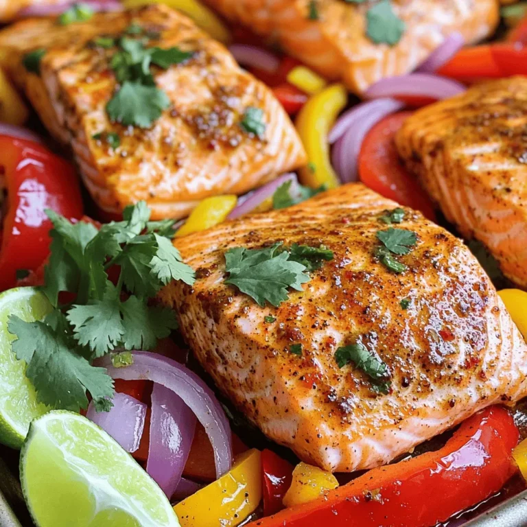 This sheet pan fajita salmon dish is both vibrant and easy to prepare. Here’s what you need: - 4 salmon fillets - 2 bell peppers (red and yellow), sliced - 1 red onion, sliced - 2 tablespoons olive oil - 2 teaspoons chili powder - 1 teaspoon cumin - 1 teaspoon garlic powder - 1 teaspoon smoked paprika - Salt and pepper to taste - Fresh cilantro, for garnish - 1 lime, cut into wedges These ingredients combine to make a zesty, colorful meal. The salmon provides healthy fats, while the bell peppers and onion add crunch and sweetness. The spices infuse a rich flavor. You can easily find these ingredients at your local grocery store. Feel free to customize the colors of the peppers or add your favorite veggies. The lime and cilantro bring freshness and brightness to the dish. This recipe makes a great meal for any day of the week! 1. First, preheat your oven to 400°F (200°C). This step gets everything ready for cooking. 2. Next, line a large sheet pan with parchment paper. This helps with easy cleanup later. 3. In a small bowl, whisk together 2 tablespoons of olive oil, 2 teaspoons of chili powder, 1 teaspoon of cumin, 1 teaspoon of garlic powder, 1 teaspoon of smoked paprika, salt, and pepper. This mix will be your marinade. 4. Place 4 salmon fillets on one side of the sheet pan. Brush the tops with half of your marinade. Make sure they are well coated. 1. In a separate bowl, combine 2 sliced bell peppers and 1 sliced red onion. 2. Drizzle the remaining marinade over the vegetables. Toss them until they are fully coated. 3. Spread the marinated veggies evenly on the other side of the sheet pan. Keep some space between the salmon and the veggies. 1. Bake the salmon and vegetables in the preheated oven for 12-15 minutes. The salmon should flake easily with a fork, and the veggies should be tender. 2. Once done, remove the sheet pan from the oven. Let everything rest for a couple of minutes. This helps the flavors settle. To check if your salmon is done, use a fork. Gently press it into the thickest part. If it flakes easily, it's ready. Look for a light pink color, not raw or dark. The ideal cooking time for salmon is between 12 to 15 minutes at 400°F. Each oven varies, so keep an eye on it. Adding spices can boost the flavor of your salmon. Try using chili powder, cumin, and smoked paprika, as in this recipe. You can also add a pinch of cayenne for heat. Fresh herbs can elevate the dish, too. I love garnishing with cilantro. It adds color and freshness. Pair your salmon with side dishes that complement its taste. Rice or quinoa works well and soaks up flavors. Steamed broccoli or a simple salad adds a nice crunch. For sauces, consider a zesty lime dressing or a creamy avocado sauce. These choices bring out the best in your meal. {{image_2}} You can swap out salmon for other proteins. Chicken breast works well and cooks nicely. Tofu is a great plant-based option too. For the veggies, try zucchini or asparagus. Broccoli or corn can add new flavors. Feel free to mix and match based on what you have. Want a milder dish? Skip the chili powder or use less. You can add a pinch of smoked paprika for flavor without heat. For spice lovers, add jalapeños or more chili powder. Experiment to find the right heat for your taste. You can make this dish in an air fryer. Preheat it to 400°F (200°C). Place the salmon and veggies in the basket. Cook for about 10 minutes or until done. For grilling, marinate as usual. Heat your grill and place the salmon on it. Grill for 6-8 minutes. Both methods give you a tasty meal! To keep leftover fajita salmon fresh, place it in an airtight container. Store it in the fridge for up to three days. Make sure the salmon and veggies cool down before sealing. This helps keep the flavors intact. To reheat, I recommend using the oven. Preheat it to 350°F (175°C). Place the salmon and veggies on a baking sheet. Heat for about 10 minutes. This method helps avoid a dry dish. You can also use a microwave, but cover it with a damp paper towel. This keeps the moisture in. You can freeze fajita salmon for up to three months. Wrap each piece tightly in plastic wrap. Then, place them in a freezer bag. To defrost, move the salmon to the fridge overnight. This method ensures even thawing. Avoid refreezing once it’s thawed, as it affects texture. Bake salmon for 12 to 15 minutes at 400°F (200°C). The fish should flake easily with a fork when done. Cooking times may vary based on the thickness of the fillets. Always check for doneness to avoid overcooking. Yes, you can use frozen salmon. Just bake it for an extra 5 to 7 minutes. There’s no need to thaw it first. The extra time helps ensure it cooks through nicely. Always check the center for doneness before serving. You can use canola oil, avocado oil, or grapeseed oil. These oils have a high smoke point and mild flavor. They work well in marinades and help the spices stick. If you want a different taste, try using coconut oil for a hint of sweetness. This blog post covered everything you need to make a delicious salmon dish. You learned the key ingredients, step-by-step cooking instructions, and helpful tips. Remember to play with flavors by choosing different spices and vegetables. Don't hesitate to swap ingredients based on what you have. Proper storage and reheating will keep your meals fresh. Enjoy your cooking adventures!