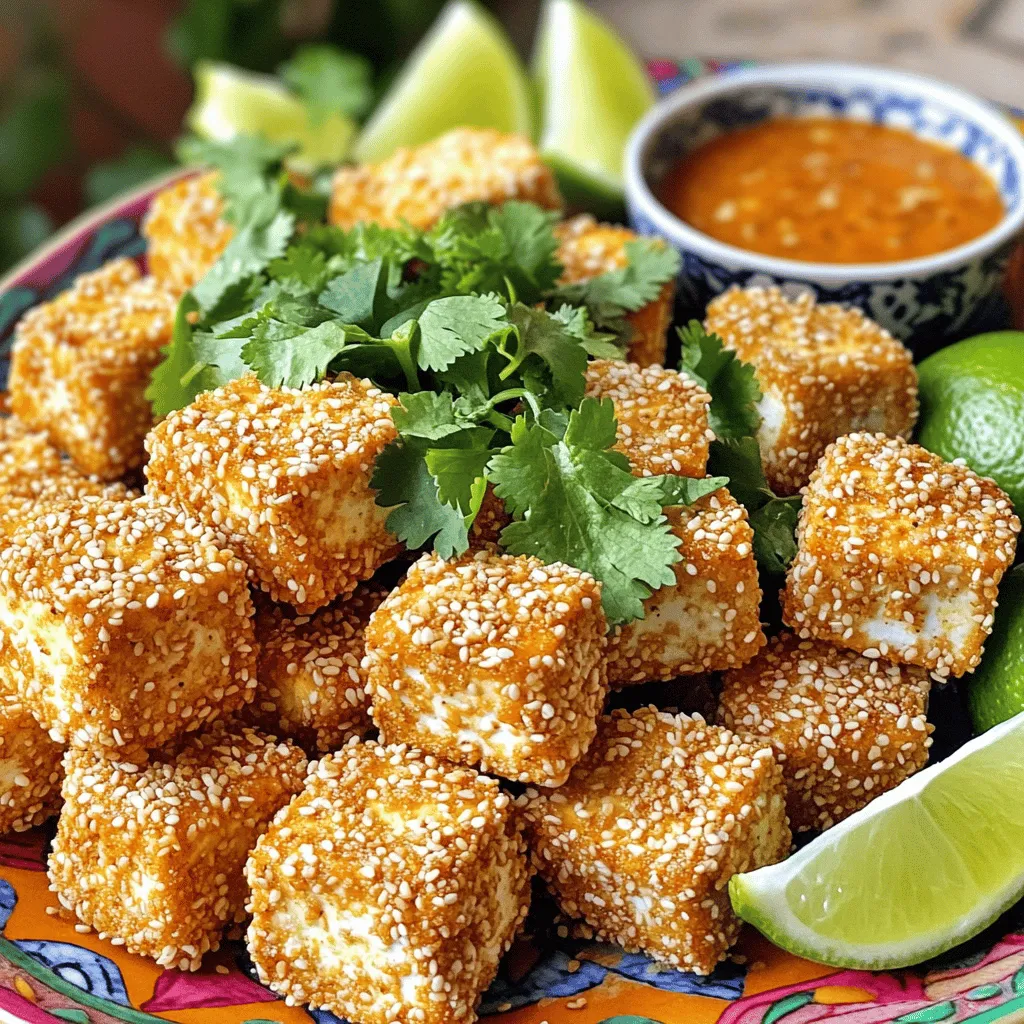 - Firm tofu (14 oz block) - Soy sauce (or tamari for gluten-free) - Sesame oil - Maple syrup or honey - Cornstarch - Sesame seeds (white or mixed) - Garlic powder - Onion powder - Ground black pepper - Fresh cilantro, chopped - Lime wedges To make air fryer sesame tofu bites, you need some key ingredients. Start with a block of firm tofu. This helps keep its shape when cooking. Next, grab soy sauce or tamari if you want a gluten-free option. Sesame oil adds a tasty touch, while maple syrup or honey gives a hint of sweetness. For coating, gather cornstarch, sesame seeds, garlic powder, onion powder, and ground black pepper. These will create a crispy outer layer that adds flavor and crunch. Finally, fresh cilantro and lime wedges make great garnishes. They add color and freshness to your dish. With these ingredients, you can create a snack that is both crispy and full of flavor. First, you need to press the tofu. Wrap the block in a clean towel. Place something heavy on top for about 15 minutes. This step helps to remove extra moisture. Once pressed, cut the tofu into bite-sized cubes. Aim for pieces that are about one inch each. This size helps them cook evenly. Next, let's make the marinade. In a bowl, whisk together the soy sauce, sesame oil, maple syrup, and rice vinegar. Mix until everything blends well. This mixture adds a nice flavor to your tofu. Now, it’s time to marinate the tofu. Place the cubed tofu into the bowl with the marinade. Gently toss to coat each piece. Let the tofu marinate for at least 15 minutes. This allows the tofu to absorb all those tasty flavors. In another bowl, mix the cornstarch, sesame seeds, garlic powder, onion powder, and black pepper. Combine these dry ingredients well. Take the marinated tofu and toss it in this mix. Make sure each piece is fully coated. This coating gives the tofu a crispy texture when cooked. Preheat your air fryer to 375°F (190°C). Once it’s hot, place the coated tofu bites in a single layer. Ensure they are not overcrowded for even cooking. Air fry for 12-15 minutes. Shake the basket halfway through to help them cook evenly. They should turn golden brown and crispy. After cooking, transfer the tofu bites to a serving plate. Garnish with chopped cilantro for a fresh touch. Serve with lime wedges for a zesty kick. You can also add a small bowl of soy sauce or sweet chili sauce for dipping. Enjoy these tasty bites as a snack or appetizer! To get that crunchy texture, follow a few key air fryer techniques. First, make sure to preheat your air fryer to 375°F (190°C). This helps the tofu cook evenly. When you place the tofu in the basket, do it in a single layer. Avoid overcrowding the basket. If you put too many pieces together, they will steam instead of crisp up. Want to boost the flavor? You can try different marinades. Swap soy sauce for teriyaki or add ginger for a zing. For dipping sauces, consider sweet chili sauce or a sesame soy blend. Both pair well with the tofu bites and add more taste. If you want to prep in advance, marination is key. You can marinate the tofu cubes the night before. Just store them in the fridge in a sealed container. This allows the flavors to soak in deeply and makes cooking even easier when you’re ready to fry. {{image_2}} You can easily change some ingredients to fit your diet. For a gluten-free option, use tamari instead of soy sauce. It gives you the same salty flavor without the gluten. If you want a sweetener that is vegan, try agave syrup instead of honey. Both options keep the dish tasty. Air fryer sesame tofu bites are very versatile. You can serve them over rice for a filling meal. A salad is another great choice, adding fresh crunch to each bite. These tofu bites also work perfectly as appetizers. Guests love to snack on them during parties. If you like heat, add chili flakes to the coating. This simple change gives a nice kick to the bites. You can also swap in different seasonings, like smoked paprika or cumin, for new flavors. Experimenting is fun and can lead to great tasting snacks! To store your leftover Air Fryer Sesame Tofu Bites, let them cool first. Place them in an airtight container. This keeps them fresh and prevents them from getting soggy. Store them in the fridge for up to three days. After that, the tofu may lose its crispiness and flavor. To keep the tofu crispy when reheating, the air fryer is your best friend. Preheat the air fryer to 375°F (190°C). Place the leftover tofu bites in a single layer and heat for about 5 to 7 minutes. This method revives their crunch and great taste. If you use the microwave, the tofu may turn soft. It’s not the best option for crispy tofu. If you choose this method, heat it for 30 seconds at a time to avoid overcooking. To make air fryer tofu crispy, start with pressing the tofu. This removes extra moisture. Cut the tofu into bite-sized cubes. Marinate them in a mix of soy sauce, sesame oil, maple syrup, and rice vinegar. Let it soak for at least 15 minutes. This step adds flavor and helps with texture. Next, coat the tofu cubes in a mix of cornstarch and spices. The cornstarch creates a crunchy layer. Air fry them at 375°F for 12-15 minutes. Shake the basket halfway through for even cooking. You can use different types of tofu, but firm or extra firm tofu works best. Firm tofu has enough structure to hold its shape. Extra firm tofu is even denser and offers a chewier bite. Soft or silken tofu may not work well, as they can break apart easily. Choose the right type to match the texture you want. Tofu is done when it turns golden brown and crispy. You should see a nice crunch on the outside. If you gently press the tofu, it should feel firm but not hard. You can also check if the edges look slightly crispy. If it meets these signs, your tofu bites are ready to enjoy. Air fryer sesame tofu bites pair well with many side dishes. You can serve them over rice or quinoa for a complete meal. A fresh salad adds a nice crunch and balance. For dipping, consider soy sauce or sweet chili sauce. Fresh lime wedges bring a zesty kick. This combo enhances the flavors and makes your meal exciting. This blog covered making delicious air fryer sesame tofu bites. You learned the main ingredients, coating techniques, and marinating steps. We discussed tips for crispiness and flavor options, plus how to store and reheat leftovers. My final thoughts? Enjoy experimenting with variations for your taste. This dish is versatile, healthy, and a fun way to enjoy tofu. With practice and creativity, you'll impress yourself and others. Happy cooking!