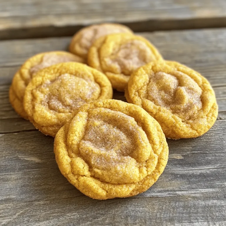 To make these tasty cookies, you will need the following: - 1 cup unsalted butter, softened - 1 cup granulated sugar - 1/2 cup brown sugar, packed - 1 cup pumpkin puree - 2 large eggs - 2 teaspoons vanilla extract - 3 1/2 cups all-purpose flour - 1 teaspoon baking soda - 1 teaspoon cream of tartar - 1 teaspoon pumpkin pie spice - 1/2 teaspoon ground cinnamon - 1/4 teaspoon salt - 1/4 cup granulated sugar (for rolling) - 1 tablespoon pumpkin pie spice (for rolling) Each ingredient plays a key role. The butter adds creaminess, while the sugars create sweetness. Pumpkin puree brings moisture and flavor, making these cookies soft and chewy. You can switch things up if you need to. Here are some ideas: - Use coconut oil instead of butter. It adds a light coconut flavor. - Swap granulated sugar for coconut sugar. This gives a deeper, caramel taste. - For eggs, you can use flax eggs. Mix 1 tablespoon of ground flaxseed with 2.5 tablespoons of water to replace one egg. This works well for binding. These swaps can change the taste and texture, so try them to see what you like best. Want to get creative? Add-ins can make your cookies even better. Here are some ideas: - Chocolate chips for a rich, sweet touch. - Chopped nuts, like pecans or walnuts, for crunch. - Dried cranberries for a tart burst. Feel free to experiment! These extras give your cookies a unique twist and can surprise your friends and family. To make your Pumpkin Spice Snickerdoodle Cookies, gather these tools: - Mixing bowls - Whisk - Measuring cups and spoons - Baking sheets - Parchment paper - Cookie scoop or tablespoon - Cooling rack Having these items ready makes baking smooth and fun. You will need a reliable oven that heats evenly, too. 1. Preheat your oven: Set it to 350°F (175°C). This step is key for even baking. 2. Prepare your baking sheets: Line them with parchment paper to prevent sticking. 3. Cream the butter and sugars: In a large bowl, mix the softened butter, granulated sugar, and brown sugar until fluffy. This should take about 2-3 minutes. 4. Add wet ingredients: Stir in pumpkin puree, eggs, and vanilla. Mix well until everything is smooth. 5. Combine dry ingredients: In another bowl, whisk flour, baking soda, cream of tartar, pumpkin pie spice, ground cinnamon, and salt. 6. Mix wet and dry: Gradually add the dry mix to the wet mix. Stir gently until just combined. Avoid over-mixing to keep your cookies soft. 7. Prepare sugar mixture: In a small bowl, mix the 1/4 cup sugar and 1 tablespoon pumpkin pie spice. 8. Shape the cookies: Use a tablespoon to scoop dough. Roll each scoop in the sugar mixture until coated. 9. Place on baking sheets: Space the rolled dough about 2 inches apart. 10. Flatten lightly: Use the bottom of a glass or your hand to press each ball down slightly. 11. Bake: Put the trays in the oven for 10-12 minutes. The edges should be lightly golden, and the centers may look underbaked. This is fine! They will firm up as they cool. 12. Cool the cookies: Let them sit on the baking sheet for 5 minutes. Then, transfer them to a wire rack to cool completely. Following these steps will help you make perfect cookies every time. Enjoy the wonderful smell as they bake! Baking times may vary based on your oven. Check your cookies at the 10-minute mark. If the edges are golden and the centers are puffy, they are ready. Remember, cookies continue to bake a bit after you take them out. This helps them stay soft and chewy. A thermometer can help ensure your oven is at the right temperature. If your cookies burn, your oven might be too hot. Adjust the heat as needed for future batches. To make your cookies soft and chewy, you must cream the butter and sugars well. Mix them until they are light and fluffy. This step adds air to the dough. The pumpkin puree keeps the cookies moist. Do not over-mix when you combine the wet and dry ingredients. Mix just until you see no flour. If your cookies spread too much, check your butter. It should be soft, not melted. Also, chill the dough for 30 minutes before baking. This helps the cookies keep their shape. If they are too dry, you may have added too much flour. Use a light hand when measuring flour. Always spoon flour into the measuring cup and level it off. To boost the flavor of your cookies, try adding a pinch of nutmeg or ginger. These spices work well with pumpkin. You can also swap out some granulated sugar for brown sugar. This change adds depth and a slight caramel flavor. If you like extra sweetness, consider adding a few chocolate chips or chopped nuts. {{image_2}} To make gluten-free pumpkin spice snickerdoodles, swap all-purpose flour with a gluten-free blend. Look for a blend that has xanthan gum. This gum helps mimic the texture of wheat flour. The cookies will still be soft and chewy. For a vegan version, replace the butter with coconut oil or vegan butter. Use flax eggs instead of regular eggs. To make a flax egg, mix one tablespoon of ground flaxseed with three tablespoons of water. Let it sit for five minutes until it thickens. The cookies will be just as tasty and soft. If you want to add extra flavor, mix in chocolate chips or chopped nuts. Dark chocolate chips add a rich taste. Walnuts or pecans give a nice crunch. Just fold these ingredients into the dough before rolling. These twists make the cookies even more exciting! To keep your Pumpkin Spice Snickerdoodle Cookies fresh, store them in an airtight container. This helps keep them soft and tasty. You can also add a slice of bread to the container. The bread will help absorb moisture and keep cookies fresh longer. Make sure to store them at room temperature. Do not refrigerate unless you want them to dry out. Freezing is a great way to save cookies for later. Let the cookies cool completely before freezing. Place them in a single layer on a baking sheet. Freeze for about 1-2 hours until firm. Then, transfer the cookies to a freezer bag or container. Label the bag with the date. They will stay good for up to three months. When you're ready to eat them, just thaw at room temperature. To refresh your cookies, you can reheat them. Preheat your oven to 350°F (175°C). Place the cookies on a baking sheet. Heat them for about 5 minutes. This will make them warm and soft again. If you want to microwave them, heat for just 10-15 seconds. Be careful not to overheat, or they may get tough. Enjoy your cookies as if they just came out of the oven! You can tell when the cookies are done by looking at the edges. The edges should be lightly golden, while the center may seem a bit soft. This is normal. The cookies will firm up as they cool. Set a timer for 10 to 12 minutes to start. Keep an eye on them as they bake. Every oven is a bit different, so check a minute or two early. Yes, you can make the dough ahead of time. Just wrap it tightly in plastic wrap or store it in an airtight container. Refrigerate the dough for up to 2 days. When you are ready to bake, let the dough sit at room temperature for about 15 minutes. This helps it soften a bit before rolling it out. If you don’t have pumpkin puree, you can use applesauce. It gives a nice flavor and keeps the cookies moist. Another option is butternut squash puree. It has a similar texture and taste. Both will work well in this recipe. Just use the same amount as the pumpkin puree. These pumpkin spice snickerdoodle cookies combine warm flavors and easy steps. We explored the key ingredients, substitutions, and ways to boost flavor. You learned how to prep your kitchen, bake perfectly, and troubleshoot common problems. We also looked at tasty variations and smart storage tips to keep cookies fresh. In the end, making these cookies adds joy to any season. Now, you have everything to create a delightful treat. Enjoy each flavorful bite and share them with friends.