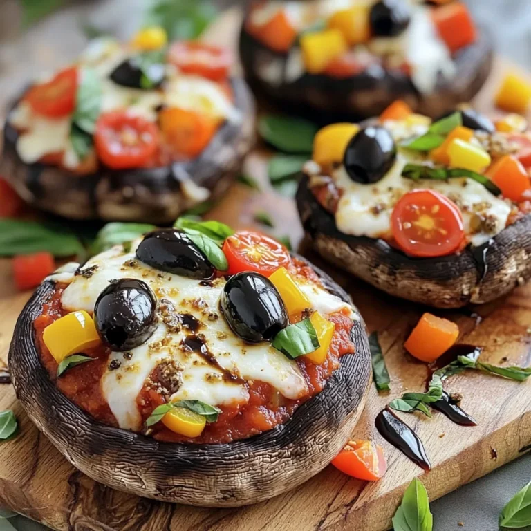 To make Air Fryer Stuffed Portobello Pizzas, you need a few key ingredients. Each one adds a unique taste. Here’s what you’ll need: - Portobello mushrooms: Four large ones, with the stems removed. They hold the toppings well. - Marinara sauce: One cup of your favorite sauce. It brings great flavor. - Cheese and Toppings: One cup of shredded mozzarella cheese, plus cherry tomatoes, black olives, and bell pepper. - Seasonings: You’ll need fresh basil, Italian seasoning, salt, and pepper for added taste. These ingredients combine to create a delicious meal. Each bite is a burst of flavor. Choose fresh ingredients for the best taste. First, preheat your air fryer to 375°F (190°C). This step is key for even cooking. While it heats up, let’s prepare the mushrooms. Take four large portobello mushrooms and remove the stems. This makes space for all the tasty toppings. Lightly spray the mushrooms with olive oil on both sides. Season them with salt and pepper to enhance their flavor. Now, it’s time to fill the mushrooms. Place the mushrooms cap side up in the air fryer basket. Spoon marinara sauce generously into each mushroom cap. You want to fill them well to get that rich flavor. Next, sprinkle shredded mozzarella cheese evenly across all the mushrooms. Now, let’s add some colorful toppings. Distribute halved cherry tomatoes, sliced black olives, and diced bell pepper on top of the cheese. These toppings add great taste and texture. Finish with a sprinkle of Italian seasoning and fresh basil. This adds a nice aromatic touch. It’s time to air fry! Cook the stuffed portobello pizzas for 10 to 12 minutes. Look for the cheese to be bubbly and golden. This means they are ready to eat. After cooking, remove them from the air fryer and let cool for a couple of minutes. This short wait makes them easier to handle. Enjoy your tasty stuffed pizzas! To ensure even cooking, place the mushrooms cap side up. This helps the heat reach all parts. Give each mushroom some space in the air fryer. If they touch, they may not cook well. Adjusting cooking times is key. Each air fryer is different. Start with 10 minutes, then check for doneness. If the cheese isn’t bubbly and golden, add a minute or two. For serving, use a wooden board or colorful plate. This makes the dish pop. Lay the stuffed mushrooms in a neat row. Garnish with extra basil leaves for a fresh look. You can also drizzle balsamic glaze on top. This adds flavor and makes the dish more appealing. {{image_2}} You can change up the cheese in your stuffed portobello pizzas. Try using goat cheese or feta for a tangy twist. These cheeses melt well and add a unique flavor. You can also use dairy-free cheese if you want a vegan option. Next, think about different veggies. Instead of black olives, you might like spinach or artichokes. You can even add some cooked sausage or pepperoni for meat lovers. Feel free to mix in any favorite toppings, like mushrooms or zucchini. For vegan modifications, swap the mozzarella for a plant-based cheese. You can also use a blend of nuts and nutritional yeast for a creamy taste. Just make sure to check the marinara sauce for any hidden dairy. If you need a gluten-free option, use a gluten-free marinara sauce. Most sauces are naturally gluten-free, but always read the label. The portobello mushrooms serve as a great base, so you don’t miss the crust at all. To keep your stuffed portobello pizzas fresh, store them in the fridge. Place them in an airtight container. They last about 3 to 4 days. If you want to save them longer, you can freeze them. Wrap each pizza in plastic wrap and then place them in a freezer bag. They will stay good for about 2 to 3 months in the freezer. When it's time to enjoy your leftovers, reheating is key. For the best results, use the air fryer again. Preheat it to 350°F (175°C). Place the stuffed pizzas in the basket and heat for about 5 to 7 minutes. This will make the cheese melty and the mushrooms warm. You can also use a microwave, but the air fryer gives a better texture. Make sure to check that they are heated through before serving. Can I use other types of mushrooms? Yes, you can use other mushrooms. Shiitake or button mushrooms work well too. Just make sure they are large enough to hold toppings. Each type will give a unique flavor. Experiment with what you like! How do I know when the pizzas are done? The pizzas are done when the cheese is bubbly and golden. You can also check if the mushrooms are tender. This takes about 10-12 minutes in the air fryer. Keep an eye on them to avoid overcooking. What can I serve with stuffed portobello pizzas? These pizzas pair well with a simple salad or garlic bread. A fresh green salad adds crunch and nutrition. For a side, try some roasted veggies. They complement the flavors nicely and make a complete meal. You learned about making stuffed portobello pizzas from start to finish. We covered the key ingredients, detailed steps, and helpful tips for cooking and presenting. You discovered fun variations to adapt the recipe for your needs. Don’t forget to store leftovers properly and reheat them for the best taste. Enjoy this delicious dish and share your tasty creations!