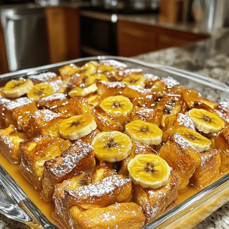 - 6 slices of stale brioche or challah bread, cut into cubes - 3 ripe bananas, sliced - 4 large eggs - 1 cup milk - 1/2 cup heavy cream - 1/4 cup maple syrup - 1 teaspoon vanilla extract - 1 teaspoon ground cinnamon - 1/4 teaspoon nutmeg - Pinch of salt - 2 tablespoons unsalted butter - Powdered sugar for dusting (optional) The ingredients for Caramelized Banana French Toast Bake are simple yet flavorful. Stale brioche or challah bread works best. This bread soaks up the custard mix well. Using ripe bananas gives a sweet taste that shines in each bite. You’ll need four large eggs to create a rich custard. Milk and heavy cream add creaminess, making each piece soft. Maple syrup and vanilla extract provide the perfect sweetness. Ground cinnamon and nutmeg add warmth and spice. A pinch of salt enhances all these flavors. Don't forget the unsalted butter! It helps caramelize the bananas, making them golden and sweet. Finally, powdered sugar is optional for a lovely finish. You can dust it on top before serving for a touch of sweetness. Each ingredient plays a key role in creating this delicious dish. 1. First, preheat your oven to 350°F (175°C). This helps cook the bake evenly. 2. Next, grease a 9x13-inch baking dish with a little butter. This keeps the dish from sticking. 3. Spread the bread cubes evenly in the dish. Make sure they fill the bottom well. 4. Now, let’s caramelize the bananas. In a skillet, melt 2 tablespoons of butter over medium heat. 5. Add the sliced bananas to the skillet. Cook for about 3-4 minutes until they start to caramelize. Stir gently to avoid burning. Remove from heat and set aside. 1. In a large mixing bowl, whisk together the eggs, milk, heavy cream, maple syrup, vanilla extract, and spices. 2. Make sure the mixture is fully combined. This is the custard for soaking the bread. 3. Pour the egg mixture over the bread cubes in the baking dish. Press down gently to soak all the bread. 4. Evenly distribute the caramelized bananas on top of the bread mixture. This adds a sweet layer. 1. Cover the baking dish with aluminum foil. This keeps moisture in while it bakes. 2. Bake for 25 minutes. This helps set the custard. 3. After 25 minutes, remove the foil. Bake for an additional 15-20 minutes until the top is golden brown. 4. Check if the custard is set before taking it out. 5. Let it cool slightly before serving. Dust with powdered sugar if you like. - Cooking time and temperature considerations: Use medium heat when cooking bananas. This allows them to caramelize without burning. Cook for 3-4 minutes until golden. - Ensuring even caramelization: Stir bananas gently while cooking. This helps them brown evenly. If some pieces cook faster, they may burn. - Ideal garnishes and accompaniments: Top your bake with extra banana slices and a drizzle of maple syrup. A sprinkle of cinnamon adds warmth. - Serving warm vs. chilled: Serve warm for the best taste. Chilled French toast bake can lose some flavor and texture. - Tips for custard consistency: Whisk eggs, milk, and cream well. This ensures a smooth custard. Let the bread soak for at least 10 minutes for the best texture. - Recommendations for bread types: Use stale brioche or challah. These breads soak up the custard well and stay soft. Avoid fresh bread, as it can become mushy. {{image_2}} You can change up the bread for this dish. Try using sourdough or whole grain bread. Both add a nice flavor. You can also swap the milk. Almond milk or oat milk works great here. If you want some crunch, add chopped walnuts or pecans. For a sweet twist, mix in chocolate chips. They melt and give a rich taste. Spices can change the taste a lot. Instead of cinnamon, try using cardamom or ginger. These spices add a warm flavor. You can also play with extracts. Swap vanilla for almond extract for a new experience. Seasonal fruits can add a fresh touch too. In fall, add apples or pears for a cozy vibe. In summer, berries add brightness and color. For a gluten-free option, use gluten-free bread. Many brands taste great and hold up well. You can make this dish dairy-free too. Use coconut cream instead of heavy cream. Swap regular milk for a plant-based milk. These changes keep the dish creamy and delicious. Enjoy your treat without worry! Store any leftover bake in an airtight container. This will keep it fresh. It stays good in the fridge for up to three days. To freeze portions, cut the bake into squares. Wrap each piece in plastic wrap. Place them in a freezer bag. This way, you can enjoy them later! For thawing, leave the squares in the fridge overnight. Reheat them in the oven or microwave. To keep the dish moist, cover it with foil while reheating. Set your oven to 350°F (175°C). Heat for about 15-20 minutes. If using a microwave, warm each piece for about 30 seconds to one minute. Enjoy the warm, gooey goodness! Yes, you can prepare this dish ahead of time. To do this, follow the steps up to soaking the bread. Cover it and store it in the fridge overnight. The next day, just bake it as usual. This saves time in the morning and keeps it fresh. I recommend using stale brioche or challah bread. These breads soak up the custard well and become soft. You can also use other thick breads, but brioche or challah give the best flavor and texture. You can tell it’s done when the top is golden brown. The custard should be set, not runny. You can insert a knife in the center. If it comes out clean, your bake is ready to serve. Yes, you can substitute eggs if needed. Use flaxseed meal or unsweetened applesauce. For each egg, mix 1 tablespoon of flaxseed meal with 2.5 tablespoons of water. Let it sit for a few minutes to thicken. This will help bind the ingredients together. This blog post gives you a full guide to making a delicious French toast bake. We covered the key ingredients, from stale brioche to ripe bananas. I shared step-by-step instructions for preparation and baking. Tips on caramelization and serving add flair to your dish. You can also explore tasty variations for everyone. Storing and reheating tips ensure you enjoy every bite later. Now, you’re ready to create a breakfast favorite that's sure to impress. Enjoy your cooking adventure!
