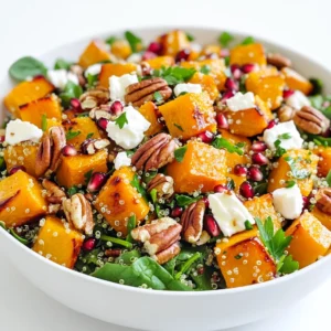 - 1 medium butternut squash, peeled and diced - 1 cup quinoa, rinsed - 2 cups vegetable broth - 1 cup baby spinach - 1/2 cup pomegranate seeds - 1/4 cup feta cheese, crumbled - 1/4 cup pecans, chopped - 2 tablespoons olive oil - 1 teaspoon ground cinnamon - Salt and pepper to taste - 2 tablespoons balsamic vinegar - Fresh parsley, chopped for garnish Each serving of this salad packs a nutritious punch. It offers protein from quinoa, healthy fats from pecans, and vitamins from butternut squash. You can expect about: - Calories: 300 - Protein: 10g - Carbohydrates: 40g - Fiber: 6g - Fat: 12g This blend makes it great for energy and health. To make this salad shine, choose the best ingredients. Here are some tips: - Butternut Squash: Look for firm squash with a smooth skin. Avoid any with soft spots. - Quinoa: Buy organic quinoa if possible. Rinsing it helps reduce bitterness. - Spinach: Fresh baby spinach should be vibrant green and crisp. - Pomegranate Seeds: Look for bright red seeds. They should be juicy and plump. - Feta Cheese: Choose blocks or crumbles that are creamy and white. - Pecans: Opt for raw or lightly roasted pecans for a fresh taste. By selecting fresh ingredients, you'll enhance the flavor and nutrition of your salad. To start, I peel and dice the butternut squash into small cubes. This helps it roast evenly. In a bowl, I toss these cubes with olive oil, ground cinnamon, salt, and pepper. I make sure every piece gets coated. Next, I spread the squash on a baking sheet in a single layer. This step is key for even roasting. I then pop it into a preheated oven at 425°F (220°C) and roast for about 25 to 30 minutes. Halfway through, I stir the squash to help it caramelize. While the squash is roasting, I focus on the quinoa. I take one cup of rinsed quinoa and place it in a medium pot. I pour in two cups of vegetable broth and bring it to a boil. Once boiling, I reduce the heat to low and cover the pot. I let it simmer for about 15 minutes. When the liquid is gone, I fluff the quinoa with a fork. This gives it a nice, light texture. In a large mixing bowl, I combine the roasted butternut squash and cooked quinoa. Next, I add in one cup of baby spinach, half a cup of pomegranate seeds, and a quarter cup of crumbled feta cheese. I also include a quarter cup of chopped pecans for crunch. To dress the salad, I drizzle two tablespoons of balsamic vinegar over it. Finally, I gently toss everything together to mix the flavors. I taste and adjust the salt and pepper as needed. This salad can be served warm or at room temperature, and I like to garnish it with freshly chopped parsley before serving. To get the best roasted butternut squash, choose a medium squash. Cut it into even cubes. This helps it cook evenly. Toss the cubes with olive oil, salt, pepper, and ground cinnamon. The cinnamon adds warmth and flavor. Spread the squash on a baking sheet in one layer. Roast it at 425°F for 25 to 30 minutes. Stir halfway for even roasting. When done, the squash should be tender and slightly caramelized. If you want to switch up the quinoa, try using farro or brown rice. Both grains have a nice texture. They also add different flavors. If you need a gluten-free option, stick with quinoa. It is naturally gluten-free and healthy. You can also try red or black quinoa for added color and taste. The balsamic vinegar in the salad gives a nice tang. For a twist, try lemon juice or apple cider vinegar. You could also whisk in a bit of honey or maple syrup for sweetness. If you like creamy dressings, mix in some yogurt or avocado. These options will make the salad richer and more exciting. Experiment with different dressings to find your favorite mix! {{image_2}} You can make this salad heartier by adding protein. Grilled chicken works great. Simply slice it and mix it in. If you prefer plant-based options, try adding cubed tofu. You can marinate it in soy sauce and bake it for extra taste. Both options give you protein and make the salad more filling. Herbs and spices can change the salad’s flavor. Try adding fresh herbs like cilantro or basil for a fresh twist. You can also sprinkle in some chili flakes for heat. If you love a sweet touch, add a hint of maple syrup. These tweaks let you play with flavors and find your favorite mix. This salad is tasty both warm and cold. Serving it warm brings out the squash’s sweetness. If you want a refreshing meal, chill it in the fridge before serving. I often serve it warm in winter and cold in summer. You can also pair it with grilled meats or eat it alone as a light meal. To store leftover Roasted Butternut Squash Quinoa Salad, place it in an airtight container. Make sure the container is clean and dry. This keeps the salad fresh and prevents it from drying out. Store it in the fridge for the best results. Avoid leaving it out at room temperature for long periods. When stored properly, this salad lasts about 3 to 5 days in the fridge. The butternut squash and quinoa stay good, but the spinach may wilt over time. For the best taste and texture, eat it within the first few days. If you notice any off smells or changes in color, it’s best to toss it. To reheat your salad, use the microwave or stovetop. If using the microwave, place the salad in a bowl and cover it. Heat on low power for 1-2 minutes, stirring halfway through. This helps warm it evenly. If using the stovetop, add a splash of water or broth in a pan. Heat on low, stirring until warm. Be careful not to overheat, as this can make the quinoa mushy. Enjoy your delicious salad! Yes, you can make this salad ahead of time. Prepare the roasted butternut squash and quinoa in advance. Store them in separate containers in the fridge. When ready to eat, mix them with the fresh spinach, pomegranate seeds, and feta cheese. Drizzle with balsamic vinegar just before serving. This keeps everything fresh and tasty. This salad can be made vegan with one simple swap. Just leave out the feta cheese. All other ingredients are vegan-friendly. The butternut squash, quinoa, spinach, and pomegranate seeds all fit a vegan diet. You can also add more nuts or seeds for extra flavor and protein. This salad pairs well with several dishes. For a hearty meal, consider grilled chicken or roasted chickpeas. If you want a lighter option, serve it with a soup, like tomato basil or a veggie broth. You could also enjoy it with whole-grain bread or a wrap filled with fresh veggies. In this blog post, we covered the ingredients, preparation, and variations for a delicious Roasted Butternut Squash Quinoa Salad. We discussed tips for choosing fresh ingredients and achieving the best texture. You learned how to store leftovers and enhance flavors with different dressings and proteins. This salad is not only tasty but also gives you many options. Enjoy making this dish as a side or a meal on its own!