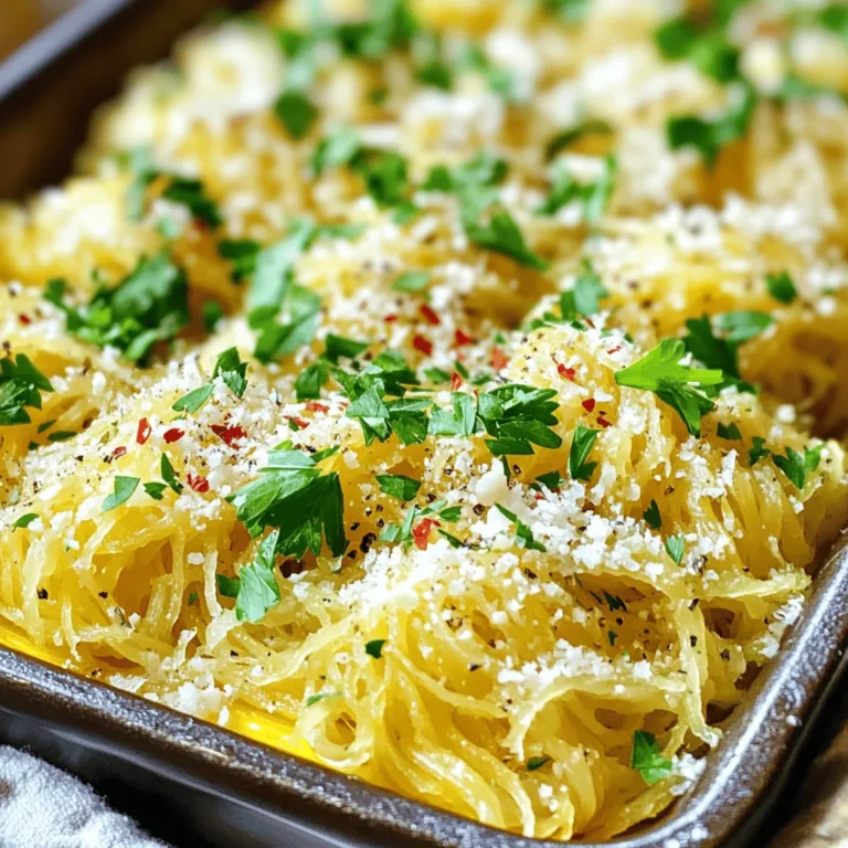To make Garlic Parmesan Spaghetti Squash, you need a few simple ingredients. Here’s what I use: - 1 medium spaghetti squash - 4 cloves garlic, minced - 1/4 cup grated Parmesan cheese - 2 tablespoons olive oil - 1 teaspoon dried Italian herbs (oregano, basil, thyme) - Salt and pepper to taste - Fresh parsley, chopped (for garnish) - Red pepper flakes (optional, for a kick) These ingredients come together to create a dish that is tasty and satisfying. The spaghetti squash serves as a healthy base, and the garlic adds a strong flavor. Parmesan cheese brings richness, while olive oil helps with cooking. Dried herbs add depth, and parsley gives a fresh touch. You can choose to add red pepper flakes for some heat, making this dish customizable to your taste. With this list, you can create a delightful and healthy meal. 1. Preheat the oven Set your oven to 400°F (200°C). This heat helps make the squash tender. 2. Cutting and cleaning the squash Carefully slice the spaghetti squash in half from top to bottom. Use a spoon to scoop out the seeds. 3. Seasoning for roasting Drizzle 1 tablespoon of olive oil inside each half. Then, sprinkle with salt and pepper for flavor. 1. Oven temperature and timing Place the squash cut-side down on a baking sheet. Roast it for 30-40 minutes. The squash is done when it feels soft. 2. Checking for doneness You can test it by poking the flesh with a fork. If it easily shreds into strands, it's ready! 1. Sautéing garlic While the squash roasts, heat the remaining tablespoon of olive oil in a skillet over medium heat. Add 4 cloves of minced garlic. Cook for 1-2 minutes until fragrant. Be careful not to burn it. 2. Combining ingredients in the skillet Once the squash is ready, remove it from the oven. Let it cool for a few minutes. Use a fork to scrape the strands into the skillet. Add 1/4 cup of grated Parmesan cheese and 1 teaspoon of dried Italian herbs. Toss everything together. Cook for another 2 minutes on low heat to warm it up. Adjust the taste with more salt and pepper if needed. To cut the spaghetti squash, use a sharp knife. Cut it in half lengthwise. This helps you scoop out the seeds easily. I like to use a spoon for this. When roasting, place the squash cut-side down. This way, it gets nice and caramelized. Roast for 30-40 minutes. Check for doneness by poking it with a fork. If it’s tender, it’s ready. To boost flavor, try adding fresh herbs like basil or thyme. You can also use fresh garlic instead of minced. Red pepper flakes add a nice kick if you like heat. For cheese, Parmesan is great, but you can also use pecorino or feta. Each cheese brings a unique taste to the dish. Serve the spaghetti squash in its shell for a fun look. It’s a great conversation starter! Garnish with fresh parsley for color. You can even sprinkle extra cheese on top. A drizzle of olive oil adds shine and flavor. Enjoy your beautiful plate! {{image_2}} You can make this dish even lower in carbs. Try using zucchini or cauliflower instead of spaghetti squash. Both options work well and provide a nice texture. If you want to cut calories, you can skip the Parmesan cheese. You can also use nutritional yeast for a cheesy flavor without the dairy. To make your meal heartier, add proteins like grilled chicken or shrimp. Both options pair well with garlic and Parmesan. You can also mix in vegetables like spinach, bell peppers, or mushrooms. These veggies add color and nutrients, making the dish more exciting. If you're short on time, you can cook the squash in a microwave or Instant Pot. For the microwave, cut the squash in half and place it cut-side down in a dish with a little water. Cook it for about 10-15 minutes. In the Instant Pot, place it on a trivet with water and cook for about 8 minutes on high pressure. Grilling the squash is another fun option. Cut it in half and brush it with olive oil. Grill it cut-side down for about 10-15 minutes. This will give your squash a nice smoky flavor. Enjoy experimenting with these variations in your kitchen! To keep your garlic Parmesan spaghetti squash fresh, store it in the fridge. Place leftovers in an airtight container. This prevents moisture loss and keeps flavors intact. They will last about three to five days. For long-term storage, freezing is a great option. Scoop out the strands and place them in freezer-safe bags. Make sure to remove as much air as possible. You can keep frozen spaghetti squash for up to three months. Just remember to label the bags with the date. When reheating, I suggest using the stove. This method helps maintain the squash's texture. Heat a pan over low to medium heat. Add a splash of olive oil to prevent sticking. Toss in the squash and warm it gently. You can also add a bit more garlic or cheese for extra flavor. Another great way is to use the microwave. Place the spaghetti squash in a microwave-safe bowl. Cover it with a damp paper towel to trap steam. Heat in short intervals, stirring in between, until warmed through. For serving leftovers, consider adding a fresh touch. A sprinkle of parsley or extra Parmesan can brighten the dish. You might even toss in some cherry tomatoes for color and flavor. Enjoy! Spaghetti squash is a type of winter squash. When cooked, its flesh turns into thin strands. These strands look like spaghetti noodles, making it a fun and healthy replacement for pasta. Health benefits Spaghetti squash is low in calories and high in fiber. It helps with digestion and keeps you full. This squash also has vitamins A and C, which are good for your skin and immune system. Nutritional information One cup of cooked spaghetti squash has about 42 calories. It also contains 10 grams of carbs and 2 grams of protein. The fiber content is around 2 grams, making it a nutritious choice. Yes, you can easily make this recipe vegan. Just swap the Parmesan cheese for plant-based cheese. Many brands offer tasty vegan cheese options that melt well. Plant-based cheese alternatives Look for options made from nuts or soy. Nutritional yeast is another great choice. It gives a cheesy flavor without dairy. Other substitutions You can use olive oil and skip the Parmesan entirely for a lighter dish. Adding more herbs or spices can also boost flavor. You can tell spaghetti squash is cooked when it is tender. The skin should be slightly soft to the touch. When you scrape the flesh with a fork, it should come apart easily. Doneness indicators A fork should easily pierce the flesh, and the strands should be tender but not mushy. If it feels hard, it needs more time. Common mistakes to avoid Don’t rush the cooking time. Under-cooking leads to tough squash. Also, avoid cutting it too small; larger pieces roast better. In this post, we explored how to prepare delicious spaghetti squash. We covered ingredients, step-by-step instructions, and helpful tips. You learned how to roast squash and make a tasty garlic Parmesan mix. We also shared variations for different tastes and needs. Remember, fresh herbs and spices can add great flavors. Whether you enjoy it fresh or as leftovers, this dish is versatile and fun. Combining these ideas will help you create a meal everyone will love. So, get cooking and enjoy!